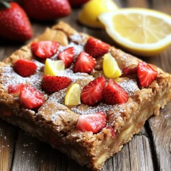 - 1 cup unsalted butter, melted - 1 cup brown sugar - 1/2 cup granulated sugar - 2 large eggs - 1 teaspoon vanilla extract - 1 1/2 cups all-purpose flour - 1/2 teaspoon baking powder - 1/4 teaspoon baking soda - 1/4 teaspoon salt - Zest of 1 lemon - 1/2 cup fresh strawberries, diced - 1/4 cup lemon juice - Powdered sugar for dusting - Fresh strawberry slices - Lemon wedges Gather these ingredients, and you are on your way to making delicious strawberry lemon blondies! The butter provides richness, while the sugars add sweetness. The eggs bind everything together. The rest of the ingredients bring in the bright flavors of lemon and strawberries. For the optional toppings, powdered sugar adds a sweet touch. Fresh strawberry slices and lemon wedges make the blondies look lovely. Using fresh strawberries is key. They give a burst of flavor and moisture. The lemon zest and juice enhance that fruity taste. This combination makes each bite refreshing and delightful. For the full recipe, check out the details above! Happy baking! 1. Preheat your oven to 350°F (175°C). 2. Grease an 8x8 inch baking pan. Line it with parchment paper. Leave some overhang for easy removal. 3. In a large bowl, mix 1 cup of melted butter with 1 cup of brown sugar and 1/2 cup of granulated sugar. Stir until smooth. 4. Add 2 large eggs and 1 teaspoon of vanilla extract. Whisk until the mixture is well blended. 1. In another bowl, sift together 1 1/2 cups of all-purpose flour, 1/2 teaspoon of baking powder, 1/4 teaspoon of baking soda, and 1/4 teaspoon of salt. 2. Gradually add the dry mix to the wet mixture. Stir gently until just mixed. Do not overmix. 1. Fold in the zest of 1 lemon, 1/2 cup of diced fresh strawberries, and 1/4 cup of lemon juice. Be gentle to keep the strawberries intact. 2. Pour the batter into the prepared pan. Spread it evenly using a spatula. 3. Bake for 25-30 minutes. Check for doneness with a toothpick. It should come out clean. 4. Let the blondies cool in the pan for 10 minutes. Lift them out using the parchment paper. Cool completely on a wire rack. 5. Slice into squares and enjoy your treats! For the best look, dust them with powdered sugar before serving. This is a great tip to make them even more tempting. For the full recipe, check the ingredients list above. To bake perfect strawberry lemon blondies, set your oven to 350°F (175°C). This temperature works well for even baking. Bake for 25-30 minutes. The edges should turn golden brown. To test for doneness, insert a toothpick in the center. If it comes out clean, your blondies are ready. Mixing well is key for great texture. When you add the dry ingredients, stir gently. Avoid overmixing; this can make your blondies tough. When folding in the lemon zest and strawberries, use a spatula. This helps keep the strawberries intact and adds a nice burst of flavor. To serve these blondies beautifully, dust them with powdered sugar. Add fresh strawberry slices on top and a lemon wedge for a pop of color. When cutting, use a sharp knife. For storage, place them in an airtight container. This keeps them fresh and ready to enjoy later. For the complete recipe, check out the Full Recipe section. {{image_2}} You can easily change the fruit you use in this recipe. Blueberries or raspberries work great. Just swap the strawberries for these fruits in the same amount. They add a new twist to the flavors. You can also add nuts like walnuts or pecans for crunch. White chocolate chips are another tasty option. They melt and create sweet pockets in each bite. If you need gluten-free blondies, use a gluten-free flour blend. This keeps the texture light and moist. For vegan options, replace the eggs with flax eggs or applesauce. You can also use vegan butter. If you want a healthier version, substitute sugars with coconut sugar or maple syrup. These options help reduce the overall sugar. You can adjust the recipe for different pan sizes. If you want thicker blondies, use a smaller pan. For thinner ones, use a larger pan. Just keep an eye on the baking time. For fun shapes, pour the batter into muffin tins. This gives you individual blondie bites. Each shape adds a unique touch and makes serving easier. For the full recipe, refer to the section above. To keep your strawberry lemon blondies fresh, store them in an airtight container. This helps to keep moisture in and air out. You can keep them at room temperature for up to three days. If you want them to last longer, place them in the fridge. They will stay fresh for about a week in the refrigerator. For long-term storage, freezing is a great option. First, let the blondies cool completely. Next, wrap them tightly in plastic wrap. Then, place the wrapped blondies in a freezer-safe container or bag. They can last up to three months in the freezer. When you’re ready to enjoy them, thaw them in the fridge overnight. For best quality, serve them at room temperature. When stored correctly, strawberry lemon blondies last up to a week in the fridge. At room temperature, they are best eaten within three days. Signs that your blondies are no longer fresh include a hard texture or an off smell. Always trust your senses; if they seem off, it’s best to toss them. For the full recipe, check the earlier sections. To check if your blondies are done, use a toothpick. Insert it into the center. If it comes out clean or with a few crumbs, your blondies are ready. If the toothpick has wet batter, bake for a few more minutes. Remember, blondies continue to cook a bit after you take them out. So, don’t leave them in too long. Yes, you can use frozen strawberries. However, they may change the texture a bit. Thaw the strawberries first and drain any excess liquid. This keeps your batter from being too wet. Frozen strawberries might also break down more during mixing, so be gentle when folding them in. Baking at high altitudes can be tricky. You may need to adjust the flour and sugar. Try adding 1 to 2 tablespoons more flour. Reduce sugar by 1 to 2 tablespoons as well. Also, increase the oven temperature by 15 to 25°F. This helps the blondies bake evenly. Keep an eye on the baking time, too. Strawberry Lemon Blondies are easy to make and fun to enjoy. You learned about key ingredients like butter, sugar, and fresh strawberries. I shared step-by-step instructions to guide you through baking. Tips for perfecting your blondies were included too. You can even modify the recipes for dietary needs or different flavors. Store them right to keep them fresh for days. Try these tips, and share your tasty results. Enjoy every bite of your delicious creations!
