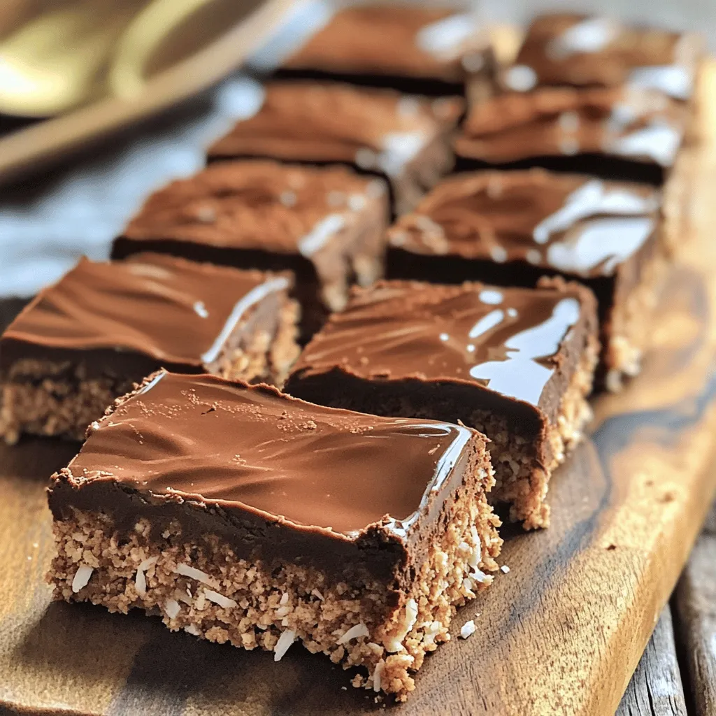 To make No-Bake Chocolate Coconut Bars, you need some simple ingredients. Here’s what you will need: - 1 cup of shredded unsweetened coconut - 1 cup of almond flour - 1/2 cup of maple syrup - 1/4 cup of coconut oil, melted - 1/2 cup of cocoa powder - 1 teaspoon of vanilla extract - A pinch of salt - 1/4 cup of dark chocolate chips (for topping) These ingredients come together to create a rich and chewy treat. If you want to swap out some ingredients, here are good options: - Use shredded sweetened coconut if you like it sweeter. - Replace almond flour with oat flour for a nut-free option. - Agave syrup can replace maple syrup for a different sweet flavor. - You can use melted butter instead of coconut oil if you prefer. - Swap dark chocolate chips for milk chocolate or white chocolate, if you wish. These substitutions still keep the bars delicious and enjoyable. Each serving of these bars is both tasty and nutritious. Here’s what you get per bar: - Calories: 150 - Total Fat: 10g - Saturated Fat: 5g - Carbohydrates: 12g - Fiber: 3g - Sugars: 6g - Protein: 3g This treat offers a good balance of healthy fats and natural sweetness. Enjoy them guilt-free! For the full recipe, check out the details above. Making these no-bake chocolate coconut bars is simple and fun. You will need about 15 minutes of prep time. Plus, they need a little time in the fridge to set. Gather your ingredients first, and let's get started! 1. Mix Dry Ingredients: In a big bowl, combine the shredded coconut, almond flour, cocoa powder, and a pinch of salt. Stir well until all dry ingredients mix evenly. 2. Combine Wet Ingredients: In another bowl, mix melted coconut oil, maple syrup, and vanilla extract. Ensure it blends well. 3. Combine Wet and Dry: Pour the wet mix into the dry mix. Stir until you have a thick, sticky dough. It should hold together nicely. 4. Prepare the Pan: Line an 8x8-inch baking pan with parchment paper. Leave some paper hanging over the sides for easy removal later. 5. Pack the Mixture: Transfer the dough into the pan. Press it down firmly with a spatula or your hands. Make sure it's tightly packed for the best texture. 6. Melt the Chocolate: In a microwave-safe bowl, melt the dark chocolate chips. Do this in 20-second intervals, stirring in between until smooth. 7. Drizzle the Chocolate: Pour the melted chocolate over the pressed coconut mixture. Use a spatula to spread it evenly across the top. 8. Refrigerate to Set: Put the pan in the fridge. Let it chill for at least 2 hours or until firm. 9. Cut and Serve: Once set, lift the bars out of the pan using the parchment paper. Cut them into squares or bars as you like. For the full recipe, you can refer to the earlier section. Enjoy making these tasty treats! When making no-bake chocolate coconut bars, avoid these common mistakes: - Not pressing the mixture firmly: If the mix isn’t packed tight, the bars may crumble. - Using too much liquid: Stick to the recipe for the best texture. - Skipping the refrigeration step: This step helps the bars firm up. To get the best results, follow these best practices: - Use fresh ingredients: Fresh coconut and high-quality cocoa will enhance the taste. - Measure precisely: Accurate measurements lead to the right texture and flavor. - Let them chill long enough: Aim for at least 2 hours in the fridge. To make your bars even more delicious, try these tips: - Add nuts: Chopped almonds or walnuts can add crunch. - Mix in spices: A pinch of cinnamon or sea salt can elevate the taste. - Swap the sweetener: Try honey or agave syrup for a different flavor. These tips will help you create tasty no-bake chocolate coconut bars that everyone will love. For the full recipe, check out the detailed instructions above! {{image_2}} You can easily change the taste of these bars. Try adding nuts or dried fruits. Chopped almonds or walnuts add crunch. Dried cherries or cranberries bring a sweet flavor. Just mix them into the dough before pressing it into the pan. You will create a unique treat every time. If you want to change the sweetness, you have options. You can use honey or agave syrup instead of maple syrup. These sweeteners work well in this recipe. For flour, you can try using coconut flour or oat flour. Just remember that coconut flour absorbs more moisture. Adjust the wet ingredients if you use it. This recipe is already vegan and gluten-free. The almond flour and coconut are naturally gluten-free. To keep it vegan, stick to plant-based sweeteners. If you want to make it nut-free, try sunflower seed flour instead of almond flour. This way, everyone can enjoy these tasty bars. For the full recipe, check out the complete guide on making No-Bake Chocolate Coconut Bars. To keep your no-bake chocolate coconut bars fresh, store them in an airtight container. I like to separate the layers with parchment paper. This helps prevent sticking. Always keep them in the fridge. This keeps the bars firm and tasty. If you want them at room temp, take them out just before serving. These bars can last up to one week in the fridge. I often find they taste even better after a day or two. The flavors meld together beautifully over time. If you notice any changes in texture or smell, it’s best to toss them. You can freeze these bars for up to three months. Just cut them into squares first. Wrap each piece tightly in plastic wrap. Then place them in a freezer bag. When you want to enjoy a bar, let it thaw in the fridge overnight. This method keeps them fresh and ready to eat. For the full recipe, check the earlier section. To make No-Bake Chocolate Coconut Bars, gather your ingredients. You need shredded coconut, almond flour, maple syrup, coconut oil, cocoa powder, vanilla extract, salt, and dark chocolate chips. Mix the dry ingredients first. Then, mix the wet ingredients. Combine both mixtures until they form a sticky dough. Press it into a lined baking pan. Melt the chocolate and drizzle it on top. Chill until firm. For the full recipe, check the instructions above. Yes, you can use any chocolate you like. Dark chocolate gives a rich taste. Milk chocolate adds sweetness. White chocolate offers a creamy texture. Each type brings its own flavor. Choose what you enjoy most. Just remember that melting times may vary. To cut the bars, first, let them chill completely. Use a sharp knife for clean edges. Run the knife under hot water before cutting. This helps the knife glide smoothly. Cut into squares or rectangles based on your preference. Enjoy the neat slices! Absolutely! No-Bake Chocolate Coconut Bars are perfect for meal prep. They last well in the fridge. You can grab a quick snack anytime. Prepare a batch on the weekend for the week ahead. They are also great for lunch boxes. Yes, you can skip the chocolate topping. The bars will still be tasty without it. You can add a dusting of cocoa powder instead. This keeps the chocolate flavor while cutting back on sugar. Feel free to customize as you like! This blog post covered how to create tasty no-bake bars. We discussed ingredients, preparation steps, and helpful tips. Each section offered practical advice for making perfect bars. Remember to explore variations for extra flavor and different diets. Store your bars properly to keep them fresh. With these tips, you can enjoy your homemade treats anytime. I hope you feel ready to try making these delicious bars yourself!