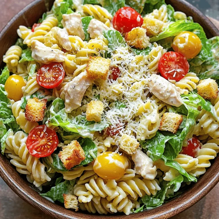 - 8 oz fusilli or rotini pasta - 2 cups cooked chicken breast, diced - 1 cup romaine lettuce, chopped - 1/2 cup cherry tomatoes, halved - 1/4 cup grated Parmesan cheese - 1/4 cup Caesar dressing (store-bought or homemade) - 1 tablespoon olive oil - 1/2 teaspoon garlic powder - Salt and pepper to taste The main ingredients make this dish shine. First, you need pasta. I love fusilli or rotini. They hold onto the dressing well. Next, use cooked chicken, diced into bite-sized pieces. This adds protein and flavor. Fresh produce is key, too. Romaine lettuce gives crunch, while cherry tomatoes add sweetness. Cheese is a must! Grated Parmesan brings a salty kick. For the dressing, you can use store-bought Caesar or make your own. A mix of olive oil, garlic powder, salt, and pepper enhances the flavor. - Croutons for added crunch - Additional cheese like feta or mozzarella Toppings are where you can get creative. Croutons add a nice crunch to each bite. If you love cheese, try adding feta or mozzarella. These toppings make your Chicken Caesar Pasta Salad even more exciting! For the full recipe, check out the detailed instructions. To start, boil a large pot of salted water. Once it boils, add 8 oz of your chosen pasta. I like fusilli or rotini for this dish. Cook until al dente, which usually takes about 8-10 minutes. Al dente means the pasta is firm but not hard. After cooking, drain the pasta in a colander. Rinse it under cold water to stop cooking. This step helps keep the pasta from getting mushy. Now, let's make the dressing. In a small bowl, combine 1/4 cup of Caesar dressing with 1 tablespoon of olive oil. Add 1/2 teaspoon of garlic powder, salt, and pepper to taste. Mix well until everything blends smoothly. If you want more flavor, taste it and adjust the seasoning. A little extra salt or pepper can make a big difference! In a large mixing bowl, add the cooled pasta. Then, toss in 2 cups of diced cooked chicken, 1 cup of chopped romaine lettuce, and 1/2 cup of halved cherry tomatoes. Sprinkle in 1/4 cup of grated Parmesan cheese. Next, pour the dressing over the salad mixture. Toss everything gently, so every bite gets coated in that tasty dressing. This will make your Chicken Caesar Pasta Salad flavorful and fun! You can switch out chicken for beef or tofu. Both options add great flavor. If you need a change, use beef strips for a heartier dish. Tofu gives a nice plant-based twist. For the dressing, you can choose store-bought or make your own. Homemade dressing often tastes better. Mix olive oil, lemon juice, and anchovy paste for a fresh flavor. Store-bought dressings save time but check for quality ingredients. Serve the Chicken Caesar Pasta Salad chilled for the best taste. Cold pasta helps the flavors blend well. If you need it faster, serve it right after mixing. Want to save time? Cook the pasta and chicken ahead of time. You can store them in the fridge for later use. Just mix in the fresh ingredients when you’re ready to serve. To boost flavor, add spices like black pepper or Italian seasoning. Fresh herbs like parsley or basil also work well. They brighten up the dish. For creaminess, try adding extra Caesar dressing or a dollop of sour cream. Cream cheese can also make the salad richer. It’s all about finding that perfect balance! For the full recipe, refer to the section above. {{image_2}} To make a vegetarian version of Chicken Caesar Pasta Salad, replace the chicken with legumes. Chickpeas or black beans work great. You can also add more veggies. Try bell peppers, cucumbers, or even roasted zucchini for extra flavor and color. These options keep the salad filling and tasty. Grilling chicken adds great flavor. For grilling, use boneless chicken breasts. Season them with salt, pepper, and a little garlic powder. Grill them until cooked through. This gives a nice smoky taste to your salad. To enhance the smoky flavor, you can add a dash of liquid smoke to your dressing. You can get creative with add-ins! Sliced avocados add creaminess, while olives give a briny kick. If you want some crunch, try adding thinly sliced radishes. When cooking for a crowd, increase your portions. Just double the ingredients to keep the balance of flavors. You can find the full recipe by checking the resources linked. Store your Chicken Caesar Pasta Salad in an airtight container. This keeps it fresh and tasty. Leftovers can last for up to three days in the fridge. Always check for any signs of spoilage before eating. If the salad smells off or looks different, it’s best to toss it. You can freeze this salad, but some ingredients may change texture. To freeze, place the salad in a freezer-safe container. Leave some space at the top for expansion. It can last for up to two months in the freezer. When you’re ready to eat, thaw it in the fridge overnight. For best results, eat it cold after thawing. If the dressing separates, give it a good stir before serving. Chicken Caesar Pasta Salad lasts about 3 to 5 days in the fridge. Store it in an airtight container for best results. If you freeze it, it can last for up to 3 months. However, the texture may change after thawing. Yes, you can make this salad ahead of time. I suggest preparing the pasta and chicken, then mixing in the dressing just before serving. This keeps the lettuce crisp and fresh. You can also cut the veggies a day in advance. Absolutely! This recipe works well for meal prep. Divide it into portions in airtight containers. When you're ready to eat, just give it a quick toss. If you heat it, do so gently to avoid mushy pasta and wilted lettuce. You can serve Chicken Caesar Pasta Salad with grilled bread or a light soup. A side of fresh fruit adds a nice touch, too. For a full meal, pair it with a protein like grilled salmon or shrimp. This Chicken Caesar Pasta Salad combines tasty ingredients, easy steps, and helpful tips. You can enjoy delicious pasta with chicken, fresh veggies, and creamy dressing. Remember, you can switch ingredients to match your taste and make it your own. Store your salad properly for freshness, and feel free to prep ahead of time. Exploring variations adds fun and flavor. With these ideas, you can make a perfect dish every time. Enjoy your cooking journey with this simple and tasty recipe!