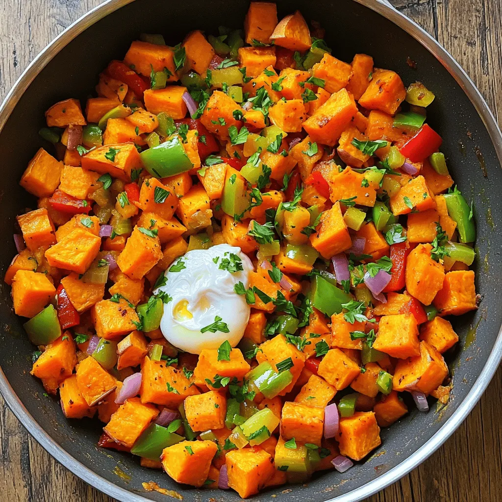 To make a tasty sweet potato hash, you need fresh, simple ingredients. Each one adds its own flavor and texture. Here’s what to gather: - 2 large sweet potatoes, peeled and diced - 1 red bell pepper, diced - 1 green bell pepper, diced - 1 small red onion, chopped - 2 cloves garlic, minced - 1 teaspoon smoked paprika - 1/2 teaspoon cumin - 2 tablespoons olive oil - Salt and pepper to taste - 4 large eggs (optional) - Fresh parsley or cilantro, chopped (for garnish) These ingredients work together to create a colorful and hearty dish. Sweet potatoes bring a natural sweetness. The bell peppers add crunch, while the onion and garlic provide a savory base. Smoked paprika gives a warm, smoky flavor, and cumin adds a hint of earthiness. If you want to make it a complete meal, adding eggs is a great choice. They bring protein and richness. Top the dish with fresh herbs for a bright finish. For the full recipe, check out the complete instructions. Start by peeling the sweet potatoes. Use a sharp peeler for smooth skin removal. Next, dice the sweet potatoes into small, even cubes. Aim for sizes around half an inch. This helps them cook evenly. If some pieces are too large, they won’t cook through. Smaller pieces get crispy and tender, adding great texture. Heat two tablespoons of olive oil in a large skillet over medium heat. Let the oil warm up for about a minute. Once hot, add the diced sweet potatoes in an even layer. Cook them for about ten minutes. Stir occasionally to avoid sticking. You want them to soften, but not mush. After the sweet potatoes soften, add in the chopped red onion and minced garlic. Stir everything together and cook for three to five minutes. You want the onion to turn clear. This adds a nice flavor base. Next, toss in the diced red and green bell peppers. Sprinkle in one teaspoon of smoked paprika and half a teaspoon of cumin. Mix well and season with salt and pepper. Cook for an additional seven to ten minutes. You want the sweet potatoes to be fully cooked and a bit crispy. If you like eggs, this is the time to add them. Make small wells in the hash and crack an egg into each well. Cover the skillet with a lid. Let the eggs cook for about four to five minutes. This will give you set whites and runny yolks. Once everything is cooked, remove the skillet from heat. Garnish with fresh parsley or cilantro for a pop of color and flavor. For the complete recipe, check out the Full Recipe section. Enjoy your hearty and colorful sweet potato hash! To make crispy sweet potatoes, start by cutting them into small, even pieces. This helps them cook faster and brown nicely. When you cook them, use enough olive oil. This keeps them from sticking and helps them crisp up. Cook on medium heat and don’t rush the process. Give them time to brown without stirring too often. If you want to add eggs to your hash, crack the eggs into small wells you make in the cooked hash. Cover the pan to help the eggs cook more evenly. This keeps the yolks runny and the whites set. It takes about 4-5 minutes for perfect eggs. To boost the flavor of your sweet potato hash, try adding spices like chili powder or garlic powder. A pinch of cayenne can add some heat if you like it spicy. You can also add a dash of vinegar for a tangy kick. Herbs can make your hash shine. Try adding fresh thyme or rosemary. Sprinkle them in just before serving. Fresh herbs brighten the dish and add great flavor. You can also use cilantro or parsley as a garnish for a fresh touch. Try these tips to make your sweet potato hash even more delightful! For more details, check the Full Recipe. {{image_2}} You can easily change the sweet potato hash to suit your taste. Try different veggies like: - Zucchini - Mushrooms - Spinach - Kale These add new flavors and colors to your meal. You can also change the protein. Instead of eggs, you can add: - Cooked sausage - Crispy bacon - Black beans for a plant-based option These swaps keep your meal fresh and exciting. If you follow a vegetarian or vegan diet, this hash can work for you. Just skip the eggs and use more veggies or beans. For a vegan option, replace the eggs with: - Tofu or tempeh - Avocado for creaminess If you need a gluten-free meal, good news! The sweet potatoes and veggies are naturally gluten-free. Just ensure that any added ingredients, like sausage, are also gluten-free. These variations let you customize your sweet potato hash. You can find the full recipe for more guidance. Enjoy your cooking! To keep your sweet potato hash fresh, use an airtight container. Place the cooled hash inside and seal it tightly. Store it in the fridge for up to four days. If you want to keep it longer, consider freezing it. Just make sure to use a freezer-safe container. Frozen sweet potato hash can last up to three months. When you're ready to enjoy leftovers, you can reheat in a few ways. The best method is to use a skillet. Heat a little olive oil over medium heat. Add the hash and stir it often, cooking until it's warm. This helps keep the hash nice and crispy. You can also use a microwave. Just place the hash in a microwave-safe bowl. Cover it and heat for one to two minutes. Stir halfway through to ensure even heating. Enjoy your meal again! For the full recipe, check out the details above. You can store sweet potato hash in the fridge for up to four days. Make sure to place it in an airtight container. This keeps it fresh and ready for your next meal. If you’re like me, you'll enjoy it again for breakfast or lunch. Just reheat it in a skillet for the best taste. Yes, you can freeze sweet potato hash. To do this, let it cool completely. Then, place it in a freezer-safe bag. Remove as much air as possible before sealing. This way, it can last for up to three months. When you want to eat it, let it thaw overnight in the fridge. Reheat it in a skillet until hot. Sweet potato hash pairs well with many things. Here are some tasty suggestions: - Eggs (fried or poached) - Avocado slices - Fresh salsa - Hot sauce for some spice - A side salad for crunch Feel free to mix and match to find your perfect meal! You can find the full recipe for sweet potato hash [Full Recipe]. This blog post covered how to make a tasty sweet potato hash. We listed key ingredients, shared easy steps to prepare and cook, and included handy tips. You learned ways to swap ingredients and make the dish fit your diet. Storing and reheating leftovers is simple too. Now, you can enjoy a delicious meal that's healthy and fun to make. Give it a try and share it with friends!