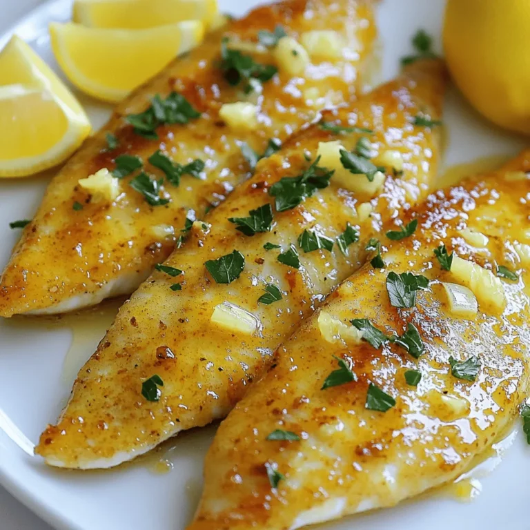 To make this dish, you need fresh and simple ingredients. Here’s what you will need: - 4 tilapia fillets - 3 tablespoons olive oil - 4 cloves garlic, minced - 1 teaspoon lemon zest - 2 tablespoons fresh lemon juice - 1 teaspoon dried oregano - Salt and pepper to taste - Fresh parsley, chopped (for garnish) - Lemon wedges (for serving) These ingredients bring bright flavors and health benefits. Tilapia is mild and easy to cook. Garlic adds a nice kick, and lemon brightens everything up. For this recipe, gather a few key tools: - Baking dish - Small mixing bowl - Whisk or fork - Measuring spoons - Paper towels These supplies help you prepare and cook the fish smoothly. A baking dish is great for even cooking. A small bowl makes mixing easy. You can make your plate look fancy with some garnish. Consider these options: - Extra lemon wedges - Sliced avocado - Steamed vegetables - Rice or quinoa These options add color and texture. They also make your meal more filling. Try mixing and matching for a fun twist! For the full recipe, check out the details above. First, preheat your oven to 400°F (200°C). This step is important for even cooking. While the oven warms up, take a baking dish and lightly grease it with olive oil. This helps prevent the fish from sticking. Now, let’s make the lemon garlic marinade. In a small bowl, mix together the olive oil, minced garlic, lemon zest, lemon juice, and oregano. Stir well to combine everything. This zesty mix adds flavor and keeps the fish moist. Next, pat the tilapia fillets dry with a paper towel. Place them in your prepared baking dish. Pour the marinade evenly over the fish, making sure each piece gets coated. Season with salt and pepper to taste. Bake in the oven for 12-15 minutes. The fish is done when it flakes easily with a fork. Once cooked, remove from the oven. Let it sit for a minute. Garnish with chopped parsley and serve with lemon wedges. This dish is best enjoyed fresh! For the full recipe, check out the details above. When choosing tilapia, look for bright, clear eyes. The skin should be shiny and moist. Fresh fish smells like the sea, not fishy. If it's fillets, check for a firm texture. Avoid any that have browning or discoloration. Marinating tilapia boosts its taste. I recommend at least 15 minutes in the lemon garlic mix. Fresh herbs like parsley or dill add a nice touch. You can also try a sprinkle of paprika for a hint of spice. A drizzle of olive oil before serving brings out more flavors. To cook tilapia perfectly, bake it at 400°F (200°C). This ensures the fish cooks through without drying out. Bake for 12-15 minutes. It should flake easily when done. If using a fork, it should break apart gently. Always let it rest a minute before serving. This helps keep it moist. {{image_2}} To make your dish spicy, add some heat. Use red pepper flakes or cayenne pepper. Start with a half teaspoon. Mix it into the marinade. This will give your tilapia a nice kick. If you love spice, adjust it to your taste. You can also try a spicy hot sauce for extra flavor. It will complement the lemon and garlic well. For a fresh twist, use herbs. Basil, thyme, or rosemary work great. Chop them finely and mix into the marinade. This adds depth to the flavor. You can use a mix of herbs too. Fresh herbs will brighten the dish. Try adding dill for a nice touch. It pairs well with fish and adds a lovely aroma. You can cook tilapia in two ways: baking or pan-searing. Baking is simple and hands-off. It allows the fish to cook gently. This keeps it moist and flaky. Preheat your oven to 400°F and follow the recipe. Pan-searing gives a nice golden crust. Heat olive oil in a skillet over medium-high heat. Cook the fillets for 3-4 minutes on each side. This method adds a different texture and flavor. Both methods are easy and tasty. Choose the one that fits your time and mood. For the full recipe, check out the Zesty Lemon Garlic Tilapia. Enjoy making it your own! To store leftover tilapia, let it cool first. Place the fish in an airtight container. You can keep it in the fridge for up to three days. If you want to store it longer, freeze it. Wrap the tilapia in plastic wrap, then place it in a freezer bag. Frozen tilapia can last for up to three months. When reheating tilapia, I suggest using the oven. Preheat the oven to 350°F (175°C). Place the fish on a baking sheet. Cover it with foil to keep moisture. Heat for about 10 minutes, or until warm. You can also use a microwave. Place the tilapia on a microwave-safe plate. Heat it in short bursts, checking to avoid overcooking. If you want to meal prep, cook the tilapia first. After it cools, portion it into containers. Pair it with sides like rice or veggies. Store these containers in the fridge for easy lunches. You can also freeze them for later. Just thaw before you reheat for a quick meal. For the full recipe, check out the Zesty Lemon Garlic Tilapia. Yes, you can use frozen tilapia. Just thaw it first before cooking. Place the fillets in the fridge overnight or run them under cold water for quicker thawing. Make sure to pat them dry before adding the marinade. This helps the flavors stick better. You have many tasty options! Here are some ideas to pair with your tilapia: - Steamed broccoli - Garlic mashed potatoes - Quinoa salad - Roasted asparagus - Rice pilaf These sides add color and flavor to your meal. Check the tilapia for a few signs of doneness. The fish should flake easily with a fork. It should also be opaque and lose its shiny look. If you have a food thermometer, aim for an internal temperature of 145°F (63°C). These tips ensure your tilapia is cooked just right. This blog post covered the easy steps to make Lemon Garlic Tilapia. You learned about key ingredients, supplies, and optional garnishes. Step-by-step instructions helped you get started with making the marinade and baking the fish. I shared tips for choosing fresh tilapia, enhancing flavor, and cooking it perfectly. You also discovered variations and storage tips to keep leftovers tasty. With these insights, you can confidently create a delicious meal that your family will love. Enjoy cooking this healthy dish any time!