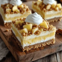 - 2 cups graham cracker crumbs - 1/2 cup unsalted butter, melted - 1/4 cup granulated sugar - 2 (8 oz) packages cream cheese, softened - 1 cup powdered sugar - 2 large eggs - 1 teaspoon vanilla extract - 3 medium apples, peeled, cored, and diced (about 3 cups) - 1 teaspoon ground cinnamon - 1/4 teaspoon nutmeg - 1 cup rolled oats - 1/2 cup brown sugar - 1/2 cup all-purpose flour - 1/2 teaspoon salt Using fresh ingredients makes a big difference. Here’s a quick guide for you. - Graham cracker crumbs: These form the base. They add crunch and sweetness. - Unsalted butter: It holds the crust together. Melt it for easy mixing. - Granulated sugar: This sweetens the crust. It balances the flavors. - Cream cheese: Use softened cream cheese for a smooth filling. It’s the star of the show! - Powdered sugar: This adds sweetness without graininess. It blends well. - Eggs: They help set the cheesecake. Use large eggs for the best results. - Vanilla extract: This adds warmth and depth to the flavor. - Apples: Choose your favorite type. They add freshness and sweetness. - Ground cinnamon and nutmeg: These spices bring warmth. They enhance the apple flavor. - Rolled oats: They give the topping a hearty texture. - Brown sugar: This adds moisture and a slight caramel taste. - All-purpose flour: It helps bind the topping. - Salt: Just a pinch elevates the other flavors. Keep these tips in mind as you gather your ingredients. You’ll be on your way to making delicious Apple Crisp Cheesecake Bars! - Preheat the oven to 350°F (175°C). - Combine graham cracker crumbs, melted butter, and sugar in a bowl. - Press the mixture firmly into the bottom of a greased 9x9 inch baking dish. - Beat the cream cheese in a large bowl until smooth. - Gradually add the powdered sugar and mix until well combined. - Incorporate the eggs one by one, mixing well after each addition. - Stir in the vanilla extract until the mixture is smooth. - Toss diced apples with cinnamon and nutmeg in a separate bowl. - Layer the apple mixture evenly over the cheesecake filling. - Mix oats, brown sugar, flour, and salt in another bowl. - Pour in the melted butter and combine until crumbly. - Sprinkle this mixture evenly over the apples. - Bake in the oven for 35-40 minutes. - Allow the dessert to cool completely at room temperature. - After cooling, refrigerate for at least 2 hours to set. - Add chopped nuts to the crisp topping. Walnuts or pecans work best. - Drizzle caramel sauce before serving. It adds a sweet touch. - Use gluten-free graham crackers for a gluten-free version. This makes it safe for gluten-sensitive friends. - Substitute apples with pears for a different flavor. Pears add a nice twist. - Serve chilled with whipped cream. It adds a light, fluffy layer. - Pair with a scoop of vanilla ice cream. The warm bars and cold ice cream create a great mix. These tips can make your Apple Crisp Cheesecake Bars even better. Get creative and enjoy the flavors! For the full recipe, see the Ingredients section. {{image_2}} To make vegan apple crisp cheesecake bars, swap cream cheese for a dairy-free option. Cream cheese made from nuts or tofu works very well. Instead of regular eggs, use flax eggs. To make a flax egg, mix one tablespoon of ground flaxseed with three tablespoons of water. Let it sit for a few minutes until it thickens. This change keeps the bars creamy and delicious without dairy. You can create mini apple crisp cheesecake bars using a muffin tin. This method gives you perfect individual servings. Just pour the crust mixture into each muffin cup, fill with cheesecake, and top with apples. Remember to adjust the baking time. Mini bars may only need 20 to 25 minutes in the oven. Keep an eye on them to avoid overcooking. Change the flavors with seasonal ingredients. In the fall, add cranberries for a festive twist. The tartness of cranberries pairs well with sweet apples. You can also use seasonal spices like pumpkin pie spice. This spice adds warmth and depth to the bars. Each variation helps you enjoy these treats throughout the year. Store your bars in an airtight container in the fridge for up to 5 days. This keeps them fresh and ready for dessert. I love to enjoy a slice straight from the fridge. The coolness makes each bite even more delightful. You can freeze the bars for up to 3 months. Just wrap them tightly in plastic wrap or foil. When you want to enjoy them, simply thaw in the refrigerator before serving. This way, you always have a tasty treat on hand! To bring back that crispiness, reheat the bars in the oven. Set it to 350°F (175°C) and warm them for a few minutes. Avoid using the microwave, as this can make them soggy. Keeping that crunchy topping is key! Yes, pears, peaches, or berries can be great substitutes. Each fruit adds its own unique flavor. For a fun twist, try mixing a few different fruits. You can play with flavors and find what you love best. Use a sharp knife and wipe it clean in between cuts for clean edges. This helps keep the bars looking nice. A warm knife can also help cut through the bars easily. Look for bubbly edges and a lightly golden top. This shows that the cheesecake is set and ready. Trust your eyes, and don’t rush the process. Yes, these bars can be made a day or two in advance. Just keep them in the fridge. This makes them perfect for parties or gatherings. You can find the full recipe for Apple Crisp Cheesecake Bars in the Ingredients section. Enjoy making these sweet treats! You now have all the tools to make delicious Apple Crisp Cheesecake Bars. Start with a tasty graham cracker crust, then layer the smooth cheesecake filling with spiced apples. Finish with a crunchy topping, and bake to perfection. Remember, you can adjust this recipe to fit your needs with easy substitutions and variations. Enjoy these bars chilled or warm, topped with whipped cream or ice cream. Share them with friends and family for a delightful treat. Happy baking!