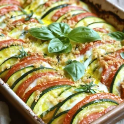 To create a delicious zucchini and tomato gratin, gather these key ingredients: - 3 medium zucchinis, thinly sliced - 3 large tomatoes, thinly sliced - 1 medium onion, finely chopped - 2 cloves garlic, minced - 1 cup grated Gruyère cheese (or your favorite cheese) - 1/2 cup breadcrumbs - 2 tablespoons olive oil - 1 teaspoon dried oregano - Salt and pepper to taste - Fresh basil leaves for garnish The main ingredients for this dish are zucchini, tomatoes, and cheese. Zucchini adds a soft texture, while tomatoes bring juicy flavor. The cheese melts beautifully, binding everything together. Onions and garlic add depth to the taste. Using fresh herbs like basil gives a nice touch and aroma. If you want to boost the flavor, consider adding: - Red pepper flakes for heat - Fresh thyme for an earthy note - Mushrooms for added texture - Spinach for extra nutrients These add-ins can change the dish and make it your own. You can play with flavors and create something special. Enjoy the process! Start by washing your zucchinis and tomatoes. Slice the zucchinis and tomatoes thinly, about a quarter-inch thick. This helps them cook evenly. Next, chop your onion finely and mince the garlic. Heat two tablespoons of olive oil in a skillet over medium heat. Add the onion and cook until it turns soft and clear, about five minutes. Then add the minced garlic and stir for one more minute. This step makes your dish more fragrant and tasty. Take a large mixing bowl and combine the sliced zucchinis and tomatoes. Add salt, pepper, and a teaspoon of dried oregano. Toss everything well to coat the veggies. Grab a greased 9x13-inch baking dish. Start with half of the zucchini and tomato mix at the bottom. Then, add half of the sautéed onion, followed by half of the grated Gruyère cheese. Repeat this layering with the rest of the veggies, onions, and cheese. For the final touch, sprinkle half a cup of breadcrumbs on top. This will give your gratin a nice crunchy finish. Preheat your oven to 375°F (190°C). Cover the baking dish with foil. Bake it in the oven for 30 minutes. After that, take off the foil and bake for an extra 15 to 20 minutes. You want the top to turn golden brown and the veggies to be soft. Once done, let it sit for a few minutes before serving. Garnish with fresh basil leaves for added flavor and color. Check the [Full Recipe] for more details on this delicious dish! To make your zucchini and tomato gratin truly special, focus on slicing. Cut the zucchini and tomatoes into even, thin slices. This helps them cook evenly. Layer the slices neatly in your dish. This not only looks pretty but also helps with cooking. The goal is to create a balance of flavors and textures. Choosing the right cheese can elevate your dish. Gruyère cheese gives a nutty flavor and melts well. If you want a stronger taste, try aged cheddar. For a creamy texture, go with mozzarella. You can even mix cheeses to create your unique flavor. Just remember to sprinkle cheese evenly over your layers. Serve your gratin hot from the oven. It pairs well with grilled chicken or fish. A crisp green salad adds a fresh touch. You can also enjoy it as a side dish for pasta. Don’t forget to drizzle some olive oil on top for extra flavor. Fresh herbs like basil or parsley can brighten it up. For the full recipe, check the earlier section. {{image_2}} You can easily make this dish even more vibrant. Add sliced bell peppers or mushrooms for extra flavor. Spinach can bring a nice green touch. You can also use roasted eggplant. These veggies blend well with zucchini and tomato. If you need a gluten-free option, use gluten-free breadcrumbs. You can also try crushed rice crackers. They add a nice crunch. Just check the labels to ensure they are truly gluten-free. Your gratin will still taste amazing and satisfying. Herbs can change your gratin from good to great. Try fresh thyme or rosemary for a bold taste. You can also add a pinch of red pepper flakes for some heat. A sprinkle of smoked paprika gives a nice depth. These small changes can create a unique flavor profile. To store leftovers, let the gratin cool first. Transfer it to an airtight container. You can also cover it tightly with plastic wrap or foil. Keep it in the fridge for up to three days. This way, you can enjoy the dish later without losing its flavor. To reheat, preheat your oven to 350°F (175°C). Place the gratin in an oven-safe dish. Cover it with foil to prevent drying out. Heat for about 20 minutes or until warm. If you want a crispy top, remove the foil for the last five minutes. You can freeze the gratin for future meals. First, let it cool completely. Cut it into portions for easy thawing. Wrap each piece tightly in plastic wrap, then place them in a freezer bag. It can stay frozen for up to three months. When you’re ready to eat, thaw it overnight in the fridge before reheating. Enjoy your Zucchini and Tomato Gratin any time! For the complete cooking process, check out the Full Recipe. You can use many cheeses instead of Gruyère. Good choices include mozzarella, cheddar, or gouda. Each cheese has a unique taste. If you prefer a stronger flavor, try aged cheddar. For a milder cheese, mozzarella works well. Feel free to mix cheeses for more depth. The key is to choose a cheese that melts well. This ensures you get that creamy texture you want in your gratin. Absolutely! This dish is great for using up vegetables. You can add bell peppers, eggplant, or even spinach. Just remember to slice them thinly. This helps them cook evenly. Mix and match your favorites for a custom dish. The flavor of the gratin will change a bit, but it will still be delicious. You can also add herbs to enhance the taste. Leftovers can last up to 3 days in the fridge. Store them in an airtight container. This keeps the gratin fresh and tasty. If you want to enjoy it later, you can freeze it. Just make sure to wrap it well. When ready to eat, reheat in the oven for the best results. This keeps the top crunchy and the veggies warm. For detailed steps, check the Full Recipe. This article has explored making a delicious zucchini and tomato gratin. We detailed the essential ingredients, step-by-step instructions, helpful tips, possible variations, and how to store leftovers. You can make this dish your own with different cheeses or add-ins. My final thought is to experiment and enjoy every bite. This recipe is not just a meal; it's a way to celebrate great flavors. Happy cooking!
