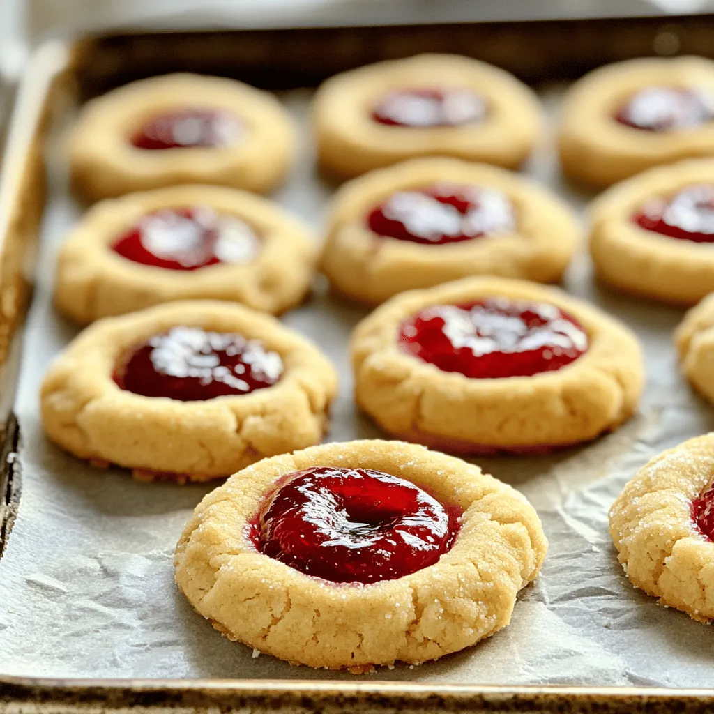 To make Cherry Pie Thumbprint Cookies, you need the following ingredients: - 2 cups all-purpose flour - 1/2 cup granulated sugar - 1/2 cup unsalted butter, softened - 1 large egg yolk - 1 teaspoon vanilla extract - 1/4 teaspoon almond extract - 1/4 teaspoon salt - 1/3 cup cherry preserves - 1/2 cup powdered sugar (for dusting) These ingredients work together to create tasty cookies with a sweet cherry center. If you need to make changes, here are some ideas: - You can use salted butter instead of unsalted. Just skip the added salt. - If you don’t have cherry preserves, try raspberry or apricot preserves for a twist. - For a gluten-free option, look for a 1:1 gluten-free flour blend. This will work well in the recipe. Feel free to explore these swaps to make the cookies your own! For the full recipe, check out the complete guide and enjoy every bite. - Preheat your oven to 350°F (175°C). Line a baking sheet with parchment paper. - In a large bowl, cream together 1/2 cup of softened butter and 1/2 cup of granulated sugar. Mix until it feels light and fluffy. This step adds air to the mix. - Next, mix in 1 large egg yolk, 1 teaspoon of vanilla extract, and 1/4 teaspoon of almond extract. Blend well until smooth. - Gradually add 2 cups of all-purpose flour and 1/4 teaspoon of salt. Stir until a dough forms. It should come together nicely without being sticky. - Scoop tablespoon-sized portions of dough. Roll them into balls in your hands. - Place the balls on the baking sheet, leaving 2 inches of space between each. - Using your thumb or a small spoon, make a well in the center of each ball. Ensure it’s deep enough to hold the cherry preserves. - Bake the cookies for 12-15 minutes. They should be golden around the edges but still soft in the center. - Let the cookies cool on the baking sheet for 5 minutes. After that, transfer them to a wire rack to cool completely. - Once cooled, dust them lightly with powdered sugar for a sweet finish. You can find the full recipe in the earlier section. Enjoy the fun of making these treats! To get the perfect cookie texture, focus on the creaming step. Cream the butter and sugar until it looks light and fluffy. This helps the cookies rise well. For the wells, be careful not to overfill. If you add too much cherry preserves, they will spill over while baking. A small spoonful is enough to make each cookie shine. Dust your cookies with powdered sugar right before serving. This adds a sweet touch and makes them look fancy. Pair these cookies with a cup of tea or coffee for the best experience. The flavors blend well together. Want to make your cookies pop? Add a pinch of cinnamon or lemon zest to the dough. These spices can give your cookies a nice twist. For decoration, try drizzling melted chocolate on top after baking. It not only looks great but also adds more flavor. You can also use colorful sprinkles for a fun look. For the full recipe, check out the Cherry Pie Thumbprint Cookies section above! {{image_2}} You can change the flavor of your Cherry Pie Thumbprint Cookies easily. Try using different types of fruit preserves. Raspberry, apricot, or even blueberry can work well. Each fruit gives a new twist to the cookies. You can also add nuts or chocolate chips. Chopped pecans or walnuts can add a nice crunch. If you love chocolate, mix in some mini chocolate chips for a sweet surprise. Making these cookies vegan is simple. Replace the egg yolk with a flax egg. Mix one tablespoon of ground flaxseed with three tablespoons of water. Let it sit for a few minutes until it thickens. You can also use plant-based butter to keep the rich taste. For low-sugar cookies, try using a sugar substitute. Stevia or monk fruit sweetener can cut down the sugar without losing flavor. You can adapt the cookies for different seasons too. In autumn, add pumpkin puree and spices like cinnamon or nutmeg. This gives your cookies a warm, cozy flavor. For the holidays, top them with festive sprinkles or colored icing. You can also use peppermint extract for a minty twist. These fun variations make your Cherry Pie Thumbprint Cookies perfect for any occasion. For the complete recipe, check out the [Full Recipe]. To keep your Cherry Pie Thumbprint Cookies fresh, store them in an airtight container. This method keeps moisture out and preserves their softness. Line the container with parchment paper, so the cookies do not stick together. - Use a plastic or glass container with a tight lid. - Avoid metal containers, as they can trap moisture. - Store cookies at room temperature for up to a week. You can freeze unbaked dough for later use. This method lets you enjoy fresh cookies anytime. - To freeze, scoop the dough into balls and place them on a tray. - Freeze the dough balls for two hours and then transfer them to a freezer bag. - Label the bag with the date and type of cookie. When you want to bake frozen cookies, thaw them in the fridge overnight. - Preheat your oven and bake as directed in the Full Recipe. - Add a minute or two to the baking time if the dough is still cold. This way, you can enjoy warm, delicious cookies whenever you want! How do I know when the cookies are done? You can tell the cookies are done when the edges turn light brown. The center should still look soft. If they are golden around the edges, it’s time to take them out. Can I use other fruits for thumbprint cookies? Yes, you can use many types of fruit preserves. Strawberry, raspberry, or apricot work well. Feel free to mix and match to find your favorite! What can I serve with Cherry Pie Thumbprint Cookies? These cookies pair nicely with milk or tea. You can also serve them with ice cream for a fun dessert. They are great for parties or casual snacks. Why did my cookies spread too much? Cookies may spread if the butter is too warm. Make sure to chill your dough for about 30 minutes before baking. This helps them hold their shape. What to do if the dough is too sticky? If your dough is sticky, add a bit more flour. Start with a tablespoon at a time until the dough is manageable. You want it soft, but not sticky. How can I adjust the recipe for fewer servings? To make fewer cookies, simply halve the ingredients. This will give you about 12 cookies. Make sure to adjust your baking time as well. Can I double the recipe for a larger batch? Yes, you can double the recipe easily. Just make sure you have a big bowl for mixing. Baking times should stay the same, but keep an eye on them. For the full recipe, check out the details above! You learned how to make Cherry Pie Thumbprint Cookies, starting with key ingredients. We covered substitutions and tips for success. Proper storage can keep your cookies fresh longer. You can enhance flavors and adapt recipes to fit your needs. Remember, baking is a fun adventure. Experiment with variations and enjoy the process. These cookies are perfect for any occasion and sure to impress! Happy baking!