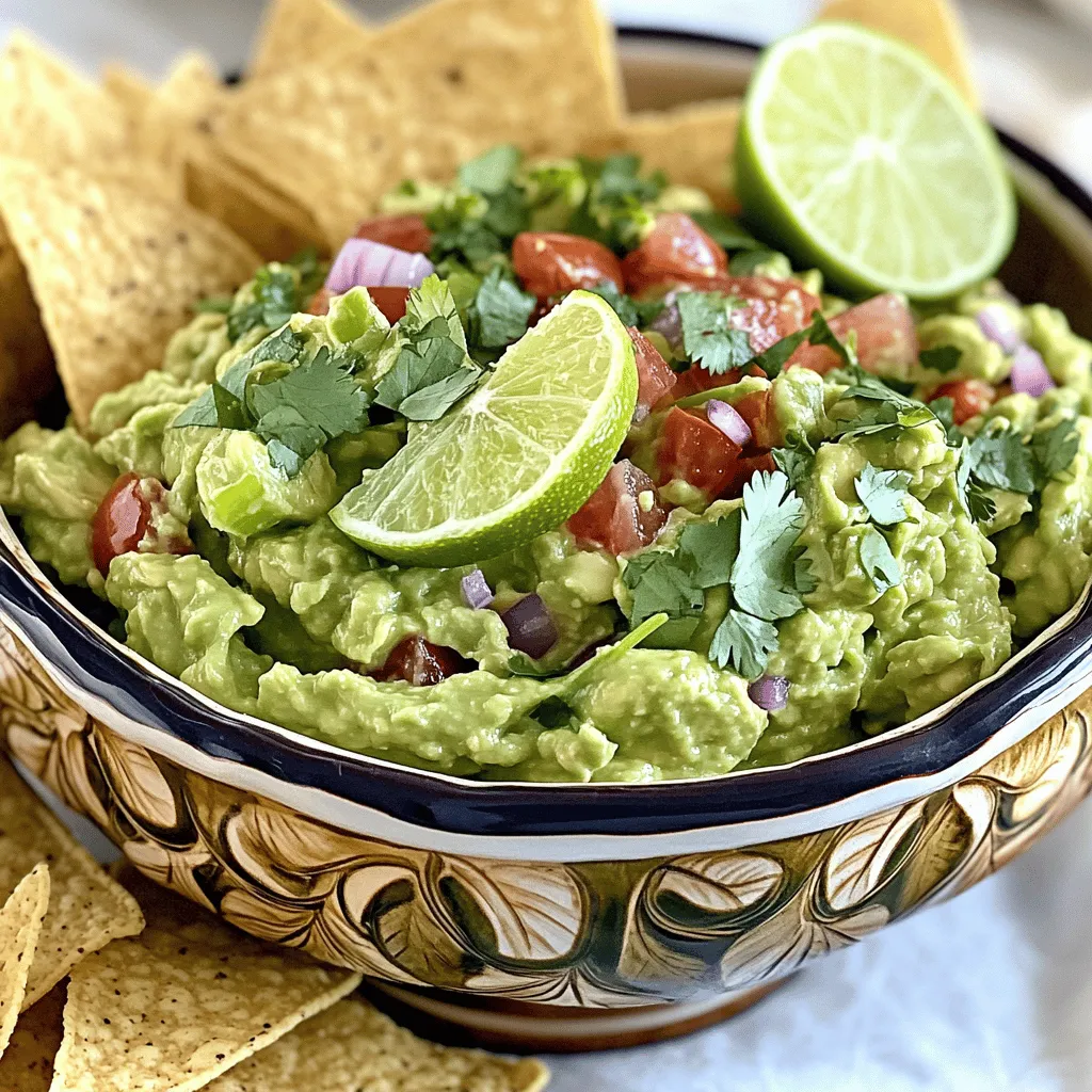 To make the best Zesty Lime Guacamole, gather these key ingredients: - 3 ripe avocados - 1 medium tomato, diced - 1 small red onion, finely chopped - 2 cloves garlic, minced - 1 jalapeño, deseeded and finely chopped - 1/4 cup fresh cilantro, chopped - Juice of 2 limes - Salt and pepper to taste - Pinch of cumin (optional) These ingredients create a bright, fresh taste. Ripe avocados are a must for the best texture. Pick ones that yield slightly when pressed. The lime juice adds a zesty kick, balancing the creaminess of the avocados. Feel free to customize your guacamole! Here are some tasty add-ins: - Diced mango for sweetness - Chopped bell peppers for crunch - Additional spices for heat Adding mango gives a sweet touch that pairs well with lime. Chopped bell peppers add a fun crunch, making each bite exciting. If you like heat, use more jalapeños or your favorite spice blend. For the full recipe, check out the [Full Recipe]. - Cut the avocados in half. - Remove the pits and scoop the flesh into a bowl. - Mash the avocado with a fork or potato masher. You can make the avocado as smooth or chunky as you like. I prefer a mix of both for great texture. - Add the diced tomato, red onion, minced garlic, and jalapeño to the bowl. - Stir in fresh cilantro and lime juice. Mix everything well to ensure all flavors combine. The lime juice adds a bright kick that wakes up the dish. - Taste and adjust seasoning with salt, pepper, or more lime juice. - Cover the guacamole with plastic wrap pressed to the surface. Let it sit for about 10 minutes. This time helps the flavors meld beautifully. For the best experience, serve with tortilla chips or veggie sticks. If you want the full recipe, check the detailed instructions above. To make the best Zesty Lime Guacamole, start with ripe avocados. They should feel soft but not mushy. When you cut them, the flesh should be bright green, not brown. This shows they are fresh. Next, balance the flavors with lime juice and salt. The lime juice adds a nice tang. You want it bright and zesty. Add salt to bring out the taste of the other ingredients. Start with a small amount, then taste and adjust as needed. To keep your guacamole fresh, use some covering techniques. After mixing, press plastic wrap directly onto the surface. This helps stop air from touching the guacamole, which causes browning. When serving, you can also add lime slices on top. This not only looks great but adds more flavor. Enjoy it with tortilla chips or fresh veggies for a fun snack! You can find the full recipe for Zesty Lime Guacamole and more tips in the [Full Recipe]. {{image_2}} To add heat, mix in extra jalapeños or hot sauce. Start with one extra jalapeño. Finely chop it and blend it into the guacamole. If you want more heat, try a splash of your favorite hot sauce. This gives it a kick that pairs well with the creamy avocado and bright lime. For a fruity twist, try adding pineapple or peach. Chop the fruit into small pieces and mix it in. The sweetness balances the tangy lime and creamy avocado. Pineapple gives a tropical flair, while peach adds a juicy burst. This variation is great for summer parties or barbecues. Experiment with fresh herbs like mint or basil for new flavors. Chop the herbs finely before mixing them in. Mint adds a refreshing note, while basil offers a rich taste. This twist can bring a garden-fresh vibe to your guacamole. The key is to use herbs that you enjoy, making each bite unique. Feel free to get creative with these variations! You can always find more ideas in the [Full Recipe]. To keep your guacamole fresh in the refrigerator, use a few simple steps. First, press plastic wrap directly onto the surface of the guacamole. This method reduces air exposure and helps prevent browning. Next, place the bowl in an airtight container. Guacamole can last up to two days this way. If you want to store guacamole for longer, freezing is a great option. Scoop the guacamole into a freezer-safe bag, removing as much air as possible. Flatten the bag for easier storage. Guacamole can be frozen for up to three months. When you're ready to enjoy it, thaw it overnight in the fridge. Give it a good stir before serving to regain its creamy texture. The shelf life of guacamole depends on how you store it. When kept in the fridge, guacamole is best consumed within two days for peak flavor and quality. If you freeze it, you can enjoy it for up to three months. After thawing, consume the guacamole within one to two days for best taste and safety. For more details on making this delightful dish, check out the Full Recipe. You can enjoy Zesty Lime Guacamole with several tasty options. Here are some ideas: - Tortilla chips: They are classic and crunchy. - Tacos: Add guacamole to your favorite taco for extra flavor. - Veggies: Carrot sticks, cucumber slices, or bell pepper strips work well. - Sandwiches: Spread it on your sandwich for a zesty touch. - Burgers: Use it as a topping on your burger for a fresh twist. Checking avocados for ripeness is simple. Here are some tips: - Color: Look for avocados that are dark green or almost black. - Feel: Gently squeeze the avocado. It should yield slightly, but not feel mushy. - Stem test: Remove the small stem. If it pops off easily and you see green, it’s ripe. Yes, you can make guacamole ahead of time. Here’s how: - Prepare it: Follow the recipe and mix all your ingredients. - Storage: Place it in an airtight container. Press plastic wrap directly against the surface to limit air exposure. - Fridge timing: Store it in the fridge for up to two days. - Freshening it up: If it darkens, add a bit more lime juice and stir to revive the flavors. Enjoy the full recipe for Zesty Lime Guacamole to impress your guests! You’ve learned how to make delicious guacamole with ripe avocados and fresh ingredients. We covered essential steps, flavor tips, and storage methods. With options for spice or sweetness, you can make this dip your own. Keep the guacamole fresh and bursting with flavor by following the storage tips. Now, you can enjoy your tasty creation with chips, tacos, or veggies. Dive in and impress your friends with your new skills!