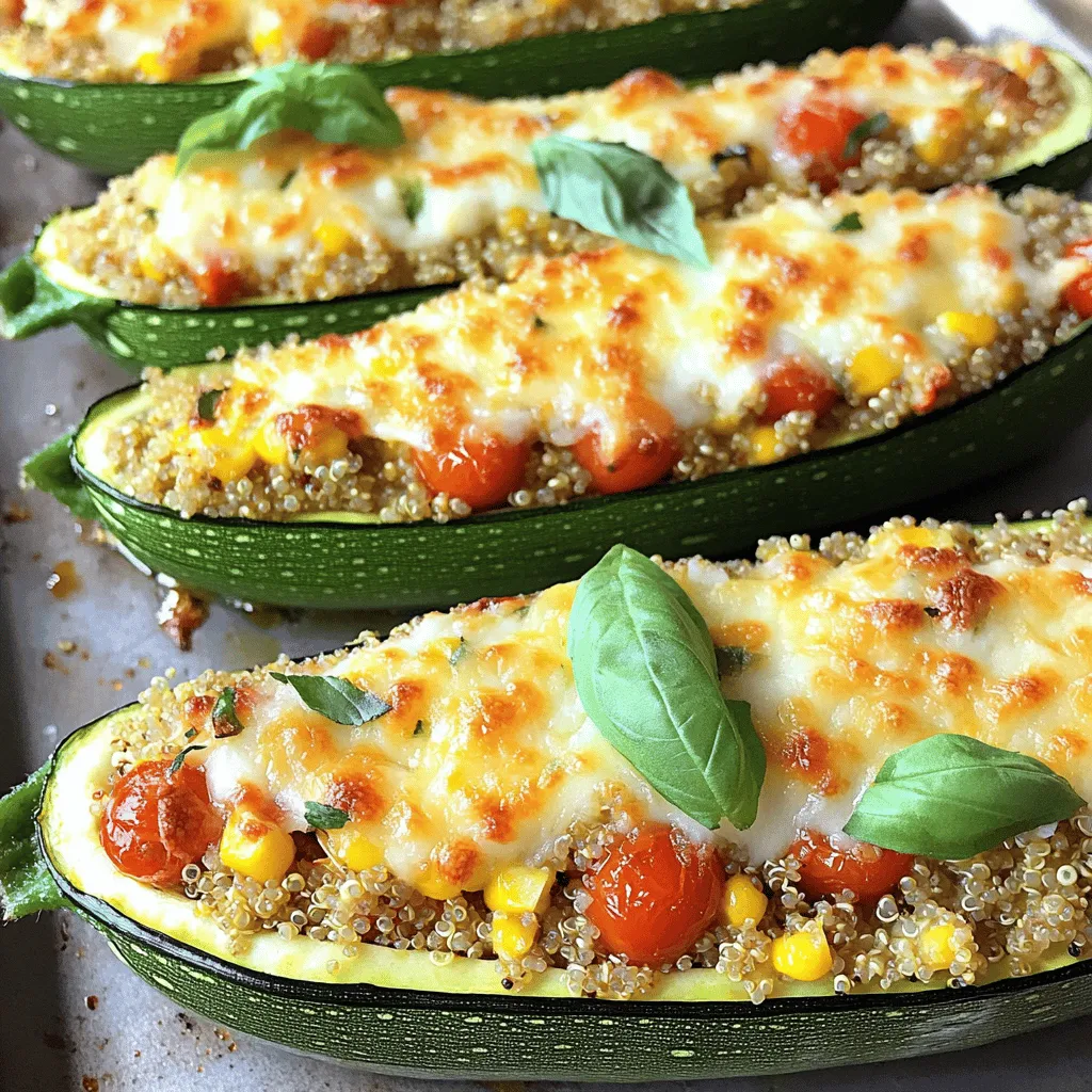 - 4 medium zucchinis - 1 cup cooked quinoa - 1 cup cherry tomatoes, halved - 1 cup shredded mozzarella cheese - 1/2 cup grated Parmesan cheese - 1/2 cup corn kernels (fresh or frozen) - 1 teaspoon Italian seasoning - 2 cloves garlic, minced - Salt and pepper to taste - 2 tablespoons olive oil - Fresh basil leaves for garnish Zucchini is the star of this dish. It is mild and soft when cooked. Quinoa and veggies add texture and nutrition. Cheese varieties like mozzarella and Parmesan bring richness and flavor. Together, these ingredients create a filling meal that is both healthy and tasty. - Additional seasonings - Protein add-ins - Alternative vegetables You can spice up your zucchini boats with more seasonings. Try chili powder or paprika for heat. Adding protein like ground turkey or beans boosts the meal's heartiness. You can swap in other veggies like bell peppers or spinach for extra color and nutrients. - Baking dish - Mixing bowl - Spoon for scooping For this recipe, you need a baking dish to hold the boats while they bake. A mixing bowl is essential for combining your filling. A spoon helps scoop out the zucchini centers and fill the boats easily. This simple equipment makes preparing your Cheesy Stuffed Zucchini Boats a breeze. Check out the Full Recipe for detailed instructions and cooking times! To start, preheat your oven to 375°F (190°C). This ensures your zucchini boats cook evenly. Next, take four medium zucchinis. Cut each one in half lengthwise. Use a spoon to scoop out the center, making room for the filling. Be careful not to scoop too much; you want the zucchini to stay sturdy. Place your zucchini halves cut side up in a baking dish. In a large mixing bowl, combine one cup of cooked quinoa with halved cherry tomatoes, shredded mozzarella cheese, and corn. You can use fresh or frozen corn. Then, add Italian seasoning, minced garlic, olive oil, and a pinch of salt and pepper. Mix everything well. Taste the filling to ensure it has enough flavor. Feel free to adjust the seasoning to your liking. Now it’s time to fill your zucchini boats. Spoon the quinoa mixture into each half. Press it down gently to pack it in. After filling, sprinkle half a cup of grated Parmesan cheese over the top. Cover the baking dish with aluminum foil. Bake in the oven for about 20 minutes. This helps the zucchini cook through. After 20 minutes, remove the foil. Bake for another 10 minutes until the cheese is bubbly and golden brown. Once done, let them cool a bit before serving. You can garnish with fresh basil leaves for an extra touch. Enjoy your cheesy stuffed zucchini boats! For the complete recipe, check out the Full Recipe. - Choosing the right zucchini size: Pick medium zucchinis. They should be firm and smooth. Larger zucchinis can be watery and not hold the filling well. - Avoiding watery filling: To stop water from pooling, salt the zucchini boats. After scooping, sprinkle salt inside and let them rest for 10 minutes. This draws out moisture. - Using different cheese types: Mozzarella gives a nice stretch. Try blending it with Parmesan for a stronger flavor. You can also use cheddar or feta for variety. - Achieving the perfect golden crust: Broil the zucchinis for a minute after baking. This will brown the cheese nicely. Just watch closely to avoid burning. - Incorporating fresh herbs: Add fresh basil or parsley to the filling. It brightens the taste and adds color. You can also sprinkle some on top before serving. - Adjusting spice levels: If you like heat, add red pepper flakes to the filling. For a milder dish, skip the spice or use sweet paprika. Adjust to your taste! These tips will help you create the best cheesy stuffed zucchini boats. For the full recipe, check out the details above. Happy cooking! {{image_2}} You can make Cheesy Stuffed Zucchini Boats even more colorful and tasty. Try adding different vegetables like bell peppers, mushrooms, or spinach. These veggies boost flavor and add nutrients. You can also switch out the quinoa for rice or lentils. Rice brings a soft texture, while lentils add a hearty bite. If you love meat, this dish can fit your taste too. You can add ground turkey or beef to the filling. This will make the boats heartier. Another option is to use sausage. Sausage adds a rich, savory flavor that pairs well with the zucchini. Going vegan? No problem! You can use plant-based cheese for a creamy filling. Look for options made from nuts or soy. These cheeses melt well and taste great. Instead of eggs for binding, you can use mashed beans or flaxseed meal mixed with water. This keeps your stuffed boats together without any animal products. Check out the Full Recipe for more tips and tricks! To keep your cheesy stuffed zucchini boats fresh, use airtight containers. Glass or plastic containers work well. Fill them with the leftover zucchini boats and close them tightly. Store them in the fridge. They stay good for up to four days. If you want to save some for later, freezing is a great option. First, let the zucchini boats cool completely. Then, wrap each boat in plastic wrap. Place them in a freezer bag or a freezer-safe container. This way, they won’t get freezer burn. When you're ready to eat, take them out and thaw in the fridge overnight. Reheat them in the oven at 350°F (175°C) until hot. In the fridge, your cheesy stuffed zucchini boats last about four days. Look for signs of spoilage. If you see mold or notice a bad smell, it's best to throw them away. Fresh is always best, so enjoy them soon! Yes, you can prep these boats in advance. Prepare the filling and store it in the fridge. You can also stuff the zucchini and keep them covered until you're ready to bake. This makes meal prep easy and fun. When you are ready to bake, preheat your oven. Bake the stuffed zucchini as the recipe shows. If they are cold from the fridge, add a few extra minutes to the baking time. Cover the dish with foil for the first part of baking. This keeps the filling moist. If you want to swap quinoa, use rice, farro, or barley. They all add great texture and flavor. You can also use lentils for extra protein. Just cook them before mixing with other ingredients. To keep the flavor strong, add more spices or herbs. You could use garlic or Italian seasoning to boost taste. This way, your dish stays yummy and satisfying. Yes, for low-carb boats, you can skip the grains entirely. Use more veggies like mushrooms or bell peppers. These add bulk without many carbs. You can also use cauliflower rice instead of quinoa. This keeps it light and tasty. Don’t forget to season well, as it helps the flavors pop. Cheesy stuffed zucchini boats are easy and fun to make. We covered main ingredients like zucchini, quinoa, and cheese, plus optional add-ins for more flavor. You learned about the right tools and step-by-step instructions for tasty results. With helpful tips on cooking and variations for all diets, you can personalize this dish. Store leftovers correctly and use meal prep ideas to save time. Enjoy creating different versions, whether vegetarian, meat, or vegan. Transform a simple veggie into a delicious meal for everyone. Happy cooking!