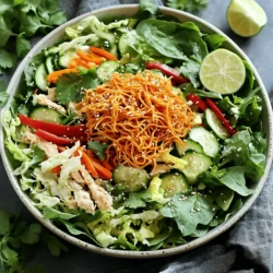 - 2 cups cooked chicken breast, shredded - 4 cups mixed salad greens (romaine, spinach, and arugula) - 1 cup napa cabbage, shredded - 1 red bell pepper, thinly sliced - 1 carrot, julienned - 1/2 cup cucumber, thinly sliced - 1/4 cup green onions, sliced - 1/4 cup toasted sesame seeds - 1 cup crispy chow mein noodles - 1/4 cup cilantro, chopped - 1/4 cup soy sauce - 2 tablespoons rice vinegar - 1 tablespoon sesame oil - 1 tablespoon honey or maple syrup - 1 teaspoon fresh ginger, minced - 1 teaspoon garlic, minced - Salt and pepper to taste Start by whisking the soy sauce, rice vinegar, and sesame oil in a small bowl. Add honey or maple syrup for sweetness. Then, mix in minced ginger and garlic for a flavor kick. Taste it and adjust the salt and pepper as needed. Set this dressing aside while you prepare the salad. In a large bowl, combine the mixed salad greens, napa cabbage, red bell pepper, carrot, cucumber, and green onions. Toss them gently to mix well. Next, add the shredded chicken to this colorful mix. Lightly toss the chicken with the vegetables to ensure even distribution. Pour your prepared dressing over the salad. Toss everything gently to coat all the ingredients with the dressing. Just before serving, sprinkle on the toasted sesame seeds and crispy chow mein noodles for that extra crunch. For a fresh finish, garnish with chopped cilantro. For the full recipe, check out the detailed steps and perfect timing to create your delicious meal! To make a great dressing, balance flavors well. You want salty, sweet, and tangy notes. Start with soy sauce for saltiness. Add rice vinegar for tang and honey for sweetness. If you find the flavor too strong, add a little water. Use fresh ginger and garlic for a vibrant taste. Adjust thickness by adding more oil or vinegar. A thicker dressing coats the salad better. Using leftover chicken is a smart move. It saves time and reduces waste. You can also grill, bake, or poach fresh chicken. Grilled chicken gives a smoky flavor, while poached chicken stays juicy. Shred the chicken into bite-sized pieces for easy mixing. For the best presentation, use large, shallow bowls. Place the salad neatly in the bowl. Make a pile of crispy noodles in the center. Sprinkle sesame seeds on top for a nice look. Add a lime wedge on the side for extra zest. This salad pairs well with jasmine rice or a light soup. Enjoy your meal with friends or family! You can change the proteins in this salad. Instead of chicken, try shrimp or tofu. Both options add great taste and texture. You can also use leftover turkey for a fun twist. Seasonal vegetables can make your dish fresh and exciting. In spring, add snap peas or radishes. In fall, try roasted butternut squash or sweet potatoes. This keeps your salad vibrant all year. Spicy dressing options can add a kick to your salad. Mix in sriracha or chili paste to the dressing. This will give it a nice heat. You can also add a dash of hot sesame oil for flavor. If you prefer creamy dressings, try mixing in yogurt or tahini. These options create a rich texture. You can even blend avocado for a unique spin. For crunch, think beyond chow mein noodles. You can use fried onions or crispy chickpeas. Both add a fun texture and taste to your salad. You can also make homemade croutons or chips. Just toss bread in olive oil and spices, then bake until crispy. This gives your salad that extra crunch you’ll love. For the full recipe, check out the complete instructions above. {{image_2}} To store leftovers, place the salad in an airtight container. This keeps the salad fresh. Use a separate container for the dressing. The salad will stay good for 2-3 days in the fridge. Store the chicken and salad components to last about the same time. You can freeze the chicken if you have extra. Place it in a freezer-safe bag. Squeeze out the air before sealing. The chicken can last up to 3 months in the freezer. Avoid freezing the salad components. They can become soggy when thawed. To keep the salad fresh, do not reheat it. Instead, take out the chicken and warm it gently. Use the microwave or stovetop on low heat. Ensure the chicken reaches 165°F to be safe. Serve the warm chicken on top of the fresh salad for a nice balance of textures. For the best taste, add the dressing just before serving. For the full recipe, check the detailed steps and enjoy this crispy delight! To make this salad gluten-free, you can use gluten-free soy sauce. Look for brands like Tamari or coconut aminos. These options give you the same salty flavor without the gluten. Make sure other ingredients are also gluten-free, such as the chow mein noodles or any other sauces you use. Yes, you can prepare this salad ahead of time. For meal prep, keep the dressing separate until serving. This keeps the salad fresh and crisp. You can also chop the veggies and store them in the fridge. Just add the chicken and dressing when you are ready to eat. This salad pairs well with many dishes. You can serve it with spring rolls for a light meal. A refreshing cucumber salad or miso soup can also be great sides. For drinks, try iced green tea or a light sparkling water. These options enhance the fresh flavors of the salad. This Crispy Asian Chicken Salad is a burst of flavors. It takes only 15 minutes to prepare and serves four people. You start by making the dressing, which blends soy sauce, rice vinegar, sesame oil, honey, ginger, and garlic. Next, you mix the fresh veggies, including mixed greens, napa cabbage, bell pepper, carrot, cucumber, and green onions in a big bowl. After that, you add the shredded chicken to the veggies and toss them gently. Then, pour the dressing over the salad and mix well. Just before you serve, sprinkle toasted sesame seeds and crispy chow mein noodles on top. Garnish with chopped cilantro for an extra pop of flavor. This salad is not just easy to make; it looks beautiful too. Serve it in large, shallow bowls, placing the crispy noodles and sesame seeds in the center. You can even add a lime wedge on the side for a zesty touch. This recipe is perfect for a light lunch or a refreshing dinner. Enjoy the fresh and crunchy delight! For the full list of ingredients and step-by-step instructions, check out the Full Recipe. This salad combines fresh veggies, tender chicken, and a tasty dressing. You learned how to make the dressing and assemble the salad perfectly. We explored tips for flavor balance and easy storage. Try variations with different proteins or toppings for fun twists. Store leftovers properly to keep them fresh. With this knowledge, you can create a delicious Asian chicken salad that suits any meal. Enjoy your culinary adventure and impress your family or friends!