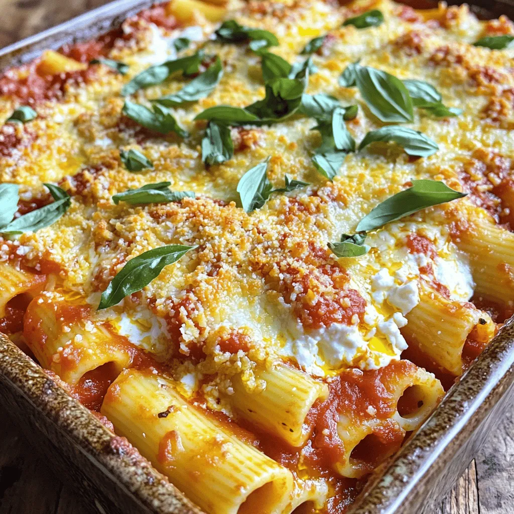 For a tasty baked ziti, gather these main ingredients: - 1 pound ziti pasta - 2 cups marinara sauce - 1 cup ricotta cheese - 2 cups shredded mozzarella cheese - 1 cup grated Parmesan cheese - 1 egg - 2 tablespoons fresh basil, chopped - 1 teaspoon garlic powder - 1 teaspoon onion powder - Salt and pepper to taste - Olive oil for drizzling These ingredients form the base of your dish. Each one adds flavor and texture. Ziti pasta gives a nice bite, while ricotta and mozzarella create a creamy layer. To boost the flavor, consider adding: - Red pepper flakes for heat - Fresh spinach for color and nutrients - Sliced mushrooms for earthiness - Italian sausage for a meaty twist These optional items can make your baked ziti even better. Feel free to mix and match based on what you love. If you have dietary needs, here are some smart swaps: - Use gluten-free pasta for a gluten-free option - Substitute cottage cheese for ricotta for a lower-fat choice - Try vegan cheese to make it dairy-free These substitutions help everyone enjoy this dish without missing out. With some creativity, you can adjust the recipe to fit your needs. For the full recipe, check the section above. First, gather all the ingredients. You need one pound of ziti pasta, two cups of marinara sauce, and one cup of ricotta cheese. Also, grab two cups of shredded mozzarella cheese and one cup of grated Parmesan cheese. Don't forget one egg, two tablespoons of fresh chopped basil, and some garlic and onion powder. You will also want salt, pepper, and a bit of olive oil for drizzling. Next, preheat your oven to 375°F (190°C). Now, cook the ziti pasta according to the package instructions. Cook it until it is al dente. This means it should still have a slight bite. Drain the pasta and set it aside. In a large mixing bowl, combine the ricotta cheese, egg, chopped basil, garlic powder, onion powder, salt, and pepper. Mix these well until smooth. This mixture will add creaminess to your dish. Start by spreading a thin layer of marinara sauce on the bottom of a large baking dish. This will help keep the pasta moist. Then, add the cooked ziti to your ricotta mixture. Stir gently until the pasta is fully coated. Pour this mix into the baking dish on top of the marinara sauce. Spread it out evenly. Next, pour the remaining marinara sauce over the ziti. Sprinkle the mozzarella and Parmesan cheeses generously on top. This will create that delicious golden crust. Drizzle a little olive oil over the cheese. This helps it brown nicely while baking. Cover the baking dish with aluminum foil. Place it in the preheated oven and bake for 25 minutes. After 25 minutes, remove the foil. Bake for another 15 minutes or until the cheese is bubbly and golden. Once it's done, take the dish out and let it cool for a few minutes. This makes serving easier. When ready, garnish with extra fresh basil for a pop of color and flavor. Enjoy this zesty baked ziti with ricotta! For the full recipe, check the earlier sections. Start with a big pot of water. Add salt to the water; this helps flavor the pasta. Cook the ziti until it's just al dente. This means it should still have a slight bite. Drain the pasta but do not rinse it. Rinsing removes the starch that helps sauce stick. Toss the warm pasta with a little olive oil to keep it from sticking. Use a mix of mozzarella and Parmesan cheese. Mozzarella melts smoothly, while Parmesan adds great flavor. Layer the cheese evenly on top. Drizzle a bit of olive oil over the cheese before baking; this helps it brown nicely. Cover the dish with foil for the first half of baking. This traps steam and helps the cheese melt evenly. Remove the foil later to let it crisp up. Store any leftovers in an airtight container. Baked ziti stays fresh for up to three days in the fridge. To freeze, let it cool completely. Wrap it tightly in plastic wrap and foil. It can last up to three months in the freezer. When you're ready to eat, thaw it in the fridge overnight. Reheat in the oven at 350°F (175°C) until hot, about 20 minutes. Stir once halfway through for even heating. For quick reheating, use the microwave. Just cover it to avoid drying out. For the best taste, always reheat gently. For the full recipe, check out the linked section above. {{image_2}} You can easily make baked ziti vegetarian. Use vegetables like spinach, zucchini, or bell peppers. Just sauté them before adding to the mix. This adds great flavor and color. You can also swap marinara for a rich pesto sauce. It gives a fresh taste that everyone will love. If you want a heartier dish, add meat. Ground beef or sausage works well. Cook the meat before mixing it in with the ziti. You can also use shredded chicken for a lighter option. For a kick, try spicy Italian sausage. This adds depth and a nice heat to the meal. For a gluten-free option, choose gluten-free ziti. Many brands offer tasty choices made from rice or corn. This way, you still enjoy the same great taste. You can also use zucchini noodles for a veggie twist. They make the dish lighter and healthier. For all these ideas, check out the Full Recipe above for guidance on how to prepare your baked ziti. To store your baked ziti, let it cool first. Place it in an airtight container. This keeps moisture in and prevents drying out. You can also cover the dish tightly with plastic wrap. Refrigerate it for up to three days. Make sure to label the container with the date. This way, you won't forget when you made it. If you want to freeze baked ziti, it’s best to do this before baking. Prepare the dish as instructed, but don’t bake it yet. Cover the dish tightly with plastic wrap and then foil. This extra layer protects it from freezer burn. Frozen baked ziti can last for up to three months. When you're ready to eat, simply thaw it in the fridge overnight. To thaw frozen baked ziti, place it in the fridge for about 24 hours. This helps keep the texture nice. Once it’s thawed, you can bake it at 375°F (190°C) for about 30-40 minutes. Cover it with foil for the first part of cooking to keep it moist. When the cheese is bubbly and golden, it’s ready to serve. Enjoy your comforting family favorite dish! For the full recipe, check out the earlier section. Baked ziti with ricotta lasts about 3 to 5 days in the fridge. Store it in an airtight container. This keeps the dish fresh and tasty. Always check for any signs of spoilage before eating. If it looks or smells off, throw it away. Yes, you can make baked ziti with ricotta ahead of time. You can prepare it a day in advance and keep it in the fridge. Just assemble the dish but do not bake it yet. When you're ready, bake it as directed. It’s a great time-saver for busy days. The best way to reheat baked ziti is in the oven. Preheat the oven to 350°F (175°C). Place the ziti in an oven-safe dish. Cover it with foil to keep it moist. Heat for about 20-25 minutes or until it's hot. You can also reheat individual servings in the microwave. Just add a splash of water to keep it from drying out. For more delicious ideas, check out the Full Recipe. Baked ziti is simple and enjoyable to make. We covered the best ingredients to use, options for flavor boosts, and substitutions for diets. The step-by-step guide made assembly a breeze. Don't forget those handy tips for cooking and perfect cheese melting. I shared variations for everyone. Proper storage ensures you enjoy leftovers later. Remember these points, and you’ll impress anyone with your dish. Enjoy your cooking adventure with baked ziti and share it proudly!