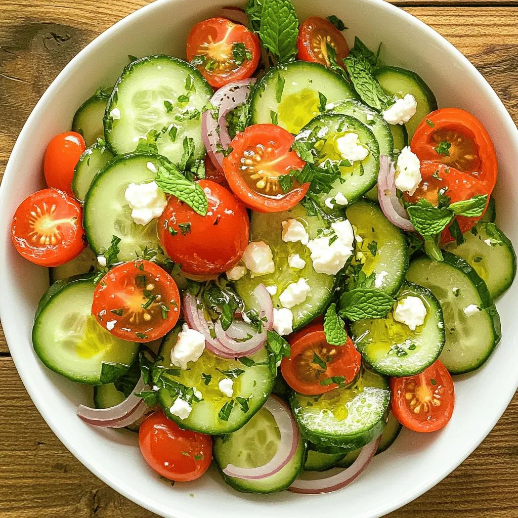 To make a delicious Cucumber Mint Salad, you need fresh ingredients. Here’s what you will need: - 2 large cucumbers, thinly sliced - 1 cup cherry tomatoes, halved - 1/4 red onion, thinly sliced - 1/2 cup fresh mint leaves, chopped - 1/4 cup feta cheese, crumbled (optional) - 2 tablespoons olive oil - 1 tablespoon lemon juice - Salt and pepper to taste Using high-quality ingredients makes a big difference. Fresh cucumbers give a crisp bite. Ripe cherry tomatoes add sweetness. Fresh mint brings a cool flavor, while feta cheese adds creaminess. Good quality olive oil enhances the taste, making every bite delightful. You can add feta cheese for a tangy twist. Feta’s salty flavor pairs well with the fresh veggies. If you want more flavor, try adding herbs like dill or spices like cumin. These additions can take your salad to a new level. This salad is light and healthy. Each serving has around 120 calories. You get key vitamins like vitamin C from cucumbers and tomatoes. Mint gives you antioxidants, while feta cheese adds calcium. This dish is not only tasty but also good for you. To make this salad, start by slicing the cucumbers. I recommend using a sharp knife for thin slices. Thin slices help the cucumbers soak up the dressing and keep a crisp texture. You want the pieces to be about as thick as a dime. Next, halve the cherry tomatoes and slice the red onion thinly. These steps help blend the flavors well. Finally, chop the fresh mint leaves. Their aroma will brighten the dish. Now, let’s make the dressing. In a small bowl, whisk together the olive oil and lemon juice. Add salt and pepper to taste. This simple mix should taste bright and fresh. I like to taste it as I go. If it needs more zing, add a bit more lemon juice. The right balance of flavors makes the salad pop. Once the dressing is ready, combine all the ingredients in a large bowl. Gently toss the cucumber, tomatoes, onion, mint, and optional feta cheese. Be careful not to crush the tomatoes. After mixing, let the salad sit for about 10 minutes. This resting time allows the flavors to meld together. Serve it chilled or at room temperature for the best taste. You can find the Full Recipe for a more detailed guide. To boost the mint freshness, chop mint right before use. This keeps its bright taste. You can also try bruising the leaves gently. This helps release more oils. For extra flavor, add a pinch of red pepper flakes. A bit of garlic powder can also enhance the salad's depth. You can store prepped ingredients separately. This keeps them fresh longer. Combine them just before serving. If you make the salad in advance, it may get soggy. For gatherings, serve it in a big bowl. You can also put it in individual cups for picnics. Serve the salad in a clear glass bowl. This shows off its vibrant colors. You can sprinkle extra mint leaves on top. Crumbled feta adds a nice touch too. Arrange cucumber slices in a fan shape for an artistic look. {{image_2}} You can mix things up with different herbs or veggies. Try dill for a fresh twist. You can also use basil, cilantro, or parsley. These herbs bring unique tastes to the salad. Adding seasonal ingredients makes it even better. In summer, add ripe peaches or strawberries for sweetness. In fall, try crunchy apples or pears for a nice crunch. This salad works for many diets. You can easily make it vegan. Just skip the feta cheese, and it stays light and fresh. For a gluten-free version, you don’t need to change anything. If you want a different crunch, use bell peppers or radishes. These swaps keep the salad tasty and fun. Want to add some kick? You can sprinkle in spices like cumin or chili powder. These give a warm touch. You can also try citrus variations. Squeeze in lime juice or orange juice for a zesty flavor. Experimenting with different dressings can change the vibe too. Try balsamic vinaigrette or a honey mustard dressing for a new taste. To keep cucumber mint salad fresh, place it in an airtight container. This helps avoid wilting and sogginess. It stays tasty for up to three days in the fridge. Always store it in the coldest part of your fridge, not in the door. If you have leftovers, don’t let them go to waste! You can add the salad to sandwiches or wraps for a fresh crunch. Mix it into grain bowls for extra flavor. If the salad wilts, add more fresh mint and a splash of lemon juice. This helps revive the flavors. Freezing cucumber mint salad isn't ideal. The cucumbers lose their crunch when thawed. However, if you must freeze it, chop the cucumbers and mint small. Store them in a freezer bag with air removed. Use it in smoothies or soups later. It won’t be the same fresh salad, but it can still add flavor. What is the best way to cut cucumbers for salads? The best way to cut cucumbers is to slice them thinly. Use a sharp knife to make even cuts. This helps the cucumber mix well with other ingredients. You can also use a mandoline for perfect slices. Thin slices soak up the dressing better. How long can I keep the salad in the fridge? You can keep cucumber mint salad in the fridge for about 2 days. It stays fresh if stored in an airtight container. After a day, the cucumbers may become a bit soft. For the best taste, eat it fresh. What dishes pair well with cucumber mint salad? Cucumber mint salad pairs well with grilled chicken or fish. It also goes great with lamb dishes. You can serve it alongside pita bread or rice dishes. The fresh flavors balance well with rich meals. Can it be served as a main course? Yes, you can serve cucumber mint salad as a main course. Add protein like chickpeas or grilled shrimp for a filling meal. It works well as a light lunch or quick dinner option. What are the health benefits of cucumbers and mint? Cucumbers are low in calories and high in water. They keep you hydrated and help with digestion. Mint adds flavor and can help soothe your stomach. Both ingredients are rich in vitamins and minerals. Is cucumber mint salad suitable for weight loss? Yes, cucumber mint salad is great for weight loss. It’s low in calories and high in nutrients. Eating this salad can help you feel full without extra calories. Enjoy it as part of a balanced diet. This blog post shared how to make a fresh cucumber mint salad. We began with key ingredients and their roles, ensuring quality for the best taste. Next, I provided step-by-step instructions, highlighting preparation and mixing tips. I also suggested variations and storage methods. These tips help you keep the salad fresh for longer. In closing, this salad is versatile and easy to make. Experiment with flavors and enjoy it at meals or events.