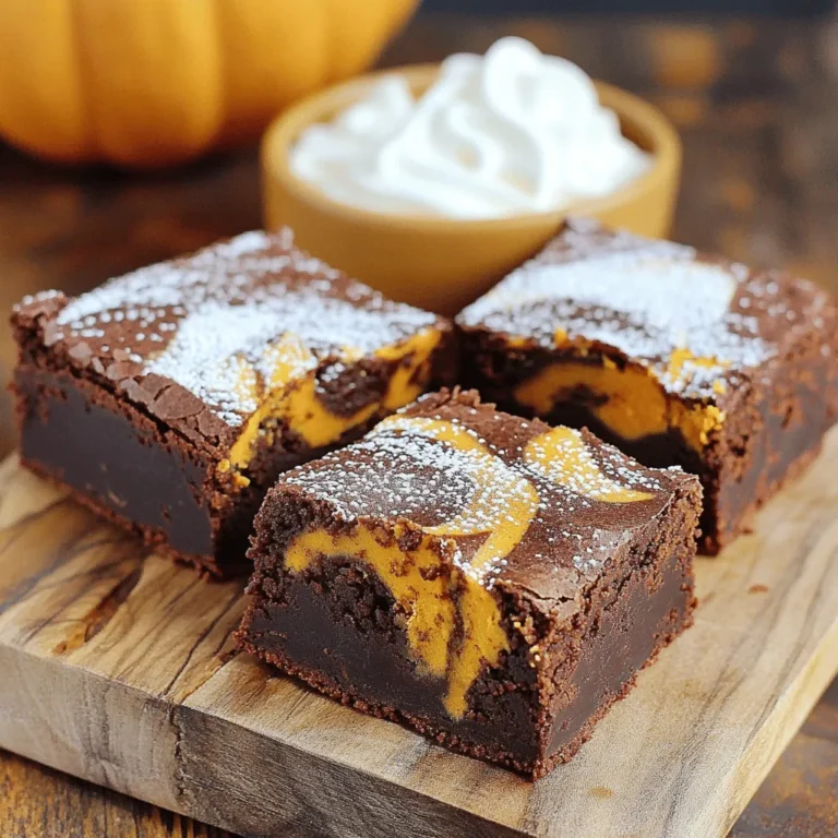 - 1 cup pumpkin puree - 1/2 cup granulated sugar - 1/2 cup brown sugar - 1/3 cup vegetable oil - 2 large eggs To make Chocolate Pumpkin Swirl Brownies, you need a few key ingredients. First, pumpkin puree adds moisture and flavor. You can use canned or fresh puree. Next, both granulated and brown sugar sweeten the brownies. The brown sugar gives a rich taste. Vegetable oil keeps the brownies soft and fudgy. Lastly, eggs bind everything together. - 1 cup all-purpose flour - 1/3 cup unsweetened cocoa powder - 1/2 teaspoon baking powder - 1/2 teaspoon baking soda - 1/4 teaspoon salt - 1 teaspoon pumpkin pie spice The dry ingredients are just as important. All-purpose flour gives structure. Cocoa powder provides the rich chocolate flavor. Baking powder and baking soda help the brownies rise. Salt balances the sweetness. Pumpkin pie spice adds warmth and depth to the flavor. - 1/2 cup semi-sweet chocolate chips For an extra treat, add semi-sweet chocolate chips. They make the brownies gooey and delicious. Use high-quality chocolate for the best taste. Look for chips that are smooth and creamy. This small step can elevate your brownies to a whole new level. For the full recipe, check out the instructions on how to combine these ingredients into a delightful dessert. 1. Preheat your oven to 350°F (175°C). Grease a 9x9-inch baking pan or line it with parchment paper. This step makes removing the brownies easy. 2. In a medium bowl, whisk together the pumpkin puree, granulated sugar, brown sugar, vegetable oil, eggs, and vanilla extract. Mix until everything is smooth and well combined. This creates a rich base for your brownies. 3. In another bowl, sift together the flour, cocoa powder, baking powder, baking soda, salt, and pumpkin pie spice. This helps to blend the dry ingredients evenly. 1. Gradually fold the dry ingredients into the wet mixture until just combined. Remember, don’t overmix! This keeps your brownies soft and fudgy. 2. For the pumpkin swirl, mix some of the remaining brownie batter with a bit of extra pumpkin puree and a dash of pumpkin pie spice. This adds flavor and color to your brownies. 3. Pour half of the brownie batter into the prepared pan. Then, dollop spoonfuls of the pumpkin mixture on top. Use a knife to gently swirl them together. This creates a beautiful marbled effect. 1. Bake in the preheated oven for 25-30 minutes. Check for doneness by inserting a toothpick in the center. It should come out with a few moist crumbs. 2. Once baked, let the brownies cool in the pan for about 10-15 minutes. This helps them set better. After that, transfer them to a wire rack to cool completely. You can find the Full Recipe for more details and serving suggestions. Enjoy the delicious blend of chocolate and pumpkin! To get that perfect fudgy texture, avoid overmixing your batter. Mix just until you see no dry flour. This keeps the brownies moist and rich. You also want to check your oven temperature. Use an oven thermometer to ensure it’s accurate. If your oven runs hot, your brownies may bake too fast. To prevent overbaking, set a timer for 25 minutes. Insert a toothpick into the center. It should come out with a few moist crumbs. If it comes out clean, you may have overbaked them. Adding spices can really boost the flavor. Try cinnamon or nutmeg for a warm taste. You can also use flavored extracts, like almond or orange, to give a fun twist. Just add a little, about half a teaspoon, to the batter. This small change can make a big difference. Another idea is to fold in some chopped nuts or dried fruits. This adds texture and flavor. Walnuts, pecans, or cranberries work well in this recipe. When serving your brownies, think about how they look. Place them on a rustic wooden board. Dust them with powdered sugar for a nice touch. Serve with whipped cream or vanilla ice cream for a tasty combo. You can add a sprinkle of cinnamon on top to enhance that fall flavor. This makes your dessert not just tasty, but also beautiful. For more ideas, check out the Full Recipe for creative suggestions. {{image_2}} You can make these brownies gluten-free by swapping the all-purpose flour. Use almond flour or a gluten-free blend. Both options keep the texture nice. For dairy-free brownies, choose coconut oil instead of vegetable oil. You can also skip the chocolate chips or use dairy-free chocolate. This way, you still get rich flavors without any dairy. Want to add a twist? You can mix in nuts or dried fruits for extra crunch. Chopped walnuts or pecans work well. For a chewy bite, try adding raisins or cranberries. You can also play with chocolate types. Use dark chocolate for a richer taste or white chocolate for a sweeter twist. Each choice creates a new flavor experience. These brownies are perfect for any season. For Halloween, add spooky sprinkles on top. For Thanksgiving, use a bit more pumpkin spice. You can also try different swirls. Mix in peanut butter for a nutty flavor or caramel for a sweet surprise. Each variation can change the whole feel of the treat. Explore the full recipe to find all the tasty details! To keep your brownies fresh, follow these tips: - Room Temperature Storage Tips: Store your brownies at room temperature in an airtight container. This keeps them soft and chewy. They will stay good for about 3 to 5 days. If you see any signs of dryness, add a slice of bread to the container. The bread helps to keep the brownies moist. - Refrigerating for Extended Freshness: If you want your brownies to last longer, place them in the fridge. They can stay fresh for about a week this way. Just remember to wrap them well in plastic wrap or foil to prevent them from drying out. - How to Properly Freeze Brownies: To freeze brownies, first let them cool completely. Cut them into squares, then wrap each piece in plastic wrap. Place the wrapped brownies in a freezer-safe bag or container. They can last up to 3 months in the freezer. - Safe Thawing Methods: When you’re ready to enjoy them, take the brownies out of the freezer. Let them thaw in the fridge overnight or at room temperature for a few hours. Avoid using the microwave. This can make them dry and tough. - Understanding How Long They Stay Fresh: Brownies usually stay fresh for about 3 to 5 days at room temperature and up to a week in the fridge. In the freezer, they can last for 3 months. - Identifying When Brownies Should Be Discarded: Always check for signs of spoilage. If you see mold, a strange smell, or a hard texture, it’s time to toss them. Fresh brownies should smell sweet and have a soft, fudgy feel. For the full recipe of Chocolate Pumpkin Swirl Brownies, please refer to the earlier section in this article. Can I use fresh pumpkin instead of canned? Yes, you can use fresh pumpkin. Just cook and blend it until smooth. It adds a nice flavor. Make sure you measure out one cup for the perfect balance. How can I make these brownies richer? To make these brownies richer, use more chocolate. Add chocolate chips for extra gooeyness. You can also use dark chocolate cocoa powder. This will deepen the flavor and make every bite divine. Can I make this recipe vegan? Yes, you can make it vegan. Replace eggs with flax eggs or applesauce. Use plant-based oil and a vegan sugar. This keeps the brownie flavors while being friendly to a vegan diet. What can I substitute for sugar? You can use coconut sugar or maple syrup. These options add a unique flavor. Just note that maple syrup will change the texture a bit. Adjust the dry ingredients to keep balance. Why are my brownies too cakey? Brownies can be too cakey if you overmix the batter. Mixing too much adds air, which makes them rise more. Also, check your baking time. If you bake them too long, they can dry out. What should I do if my brownies are underbaked? If your brownies are underbaked, put them back in the oven. Bake them for a few more minutes. Check with a toothpick in the center. It should come out with a few moist crumbs for the perfect texture. In this post, we explored how to make Chocolate Pumpkin Swirl Brownies from scratch. We covered the ingredients needed, from pumpkin puree to chocolate chips. Next, we discussed step-by-step baking and swirling techniques to achieve a marbled look. I shared tips for enhancing flavor and some fun variations for your brownies. Remember, storing them properly ensures they stay fresh for longer. With these insights, you can bake delicious brownies and impress everyone. Enjoy your baking journey!