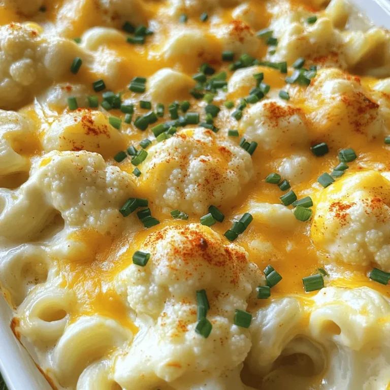 To make Cauliflower Mac and Cheese, gather these simple ingredients: - 1 large head of cauliflower, cut into florets - 1 cup elbow macaroni (or gluten-free pasta) - 2 cups sharp cheddar cheese, shredded - 1 cup mozzarella cheese, shredded - 2 tablespoons butter - 2 tablespoons all-purpose flour (or gluten-free flour) - 2 cups milk (whole or plant-based) - 1 teaspoon garlic powder - 1 teaspoon onion powder - Salt and pepper to taste - 1/2 teaspoon paprika (for garnish) - Fresh chives, chopped (for garnish) You can swap the cheddar for a different cheese if you want. Use gluten-free pasta and flour for a gluten-free dish. You can also try almond milk for a lighter option. This dish serves six and has about 400 calories per serving. It offers: - 15 grams of protein - 20 grams of fat - 40 grams of carbs Cauliflower is low in calories and high in fiber. It helps with digestion and is a good source of vitamins C and K. This veggie adds nutrients while keeping your meal creamy and satisfying. First, cook the pasta. Use the package instructions to get it just right. Aim for al dente. This means it should be firm but not hard. After cooking, drain the pasta and set it aside. Next, steam the cauliflower. Cut it into small florets. Place them in a steamer until they are tender, about 8 to 10 minutes. When the cauliflower is soft, drain it and set it aside with the pasta. Now, let's make the cheese sauce. Start with a medium saucepan over medium heat. Melt 2 tablespoons of butter. Once it melts, add 2 tablespoons of all-purpose flour. Stir it for about 1 minute to form a paste. This is called a roux. Next, add 2 cups of milk to the roux. Whisk it in slowly to avoid lumps. Keep cooking this mixture for about 5 to 7 minutes. You want it to thicken nicely. Once the sauce is thick, reduce the heat to low. Now, add 2 cups of shredded sharp cheddar cheese and 1 cup of shredded mozzarella cheese. Stir until everything is melted and smooth. Don’t forget to add 1 teaspoon of garlic powder and 1 teaspoon of onion powder. Season with salt and pepper to taste. Let’s bring everything together! In a large bowl, mix the cooked pasta, steamed cauliflower, and cheese sauce. Gently stir until the pasta and cauliflower are fully coated in the creamy cheese sauce. Now it’s time to bake. Preheat your oven to 350°F (175°C). Transfer the mixture to a greased baking dish. If you love cheese, sprinkle more on top. Bake for 20 to 25 minutes. You want it bubbly and golden. Once done, take it out of the oven. For a pop of color, sprinkle with paprika and fresh chives. Enjoy your delicious dish! For the complete recipe, refer to the Full Recipe. To make your cauliflower mac and cheese creamy, focus on the cheese sauce. Use a mix of sharp cheddar and mozzarella for depth of flavor. The more cheese, the better! When you melt the cheese, keep the heat low. This helps prevent the cheese from clumping. Avoid undercooked cauliflower by steaming it right. Steam until the florets are tender but not mushy. A fork should pierce easily but not fall apart. This keeps the texture firm and delicious. Serve your cauliflower mac and cheese hot and bubbly. Top it with fresh chives or paprika for a pop of color. For side dishes, consider a simple salad or garlic bread. These pair well with the rich, cheesy flavors. As for drinks, a crisp white wine like Sauvignon Blanc complements this dish nicely. If you prefer non-alcoholic options, a sparkling water with lemon works well too. Enjoy your meal! {{image_2}} You can make cauliflower mac and cheese gluten-free. Just swap regular pasta for gluten-free pasta. Many brands offer great options. For the cheese sauce, use gluten-free flour. This keeps the dish creamy and tasty while being safe for those who avoid gluten. If you want a low-carb meal, you can use zucchini noodles instead of pasta. You can also use cauliflower rice for a lower carb option. This way, you still get the creamy texture without the carbs from pasta. Add your favorite cheeses for extra flavor. Gouda or pepper jack can give a nice twist. You can also mix in spices like chili powder or Italian herbs for a kick. Want more nutrition? Toss in cooked chicken, spinach, or broccoli. These add protein and color, making your dish even better. Check out the Full Recipe to see how to make this creamy and flavorful dish! To keep your cauliflower mac and cheese fresh, place it in an airtight container. If you plan to refrigerate it, it will last for about three to five days. For long-term storage, you can freeze it. Make sure to wrap the dish tightly with plastic wrap or aluminum foil. This helps prevent freezer burn. Frozen mac and cheese can last for up to three months. When you’re ready to enjoy it again, thaw it in the fridge overnight before reheating. Reheating this dish can be tricky. You want to keep it creamy and delicious. The best way to do this is on the stove. Place your leftovers in a saucepan over low heat. Add a splash of milk or cream to help restore its texture. Stir gently until heated through. If you prefer the oven, preheat it to 350°F (175°C). Cover the dish with foil to keep moisture in. Bake for about 20 minutes, or until hot. Both methods help keep your cauliflower mac and cheese creamy and tasty. Yes, you can freeze this dish. First, let it cool completely. Then, place it in an airtight container. You can also use freezer bags. Make sure to remove as much air as possible. It stays good for up to three months. When you’re ready to eat, thaw it in the fridge overnight. Then, reheat it in the oven at 350°F (175°C) until hot. This keeps the flavor rich and creamy. To make it vegan, swap out the cheese and milk. Use plant-based cheese and milk instead. Nutritional yeast can add a cheesy flavor. You can also use vegan butter in place of regular butter. Check labels to ensure all ingredients are dairy-free. This way, you keep the creamy taste without animal products. Baking this dish takes about 20-25 minutes. Preheat your oven to 350°F (175°C) beforehand. Look for a golden top and bubbling edges to know it's done. You want the cheese to melt and blend perfectly with the pasta and cauliflower. Enjoy the rich, comforting flavors of this dish. For the complete recipe, check the Full Recipe section. Cauliflower Mac and Cheese is easy to make and fun to enjoy. You learned the essential ingredients, cooking methods, and nutritious benefits. I shared tips for perfecting the recipe and serving ideas. Remember, you can customize the dish with different cheeses or make it vegan. Try out these ideas in your kitchen. Each bite can be healthy and delicious. Enjoy your cooking journey!
