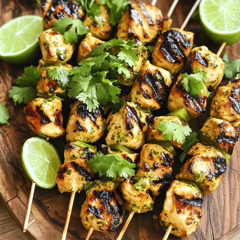 - 1 pound boneless, skinless chicken breasts, cut into 1-inch cubes - 1/4 cup fresh cilantro, chopped - 2 tablespoons lime juice (about 1 lime) - 2 tablespoons olive oil - 2 cloves garlic, minced - 1 teaspoon ground cumin - 1 teaspoon chili powder - 1/2 teaspoon salt - 1/4 teaspoon black pepper - Wooden or metal skewers When I make these skewers, I focus on fresh, simple ingredients. The chicken is the star, so choose high-quality, boneless, skinless chicken breasts. This cut cooks evenly and stays juicy on the grill. Chopping up the chicken into 1-inch cubes helps them cook quickly and evenly. Fresh cilantro adds a bright, herbal flavor. Look for vibrant green leaves, as they have the best taste. Lime juice brings a tangy kick that balances the savory notes. I always use fresh limes for the best flavor, but bottled juice works in a pinch. Olive oil is essential for the marinade. It helps coat the chicken and keeps it moist while grilling. Minced garlic provides a rich aroma and depth of flavor. Ground cumin and chili powder add warmth and a slight spice that makes these skewers pop. For seasoning, salt and black pepper enhance all the other flavors. If you use wooden skewers, remember to soak them in water for 30 minutes. This prevents them from burning on the grill. - Additional spices (like smoked paprika) - Vegetables for skewering (bell peppers, onions, zucchini) You can easily customize these skewers. Try adding other spices like smoked paprika for a unique twist. Grilling veggies alongside the chicken adds color and makes a complete meal. Bell peppers, onions, and zucchini work well. Just cut them into similar sizes to the chicken for even cooking. For the full recipe, check out the details to create these tasty cilantro lime chicken skewers. To make the marinade, gather your ingredients. In a large bowl, combine: - 1/4 cup fresh cilantro, chopped - 2 tablespoons lime juice (about 1 lime) - 2 tablespoons olive oil - 2 cloves garlic, minced - 1 teaspoon ground cumin - 1 teaspoon chili powder - 1/2 teaspoon salt - 1/4 teaspoon black pepper Mix these well until you have a smooth blend. The cilantro and lime juice add a fresh zing that makes this dish pop. Next, take your 1 pound of boneless, skinless chicken breasts, cut into 1-inch cubes. Coat the chicken pieces in the marinade. Make sure each piece gets a good cover. This helps the flavors soak in. Cover the bowl with plastic wrap and refrigerate. Let it marinate for at least 30 minutes, or up to 2 hours for more flavor. When you are ready to grill, preheat your grill or a grill pan over medium heat. If you're using a grill, oil it well to stop the chicken from sticking. Now, thread the marinated chicken onto skewers. Leave a little space between each piece for even cooking. Grill the skewers for about 10-12 minutes. Turn them occasionally until the chicken is cooked through and has nice grill marks. The chicken should reach an internal temperature of 165°F (75°C). Remove the skewers from the grill and let them rest for a few minutes before you serve. For the full recipe, check out the details above. For the best flavor, marinate your chicken for at least 30 minutes. I recommend marinating for up to 2 hours. This allows the meat to soak up all the great flavors from the marinade. When grilling, make sure to oil your grill. This helps prevent the chicken from sticking. Thread the chicken onto skewers with some space between each piece. This helps the heat reach every part of the chicken. To make your dish pop, add lime wedges and chopped cilantro as a garnish. These add color and freshness. For side dishes, consider a fresh avocado salad or fluffy rice. Both pair well with the tangy chicken. You can find the full recipe for these delicious skewers above. {{image_2}} If you want to switch things up, try using shrimp or tofu. Shrimp cooks quickly and soaks up flavors well. Just marinate them like the chicken. If you choose tofu, use firm tofu and press it to remove extra water. Cut it into cubes and marinate. Both options give you tasty skewers with a twist. Grilling seasonal vegetables is a great way to enjoy this dish without meat. You can use bell peppers, zucchini, mushrooms, or cherry tomatoes. Simply coat the veggies in the same marinade. Thread them onto skewers and grill until tender. This method offers a fresh, vibrant taste. For a fun twist, add different herbs or spices to the marinade. Smoked paprika gives a nice smoky flavor. Fresh basil or oregano can bring a new taste that pairs well with lime. Feel free to experiment and find what you love. The flavor possibilities are endless! Check the [Full Recipe] for more details on the base dish. To store leftover cilantro lime chicken skewers, let them cool first. Place them in an airtight container. They stay fresh for up to three days in the fridge. Make sure to seal the container well. This keeps the flavors intact and prevents drying out. If you want to enjoy them later, add a little lime juice before sealing. It helps keep the chicken juicy. You can freeze the skewers for future use. First, let the cooked skewers cool completely. Then, wrap them tightly in plastic wrap. After that, place them in a freezer-safe bag. Label the bag with the date. They can last up to three months in the freezer. When you're ready to eat, thaw them in the fridge overnight before reheating. For the best texture, reheat the skewers in the oven. Preheat your oven to 350°F (175°C). Place the skewers on a baking sheet. Heat them for about 10 to 15 minutes. This keeps them moist and warm. Alternatively, you can use a microwave. Heat in short bursts, checking often. This method is quicker but may make the chicken a bit dry. Enjoy your delicious leftovers! You should marinate the chicken for at least 30 minutes. This time helps the chicken soak up the flavors. For even better taste, try to marinate it for up to 2 hours. The longer you marinate, the more intense the cilantro and lime flavors become. Yes, you can bake the skewers in the oven. Set your oven to 400°F (200°C). Place the skewers on a baking sheet lined with parchment paper. Bake for about 15-20 minutes. Make sure to turn the skewers halfway through. This method gives you a nice, even cook if you do not have a grill. The safe internal temperature for cooked chicken is 165°F (75°C). Use a meat thermometer to check the thickest part of the chicken. This ensures the skewers are safe to eat and juicy. Perfectly cooked chicken is key to a great meal! Cilantro lime chicken skewers are tasty and easy to make. You learned how to marinate chicken and grill it for the best flavor. You can even add veggies or use other proteins like shrimp. Remember to store leftovers properly and follow reheating tips for a quick meal. Enjoy your flavorful skewers at parties or as a simple dinner. With these steps, you’ll impress everyone at the table. Your cooking skills just got a boost!