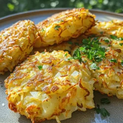 To make crispy breakfast hash browns, you need: - 4 large russet potatoes - 1 small onion, finely chopped - 2 tablespoons all-purpose flour - 1 teaspoon garlic powder - 1 teaspoon paprika - Salt and pepper to taste - 4 tablespoons vegetable oil - Optional: Chopped fresh herbs (like parsley or chives) for garnish Each serving of hash browns provides a good mix of carbs and flavors. This recipe serves four. Each serving contains: - Calories: Approximately 200 - Total fat: 10g - Saturated fat: 1g - Carbohydrates: 30g - Protein: 3g - Fiber: 2g These numbers can change based on how much oil you use. Keep that in mind for your meal plan. Using fresh ingredients makes a huge difference. Fresh potatoes have better flavor and texture. They produce a crispy outside and soft inside. Fresh onions add a sweet note. They enhance the overall taste too. If you can, get local produce. It often tastes better and supports your community. When cooking, always choose the best quality. Trust me; it shows in your dish! For the full recipe, check out the detailed instructions. To start, peel the russet potatoes. This is the first step to great hash browns. Using a box grater or food processor, grate the potatoes. Next, you need to remove excess moisture. Place the grated potatoes in a clean kitchen towel. Twist the towel to squeeze out as much water as you can. This step is vital for crispy hash browns. If you skip it, your hash browns will be soggy. In a large mixing bowl, combine the dried grated potatoes with the finely chopped onion. Add two tablespoons of all-purpose flour. Then, sprinkle in one teaspoon of garlic powder and one teaspoon of paprika. Don’t forget to season with salt and pepper to taste. Mix all the ingredients well until they are evenly combined. This mixture will form the base of your hash browns. Heat two tablespoons of vegetable oil in a non-stick skillet over medium-high heat. Once the oil is hot, scoop about 1/2 cup of the potato mixture. Flatten it into a patty and place it in the skillet. Be careful not to overcrowd the pan. Cook each hash brown for about 4-5 minutes. You want the bottom to be golden brown and crispy. Carefully flip each one and cook the other side for another 4-5 minutes. Once both sides are crispy and golden, transfer the hash browns to a paper towel-lined plate. This helps soak up any extra oil. Repeat with the rest of the mixture, adding more oil as needed. These hash browns are best served warm. You can garnish them with fresh herbs if you like. For the full recipe, check the details above. To get the best crispiness, moisture is your enemy. After grating the potatoes, squeeze out as much water as you can. The drier the potatoes, the crispier the hash browns. You can use a clean kitchen towel for this. Twist it tight! This step is vital for that crunchy texture we all love. I prefer a skillet for cooking hash browns. A non-stick skillet gives a nice, even cook. Use medium-high heat and plenty of oil. You want that golden crust! If using an oven, preheat it to 425°F. Spread the mixture on a baking sheet. Bake for 25-30 minutes, flipping halfway. Both methods work, but the skillet offers a better crunch. One big mistake is overcrowding the skillet. This traps steam and makes the hash browns soggy. Cook in batches for best results. Another mistake is not heating the oil enough. If the oil isn’t hot, the potatoes won't crisp up. Lastly, remember to season well. Salt and pepper can make a big difference in flavor. Keep these tips in mind for perfect hash browns every time! {{image_2}} You can make your crispy breakfast hash browns even tastier. Add cheese for a rich flavor. Cheddar, mozzarella, or pepper jack are great choices. Mix in spices like cayenne for heat or onion powder for extra taste. Fresh herbs like thyme or dill can brighten up the dish. Experiment with your favorite flavors to find your perfect mix! Making hash browns can fit many diets. For a vegan option, skip the eggs and use plant-based oil. Instead of all-purpose flour, try almond flour or oat flour for a gluten-free choice. Just make sure your potatoes are fresh, as they are naturally gluten-free. These swaps keep the dish delicious for everyone. Crispy breakfast hash browns pair well with many foods. Serve them alongside eggs for a hearty breakfast. Bacon or sausage also makes a great match. If you want a lighter meal, top them with avocado or salsa. Adding a side salad can give you a fresh crunch. Try serving your hash browns with a dollop of sour cream or Greek yogurt for a tasty twist. For the full recipe, check the Crispy Breakfast Hash Browns section above. To keep your leftover hash browns fresh, let them cool down first. Place them in an airtight container. You can store them in the fridge for up to three days. Make sure to separate layers with parchment paper. This prevents them from sticking together. When you are ready to enjoy your hash browns again, use a skillet for the best results. Heat the skillet over medium heat. Add a little oil to keep them crispy. Cook for about 3-4 minutes on each side. This method gives you that fresh, crunchy texture. Avoid using the microwave, as it makes them soggy. Freezing your hash browns is easy! First, let them cool completely. Then, arrange them in a single layer on a baking sheet. Freeze them for about an hour until solid. Next, transfer them to a freezer-safe bag. They can stay in the freezer for up to three months. When you're ready to cook, no need to thaw—just fry them straight from the freezer. Enjoy your crispy breakfast hash browns anytime! For the full recipe, click here. The best potatoes for hash browns are russet potatoes. They have high starch content, which helps create a crispy texture. Waxy potatoes, like red or yellow, hold too much moisture. This can lead to soggy hash browns. For a great crunch, stick with russets. Yes, you can make hash browns ahead of time. Prepare them and store in the fridge for up to 24 hours. If you're making a larger batch, you can freeze them too. Just remember to cook them first before freezing. This helps keep the texture nice when you reheat them. To prevent soggy hash browns, remove as much moisture as possible from the grated potatoes. After grating, place them in a clean kitchen towel and squeeze out liquid. Also, make sure to use enough oil and cook them at medium-high heat. This will create a nice, crispy crust. You learned about making crispy hash browns from fresh ingredients. We covered the best potatoes, cooking methods, and helpful tips. You can customize your hash browns with various flavors. Storing and reheating them properly keeps them fresh and tasty. Now you have the tools to enjoy delicious homemade hash browns anytime. Embrace the joy of cooking and share these tips with friends and family. Your perfect hash browns are just a recipe away. Enjoy your cooking!