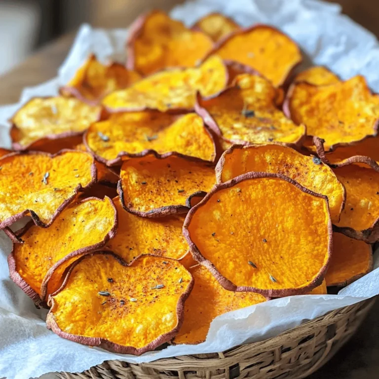 To make baked sweet potato chips, you need just a few simple items: - 2 large sweet potatoes - 2 tablespoons olive oil - 1 teaspoon paprika - 1 teaspoon garlic powder - 1/2 teaspoon sea salt - 1/4 teaspoon black pepper - Optional: 1/4 teaspoon cayenne pepper for spice These ingredients create a tasty base for your chips. Sweet potatoes give a natural sweetness and vibrant color. Olive oil helps them crisp up nicely. You can mix and match seasonings to make your chips unique. Here are some great ideas: - Try adding chili powder for a smoky kick. - Use Italian herbs like oregano or thyme for a fresh taste. - Sprinkle some cinnamon and sugar for a sweet twist. Experiment with different flavors and find your favorite combo. The fun part is that you can customize these chips to suit your taste! Baked sweet potato chips are not only delicious but also healthy. They are a great source of vitamins and fiber. Here are some quick facts: - Calories: Around 150 for a serving of 1 ounce. - Fiber: About 4 grams, which helps with digestion. - Vitamin A: Sweet potatoes are rich in this vitamin, which is good for your eyes. These chips offer a crunchy snack without the guilt. You can enjoy them while knowing you are fueling your body well. If you want the full recipe, check the section above! Start by preheating your oven to 400°F (200°C). This helps the chips cook evenly. Next, wash and peel the sweet potatoes. Use a mandoline or a sharp knife to slice them thinly, about 1/8 inch thick. Thin slices crisp up better. Lay the slices in a large bowl and get ready for seasoning. Pour 2 tablespoons of olive oil over the sweet potato slices. Toss them gently, so each slice gets coated. Now it's time for flavor! Add 1 teaspoon of paprika, 1 teaspoon of garlic powder, 1/2 teaspoon of sea salt, and 1/4 teaspoon of black pepper. If you like heat, toss in 1/4 teaspoon of cayenne pepper. Mix everything well to ensure each chip is covered in seasoning. Arrange the sweet potato slices in a single layer on two baking sheets lined with parchment paper. Avoid overlapping the chips; this helps them cook evenly. Bake for 15 minutes, then flip each chip. Bake for another 10-15 minutes until they are golden and crisp. Keep an eye on them; cooking time can change. Once done, take them out and let them cool for a few minutes. The chips will get even crispier as they cool. Enjoy your homemade baked sweet potato chips! You can find the full recipe for more details. To get that perfect crisp, slice the sweet potatoes thin. Aim for about 1/8 inch. A mandoline works wonders for this. Make sure to coat each slice with oil. This helps them crisp up nicely. Lay the slices flat on the baking sheet. Avoid stacking them; they need space. Bake them until golden. Flip them halfway for even cooking. One common mistake is cutting the slices too thick. Thicker slices won't crisp up as well. Skipping the oil is another error. Oil helps with browning and crispiness. Also, don’t overcrowd the baking sheet. If the chips touch, they may steam instead of bake. Keep an eye on the chips. They can go from perfect to burnt quickly. A mandoline slicer is your best friend for even slices. Parchment paper helps prevent sticking and makes cleanup easy. Use a pair of baking sheets to maximize your batch size. An oven thermometer is handy to check your oven's true temperature. This ensures even baking and perfect results. For serving, a rustic basket or colorful plate adds charm to your snacks. For the complete guide, check the Full Recipe. {{image_2}} You can change the flavor of your baked sweet potato chips easily. For a spicy kick, add cayenne pepper to your mix. If you prefer sweet chips, sprinkle cinnamon and a touch of brown sugar instead. You can even mix flavors! Try half spicy and half sweet for a fun snack. Other great seasonings include chili powder, rosemary, or even smoked paprika. Each choice creates a new taste experience. Dips make your sweet potato chips even better. You can pair them with hummus for a creamy and healthy option. Guacamole adds a rich texture that complements the chips well. If you like a little heat, try them with a spicy salsa. Yogurt-based dips, like tzatziki, also work nicely. Feel free to get creative! Each dip can change the flavor and make your snack more exciting. If you want to try a faster method, use an air fryer. Preheat your air fryer to 375°F (190°C). Place the sweet potato slices in a single layer in the basket. Cook for about 10-15 minutes, shaking halfway through. This method gives you crispy chips with less oil. You can also try pan-frying them in a little oil for a quicker option. Each method has its perks, so choose what fits your time and taste! For the full recipe, check out the detailed steps to make these delicious chips. To keep your baked sweet potato chips fresh, store them in an airtight container. A zip-top bag works well too. Make sure the chips cool completely before sealing. This helps prevent moisture from ruining their crispiness. Keep the container in a cool, dry place, away from sunlight. When you want to enjoy your chips again, reheat them in the oven. Preheat your oven to 350°F (175°C). Spread the chips on a baking sheet in a single layer. Bake for about 5 to 10 minutes until they are warm and crispy again. Avoid the microwave, as it can make the chips soggy. Baked sweet potato chips last for about 4 to 7 days at room temperature. For longer storage, you can freeze them. Place the cooled chips in a single layer on a baking sheet and freeze for about an hour. After that, transfer them to an airtight bag or container. They can stay frozen for up to 3 months. When ready to eat, bake them from frozen for a quick, crispy snack. For the full recipe, check out the main sections of the article! Yes, you can make baked sweet potato chips without oil. Just slice the sweet potatoes thinly. Then, season them with spices like paprika and garlic powder. Place them on a baking sheet lined with parchment paper. Bake them until they are crispy. The natural sugars in the sweet potatoes help them crisp up. However, a little oil adds flavor and helps with the crunch. If your sweet potato chips are not crispy, it might be due to a few reasons. First, check the thickness of your slices. They should be about 1/8 inch thick. If they are too thick, they won’t cook evenly. Second, avoid overlapping the slices on the baking sheet. This allows hot air to circulate around each chip. Lastly, ensure your oven is at the right temperature. Baking at 400°F (200°C) is ideal for crispiness. To add more flavor to your sweet potato chips, try different spices. You can use cumin, chili powder, or even cinnamon for a sweet twist. Consider adding herbs like rosemary or thyme. Mixing up the spices keeps things interesting. For a kick, add a pinch of cayenne pepper. You can also sprinkle some cheese powder after baking for a cheesy taste. If you want a unique flavor, try the [Full Recipe] for more ideas. Baked sweet potato chips are simple to make with just a few ingredients. We covered the best ways to prepare and season them. I shared tips for making them nice and crispy, plus different flavors to try. Storing and reheating your chips is easy, too. Enjoy experimenting with these tasty snacks! With practice, you'll make a batch that everyone loves. Remember, you can adjust flavors and methods to suit your taste. Happy cooking!