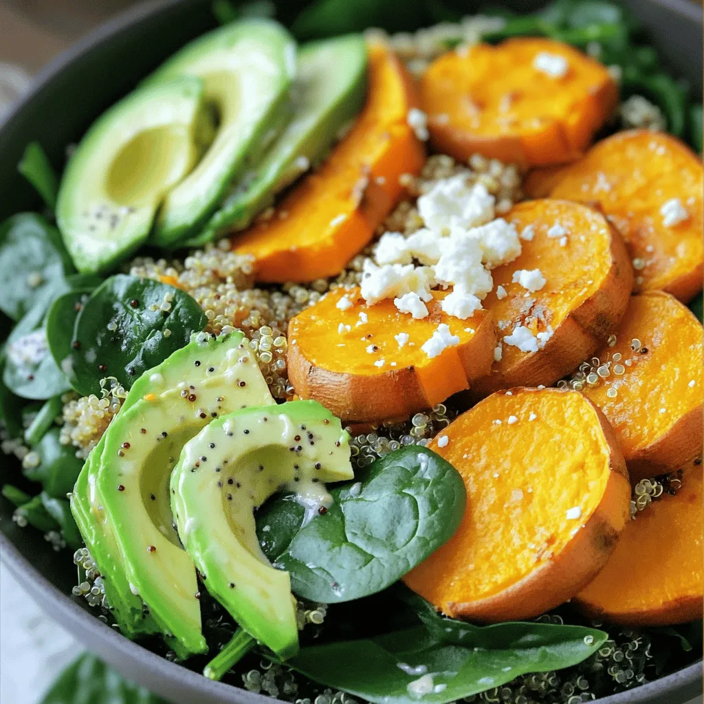 - 1 cup quinoa, rinsed - 2 medium sweet potatoes, peeled and diced - 1 tablespoon olive oil - 1 teaspoon smoked paprika - 1/2 teaspoon garlic powder - Salt and pepper to taste - 2 cups fresh spinach - 1/2 cup chickpeas, drained and rinsed - 1 avocado, sliced - 1/4 cup feta cheese, crumbled (optional) - 2 tablespoons tahini or your favorite dressing - Each serving has about 410 calories. - Contains 60g carbs, 14g protein, and 15g fats. - Sweet potatoes are rich in vitamins A and C. - Quinoa adds protein and fiber, making this dish filling. - Spinach provides iron and antioxidants, boosting health benefits. For the full recipe, check the Sweet Potato Quinoa Bowl section above. - Preheat the oven to 425°F (220°C). - Toss diced sweet potatoes with olive oil and spices. To get started, I always begin by heating the oven. This step is key for roasting. Next, grab your sweet potatoes. Dice them into small pieces for even cooking. In a large bowl, mix the sweet potatoes with olive oil. Add smoked paprika, garlic powder, salt, and pepper. Toss until every piece is well coated. This mix will add great flavor to your bowl. - Roast sweet potatoes for 25-30 minutes. - Cook quinoa by boiling and simmering. Spread the sweet potatoes on a baking tray lined with parchment paper. Roast them for 25 to 30 minutes. Halfway through, flip them for even browning. While they roast, it’s time to cook the quinoa. In a medium saucepan, combine the rinsed quinoa with 2 cups of water. Bring it to a boil. Then reduce the heat to low. Cover and let it simmer for about 15 minutes. Once done, fluff the quinoa with a fork. It should be light and fluffy. - Combine cooked quinoa, sweet potatoes, spinach, and chickpeas. - Drizzle with tahini and toss gently. In a large bowl, mix the cooked quinoa, roasted sweet potatoes, fresh spinach, and chickpeas. Drizzle tahini over the top. This adds a creamy texture. Gently toss everything together until mixed well. Each bite will be packed with flavor and nutrients. For a perfect finish, you can add sliced avocado and crumbled feta cheese if you like. This dish is colorful and full of life. Enjoy your Sweet Potato Quinoa Bowl! For the full details, check out the [Full Recipe]. To cook quinoa perfectly, rinse it first. This removes the bitter coating. Use a 2:1 water-to-quinoa ratio. Bring water to a boil, then lower the heat. Cover and simmer for about 15 minutes. Once cooked, fluff it with a fork. This keeps it light and fluffy. For sweet potatoes, preheat your oven to 425°F (220°C). Cut them into small cubes for even cooking. Toss them with olive oil and spices. Spread them on a baking tray in one layer. Roast for 25 to 30 minutes. Flip them halfway for perfect browning. Serve this bowl in deep dishes to showcase the colors. Layer the quinoa, then add the roasted sweet potatoes. Top with fresh spinach, chickpeas, and sliced avocado. Crumbled feta adds a nice touch. You can also drizzle tahini over the top for extra flavor. Pair it with a fresh salad or a light soup. These sides balance the meal and add nutrition. Make this bowl vegan by skipping the feta. You can replace it with more avocado or nuts. For gluten-free options, quinoa is a great choice. It’s naturally gluten-free. You can swap chickpeas for black beans or lentils for added protein. Try different dressings, like balsamic or lemon vinaigrette, to change the flavor. Personalize it to suit your taste! For the full recipe, check the Sweet Potato Quinoa Bowl. {{image_2}} You can mix things up with your Sweet Potato Quinoa Bowl. Try different veggies to keep it fresh. Bell peppers add a sweet crunch. Zucchini gives a nice flavor and color. You can also swap out chickpeas for black beans or lentils. These legumes boost protein and fiber. They make your bowl even more filling. Want to add a kick? Use spices like cumin or chili powder. These spices bring warmth and depth to the dish. You can also sprinkle some nuts or seeds on top. They add crunch and healthy fats. Try pumpkin seeds or chopped walnuts. They make your bowl more exciting and tasty. Change your bowl with the seasons. In spring, add fresh peas and asparagus. Summer is great for ripe tomatoes and corn. Fall calls for roasted squash or kale. Winter means hearty greens like Brussels sprouts. Using seasonal ingredients keeps your meal fresh and flavorful. You can enjoy new tastes all year round. To keep your Sweet Potato Quinoa Bowl fresh, store leftovers in an airtight container. Place it in the fridge as soon as possible. It stays fresh for about 3 to 5 days. Before eating, check for any signs of spoilage. If it looks and smells good, you can enjoy it! You can freeze the Sweet Potato Quinoa Bowl for longer storage. First, let it cool completely. Then, portion it into freezer-safe bags or containers. Remove as much air as you can to prevent freezer burn. It can last up to 3 months in the freezer. When you’re ready to eat, thaw it overnight in the fridge. Reheat it on the stove or in the microwave until it's hot. Meal prep makes busy days easier. Cook a batch of the Sweet Potato Quinoa Bowl and portion it into containers. You can prepare the quinoa and sweet potatoes ahead of time. Store them in the fridge for quick meals. This way, you can grab a bowl whenever you need a healthy meal. Yes, you can make this Sweet Potato Quinoa Bowl ahead of time. It stores well in the fridge. Cook the sweet potatoes and quinoa in advance. Let them cool before storing. Place them in airtight containers. They stay fresh for about four days. You can also prep the spinach and chickpeas ahead. Just add avocado and dressing before serving to keep things fresh. This bowl is perfect for meal prepping. You can prepare individual portions easily. Store each serving in a separate container. Keep the dressing in a small jar to avoid sogginess. When you’re ready to eat, just mix everything together. This makes it fast and easy to enjoy a healthy meal anytime. Yes, you can make this bowl without quinoa. You can try other grains like brown rice or farro. If you want a no-grain option, use cauliflower rice. It adds a nice texture and keeps the bowl light. Feel free to mix and match grains based on your taste. Experimenting can lead to new favorite flavors! You’ve learned how to make a delicious Sweet Potato Quinoa Bowl. We covered the main ingredients, preparation steps, and tips for cooking and serving. I shared ways to customize the dish for your diet. Remember, you can use seasonal veggies and adjust flavors as you like. This meal is not only tasty but also nutritious. Enjoy making it your own, and feel confident sharing it with others. Happy cooking!