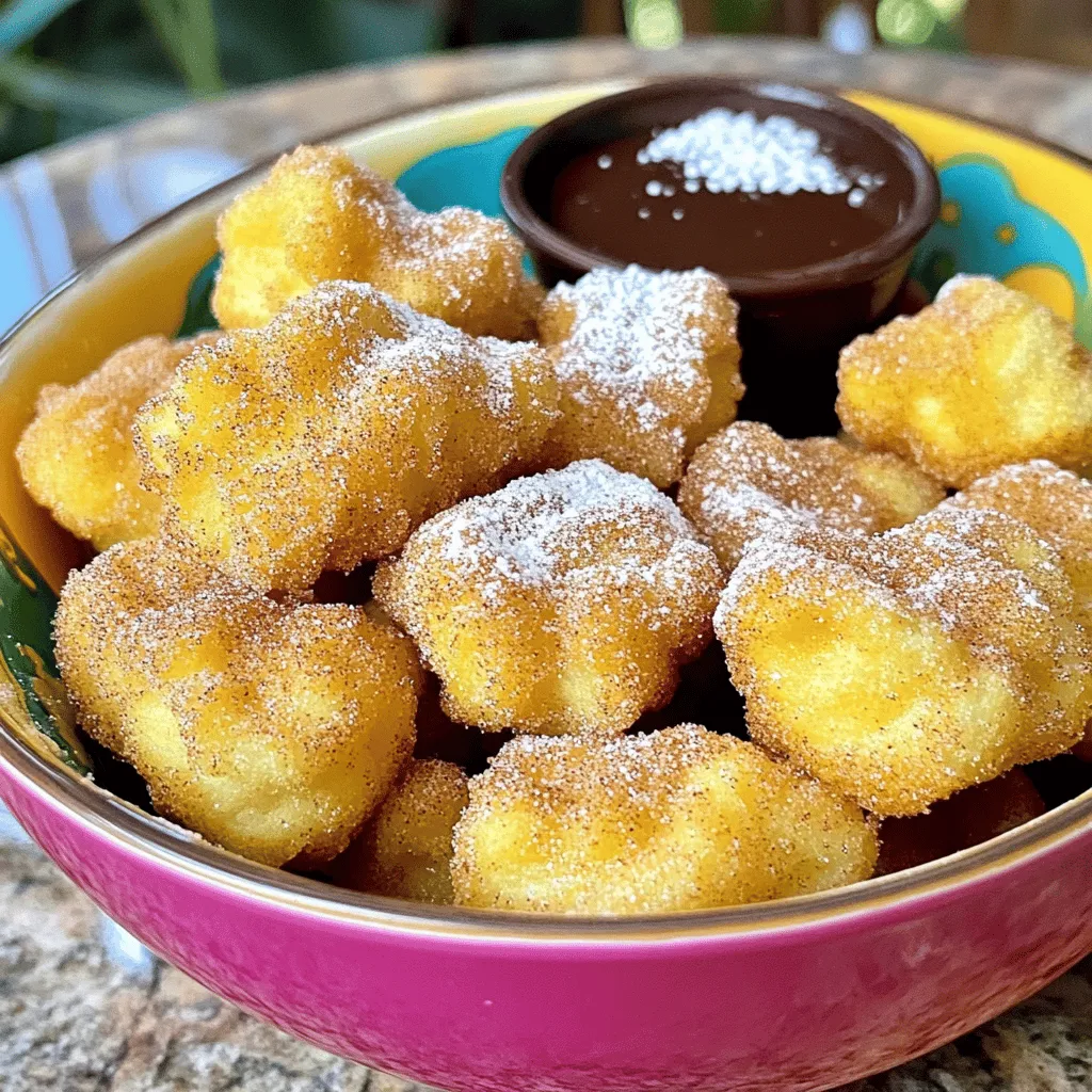 To make savory air fryer churro bites, gather these simple ingredients: - 1 cup all-purpose flour - 1 cup water - 1/4 cup granulated sugar (for dough) - 1/4 cup unsalted butter - 1 teaspoon vanilla extract - 1/2 teaspoon salt - 1/2 teaspoon cinnamon (for dough, plus extra for coating) - 2 large eggs - 1 cup granulated sugar (for coating) - Cooking spray Using these ingredients, you can create a delightful snack. The combination of flour, sugar, and cinnamon gives the churro bites their classic flavor. The butter adds richness, while the eggs help the dough rise and stay fluffy. When you mix the dough, the water and butter create steam, which puffs up these bites in the air fryer. The cinnamon sugar coating adds a sweet finish. For a full recipe, follow the steps carefully to ensure your churro bites turn out perfectly. Enjoy your cooking! Start by combining the following in a medium saucepan: - 1 cup water - 1/4 cup granulated sugar - 1/4 cup unsalted butter - 1/2 teaspoon salt - 1/2 teaspoon cinnamon Next, bring this mixture to a boil over medium heat. Once it boils, remove the saucepan from heat and add 1 cup of all-purpose flour. Stir quickly until the dough forms a ball and pulls away from the sides of the pan. This step is crucial for creating the right texture in your churros. Let the dough cool for about 5 minutes. Then, add 2 large eggs, one at a time. Mix well after each egg until the dough is smooth and glossy. This will give your churros the perfect rise and texture. Now, transfer the dough to a piping bag fitted with a star-shaped nozzle. Pipe small pieces of dough, about 1 inch in size, onto a parchment-lined tray or directly into the air fryer basket. Make sure they don’t touch each other. Preheat your air fryer to 375°F (190°C). Lightly spray the churro bites with cooking spray. This helps achieve that golden-brown finish. Cook them for 8-10 minutes, flipping halfway through for even cooking. While they cook, mix 1 cup of granulated sugar and an extra teaspoon of cinnamon in a shallow dish for coating. Once cooked, immediately coat the churro bites in this cinnamon sugar mixture while they are still warm. This will enhance their flavor and make them irresistible. For more details, check out the Full Recipe. To get the best texture, cool the dough before adding eggs. This step helps keep your churro bites light and airy. If you skip this, the dough may become too runny. After cooling, add the eggs one at a time. Mix well to achieve a smooth and glossy dough. For a golden-brown finish, lightly spray the churro bites with cooking spray before air frying. This allows them to crisp up nicely. For even coating in cinnamon sugar, mix sugar and cinnamon in a shallow dish. Once your churro bites are cooked, coat them right away while they are warm. This makes the cinnamon sugar stick better. Toss them gently to ensure every bite gets a nice layer of sweetness. Timing is key; the heat from the churro bites helps the coating adhere. Churro bites are best served warm. Pair them with a dipping sauce like chocolate or dulce de leche. A side of warm sauce brings out the sweet flavors. For presentation, serve them in a fun bowl. You can even dust them with powdered sugar for a festive touch. This makes them perfect for parties or gatherings. If you want to impress, use the Full Recipe as a guide to create a beautiful spread. {{image_2}} You can add fun flavors to your churro bites. Try mixing in chocolate chips or a bit of coffee extract for a unique twist. These flavors pair well with the sweetness. For a spicy kick, consider adding cayenne or nutmeg to the cinnamon sugar coating. These spices bring warmth and depth to your snack. If you need a gluten-free version, swap the all-purpose flour with gluten-free flour. This change can affect the dough's texture. You might need to add a little more water to get the right consistency. Always check the flour package for the best results. If you prefer baking, you can make churro bites in the oven. Preheat it to 400°F (200°C). Pipe the dough onto a baking sheet lined with parchment paper. Bake for 15-20 minutes until golden brown. The texture will be a bit different from air-frying but still tasty. Air-fried churro bites are crispier, while baked ones are softer. Each method has its charm, so try both! For the full recipe, check out the details above. To keep your churro bites fresh, store them in an airtight container. This helps preserve their taste and texture. I recommend placing parchment paper between layers to avoid sticking. Store them at room temperature for up to two days. If you want them to last longer, refrigerate for up to a week. Just remember, they are best enjoyed fresh! When it comes to reheating churro bites, the air fryer is the best method. It keeps them crispy and warm. Simply preheat your air fryer to 350°F (175°C) and heat for about 3-4 minutes. You can use a microwave too, but it may make them soft. If you use the microwave, heat for 10-15 seconds. Check to see if they are warm enough. Enjoy your churro bites again with that delightful texture! How long do churro bites last in storage? Churro bites can last for about two days in an airtight container. Store them at room temperature. They may lose some crispiness over time, but they will still taste good. Can I freeze churro dough? Yes, you can freeze churro dough. Wrap it tightly in plastic wrap, then place it in a freezer bag. It can last for up to three months. When you're ready to use it, thaw it in the fridge overnight. What is the best way to serve air fryer churro bites? Serve churro bites warm for the best taste. Pair them with a bowl of warm chocolate sauce or dulce de leche for dipping. You can also sprinkle powdered sugar on top for a fun touch. Enjoy them with a friend or as a special snack! You learned how to make delicious churro bites from scratch. We covered the simple ingredients, step-by-step cooking, and tips for the best results. Variations like chocolate infusions and gluten-free options bring fun twists. Storing and reheating tips help keep them fresh. Now you can impress family and friends with tasty churro bites. Enjoy experimenting with flavors and serving ideas. Happy cooking!