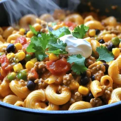 One Pot Taco Pasta is simple and fun to make. Here’s what you need: - 12 oz (340g) elbow macaroni - 1 lb (450g) ground turkey or beef - 1 medium onion, diced - 3 cloves garlic, minced - 1 packet taco seasoning - 1 can (14 oz) diced tomatoes with green chilies - 4 cups chicken or vegetable broth - 1 cup black beans, drained and rinsed - 1 cup corn (fresh or frozen) - 1 cup shredded cheddar cheese - 1 tablespoon olive oil - Salt and pepper, to taste - Fresh cilantro, for garnish - Sour cream or Greek yogurt, for serving Serving Size This recipe serves about 4 to 6 people. You can easily adjust the amount for your needs. Common Substitutes - Instead of elbow macaroni, you can use any pasta shape you like. - Ground turkey can be swapped with ground chicken or beef. - Use fresh tomatoes if you prefer over canned ones. - If you’re out of black beans, kidney beans work well too. - For a cheesy twist, try mozzarella instead of cheddar. - You can skip the meat for a vegetarian option and use lentils. This recipe is flexible, so feel free to get creative! You can find the full recipe above for all the details. To start, grab a large pot or Dutch oven. Heat one tablespoon of olive oil over medium heat. Once hot, toss in one diced onion. Sauté it for about three to four minutes until it looks clear. Next, add three cloves of minced garlic and cook for one more minute. You want that garlic to smell great! Now, raise the heat to medium-high. Add one pound of ground turkey or beef. Break it up with a spoon as it cooks. Keep stirring until it turns brown, around five to seven minutes. If there’s extra fat, drain it out. Sprinkle in one packet of taco seasoning, mixing it well. This will give your meat that tasty taco flavor. Pour in one can of diced tomatoes with green chilies, along with four cups of chicken or vegetable broth. Stir everything together. Now, it’s time for the pasta! Add twelve ounces of elbow macaroni, one cup of black beans (drained and rinsed), and one cup of corn. Bring the mix to a boil, then reduce the heat to a simmer. Cover the pot and let it cook for about ten to twelve minutes. Stir occasionally to keep the pasta from sticking. Once the pasta is cooked and tender, take the pot off the heat. Stir in one cup of shredded cheddar cheese until it melts. This will make your dish creamy and delicious! Season with salt and pepper to taste. Serve this hot, and if you like, garnish with fresh cilantro. A dollop of sour cream or Greek yogurt on top makes it even better. For the full recipe, check out the details above. Enjoy your One Pot Taco Pasta! Spice Level Adjustments If you love heat, add more chili powder or diced jalapeños. For milder flavors, reduce the taco seasoning. You can also serve hot sauce on the side. This way, everyone can adjust the heat to their liking. Vegetarian Alternatives You can make this dish meatless. Swap the ground turkey for lentils or black beans. Use vegetable broth instead of chicken broth. Add more veggies like bell peppers or zucchini for extra flavor and nutrition. Additional Toppings Suggestions Top your pasta with fresh toppings. Try diced avocado, sliced olives, or chopped green onions. A sprinkle of lime juice brightens the dish. You can also switch up the cheese. Use pepper jack for a spicy kick or a blend of cheeses for depth. These small changes can make your One Pot Taco Pasta feel new each time. For more ideas, check the Full Recipe. {{image_2}} You can switch up the protein in this dish for more fun. - Ground Chicken or Plant-Based Meat: You can use ground chicken instead of beef or turkey. It's leaner and cooks just as well. If you want a veggie option, try plant-based meat. Many brands taste great and have a nice texture. - Seafood Variation: For a twist, use shrimp or fish. Add them in the last few minutes of cooking. This keeps them tender and juicy. - Meat-Free Alternatives: If you want to skip meat, use lentils or chickpeas. They add protein and fiber, making the dish filling. Feel free to change the sauce to fit your taste. - Creamy Taco Style: For a creamy version, mix in some cream cheese or sour cream. This adds a rich taste and smooth texture. - Tomato-Based Options: If you love tomatoes, use marinara or a spicy salsa. These options bring extra flavor and make the dish even more colorful. These variations keep your One Pot Taco Pasta exciting. You can try new flavors every week! For the full recipe, check out the details above. After you enjoy your One Pot Taco Pasta, store any leftovers properly. - Refrigeration Guidelines: Allow the pasta to cool for about 30 minutes. Then, place it in an airtight container. It can stay in the fridge for up to 3 days. Make sure to label the container with the date you made it. This helps you keep track. - Freezing Tips: If you want to keep it longer, freezing is a great option. Transfer the cooled pasta to a freezer-safe container. It can last for up to 3 months in the freezer. For best results, divide it into smaller portions. This way, you can thaw only what you need. When it's time to enjoy your leftovers, reheating them properly makes a big difference. - Best Methods for Microwave: For quick reheating, use the microwave. Place the pasta in a microwave-safe bowl. Add a splash of water or broth to keep it moist. Cover it loosely with a microwave-safe lid or wrap. Heat it in short bursts of one minute, stirring in between. This helps it heat evenly. - Best Methods for Stovetop: For stovetop reheating, use a non-stick skillet over low heat. Add a splash of water or broth to prevent sticking. Stir often until it's heated through. This method keeps the pasta creamy and tasty. Make sure to check the temperature. It should be at least 165°F (74°C) before serving. Enjoy your delicious meal again! Can I make this recipe gluten-free? Yes, you can! Use gluten-free pasta. There are many options available. Just check the package to ensure it's gluten-free. How can I make it spicier? To add heat, include diced jalapeños or a splash of hot sauce. You can also use spicy taco seasoning. Adjust to fit your taste. What to serve with One Pot Taco Pasta? This dish pairs well with a simple salad or garlic bread. You might also enjoy tortilla chips or fresh guacamole on the side. How long can leftovers last in the fridge? Leftovers can last about three to four days in the fridge. Store them in an airtight container for best results. Can I add vegetables to this recipe? Absolutely! You can add bell peppers, zucchini, or spinach. Just chop them up and toss them in with the meat. What can I use instead of taco seasoning? If you don't have taco seasoning, mix chili powder, cumin, garlic powder, and onion powder. This blend gives a similar flavor boost. For the full recipe, check out the One Pot Taco Pasta details. This blog post covered how to make One Pot Taco Pasta easily. We discussed the ingredients, preparation steps, and tips for customization. You learned about variations, storage tips, and answered common questions. This dish is quick, fun, and always tasty. Experiment with flavors to make it your own. Enjoy your cooking adventure!