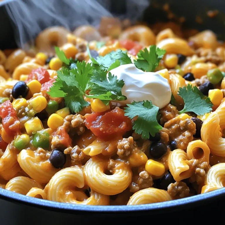 One Pot Taco Pasta is simple and fun to make. Here’s what you need: - 12 oz (340g) elbow macaroni - 1 lb (450g) ground turkey or beef - 1 medium onion, diced - 3 cloves garlic, minced - 1 packet taco seasoning - 1 can (14 oz) diced tomatoes with green chilies - 4 cups chicken or vegetable broth - 1 cup black beans, drained and rinsed - 1 cup corn (fresh or frozen) - 1 cup shredded cheddar cheese - 1 tablespoon olive oil - Salt and pepper, to taste - Fresh cilantro, for garnish - Sour cream or Greek yogurt, for serving Serving Size This recipe serves about 4 to 6 people. You can easily adjust the amount for your needs. Common Substitutes - Instead of elbow macaroni, you can use any pasta shape you like. - Ground turkey can be swapped with ground chicken or beef. - Use fresh tomatoes if you prefer over canned ones. - If you’re out of black beans, kidney beans work well too. - For a cheesy twist, try mozzarella instead of cheddar. - You can skip the meat for a vegetarian option and use lentils. This recipe is flexible, so feel free to get creative! You can find the full recipe above for all the details. To start, grab a large pot or Dutch oven. Heat one tablespoon of olive oil over medium heat. Once hot, toss in one diced onion. Sauté it for about three to four minutes until it looks clear. Next, add three cloves of minced garlic and cook for one more minute. You want that garlic to smell great! Now, raise the heat to medium-high. Add one pound of ground turkey or beef. Break it up with a spoon as it cooks. Keep stirring until it turns brown, around five to seven minutes. If there’s extra fat, drain it out. Sprinkle in one packet of taco seasoning, mixing it well. This will give your meat that tasty taco flavor. Pour in one can of diced tomatoes with green chilies, along with four cups of chicken or vegetable broth. Stir everything together. Now, it’s time for the pasta! Add twelve ounces of elbow macaroni, one cup of black beans (drained and rinsed), and one cup of corn. Bring the mix to a boil, then reduce the heat to a simmer. Cover the pot and let it cook for about ten to twelve minutes. Stir occasionally to keep the pasta from sticking. Once the pasta is cooked and tender, take the pot off the heat. Stir in one cup of shredded cheddar cheese until it melts. This will make your dish creamy and delicious! Season with salt and pepper to taste. Serve this hot, and if you like, garnish with fresh cilantro. A dollop of sour cream or Greek yogurt on top makes it even better. For the full recipe, check out the details above. Enjoy your One Pot Taco Pasta! Spice Level Adjustments If you love heat, add more chili powder or diced jalapeños. For milder flavors, reduce the taco seasoning. You can also serve hot sauce on the side. This way, everyone can adjust the heat to their liking. Vegetarian Alternatives You can make this dish meatless. Swap the ground turkey for lentils or black beans. Use vegetable broth instead of chicken broth. Add more veggies like bell peppers or zucchini for extra flavor and nutrition. Additional Toppings Suggestions Top your pasta with fresh toppings. Try diced avocado, sliced olives, or chopped green onions. A sprinkle of lime juice brightens the dish. You can also switch up the cheese. Use pepper jack for a spicy kick or a blend of cheeses for depth. These small changes can make your One Pot Taco Pasta feel new each time. For more ideas, check the Full Recipe. {{image_2}} You can switch up the protein in this dish for more fun. - Ground Chicken or Plant-Based Meat: You can use ground chicken instead of beef or turkey. It's leaner and cooks just as well. If you want a veggie option, try plant-based meat. Many brands taste great and have a nice texture. - Seafood Variation: For a twist, use shrimp or fish. Add them in the last few minutes of cooking. This keeps them tender and juicy. - Meat-Free Alternatives: If you want to skip meat, use lentils or chickpeas. They add protein and fiber, making the dish filling. Feel free to change the sauce to fit your taste. - Creamy Taco Style: For a creamy version, mix in some cream cheese or sour cream. This adds a rich taste and smooth texture. - Tomato-Based Options: If you love tomatoes, use marinara or a spicy salsa. These options bring extra flavor and make the dish even more colorful. These variations keep your One Pot Taco Pasta exciting. You can try new flavors every week! For the full recipe, check out the details above. After you enjoy your One Pot Taco Pasta, store any leftovers properly. - Refrigeration Guidelines: Allow the pasta to cool for about 30 minutes. Then, place it in an airtight container. It can stay in the fridge for up to 3 days. Make sure to label the container with the date you made it. This helps you keep track. - Freezing Tips: If you want to keep it longer, freezing is a great option. Transfer the cooled pasta to a freezer-safe container. It can last for up to 3 months in the freezer. For best results, divide it into smaller portions. This way, you can thaw only what you need. When it's time to enjoy your leftovers, reheating them properly makes a big difference. - Best Methods for Microwave: For quick reheating, use the microwave. Place the pasta in a microwave-safe bowl. Add a splash of water or broth to keep it moist. Cover it loosely with a microwave-safe lid or wrap. Heat it in short bursts of one minute, stirring in between. This helps it heat evenly. - Best Methods for Stovetop: For stovetop reheating, use a non-stick skillet over low heat. Add a splash of water or broth to prevent sticking. Stir often until it's heated through. This method keeps the pasta creamy and tasty. Make sure to check the temperature. It should be at least 165°F (74°C) before serving. Enjoy your delicious meal again! Can I make this recipe gluten-free? Yes, you can! Use gluten-free pasta. There are many options available. Just check the package to ensure it's gluten-free. How can I make it spicier? To add heat, include diced jalapeños or a splash of hot sauce. You can also use spicy taco seasoning. Adjust to fit your taste. What to serve with One Pot Taco Pasta? This dish pairs well with a simple salad or garlic bread. You might also enjoy tortilla chips or fresh guacamole on the side. How long can leftovers last in the fridge? Leftovers can last about three to four days in the fridge. Store them in an airtight container for best results. Can I add vegetables to this recipe? Absolutely! You can add bell peppers, zucchini, or spinach. Just chop them up and toss them in with the meat. What can I use instead of taco seasoning? If you don't have taco seasoning, mix chili powder, cumin, garlic powder, and onion powder. This blend gives a similar flavor boost. For the full recipe, check out the One Pot Taco Pasta details. This blog post covered how to make One Pot Taco Pasta easily. We discussed the ingredients, preparation steps, and tips for customization. You learned about variations, storage tips, and answered common questions. This dish is quick, fun, and always tasty. Experiment with flavors to make it your own. Enjoy your cooking adventure!