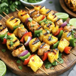 - 1 lb chicken breast, cut into 1-inch cubes - 1 cup fresh pineapple, cut into 1-inch cubes - 1 red bell pepper, cut into 1-inch pieces - 1 green bell pepper, cut into 1-inch pieces - 1 small red onion, cut into wedges Chicken breast is the star of this dish. It cooks quickly and soaks up all the yummy flavors. Fresh pineapple adds sweetness and helps to tenderize the chicken. The bell peppers give a nice crunch and color. The red onion adds a bit of sharpness, balancing the sweet and savory. - 3 tablespoons olive oil - 2 tablespoons soy sauce - 1 tablespoon honey - 1 teaspoon garlic powder - 1 teaspoon ginger powder - Salt and pepper to taste This marinade brings all the magic. Olive oil keeps everything moist. Soy sauce adds a salty depth, while honey gives a sweet touch. Garlic and ginger provide warmth and flavor. A pinch of salt and pepper makes it complete. Marinating the chicken lets all these flavors soak in, making each bite delightful. - Skewers (wooden or metal) Skewers are essential to this recipe. If you use wooden skewers, soak them in water for about 30 minutes. This stops them from burning on the grill. Metal skewers are also great and can be reused. Choose what works best for you! For the full recipe, check out the details on how to bring this dish to life! To start, gather your ingredients for the marinade. In a medium bowl, combine: - 3 tablespoons olive oil - 2 tablespoons soy sauce - 1 tablespoon honey - 1 teaspoon garlic powder - 1 teaspoon ginger powder - Salt and pepper to taste Whisk these together until smooth. The marinade brings out the best flavors in the chicken and veggies. Marinating time is key. Let the chicken sit in the marinade for at least 30 minutes. This allows the flavors to soak in well. Next, it's time to thread the chicken and veggies onto skewers. Grab your soaked wooden skewers or metal ones. Start with a piece of marinated chicken. Then, add a chunk of pineapple, followed by a piece of red bell pepper. Keep alternating the ingredients for a colorful look. It makes the skewers fun and tasty. Make sure to leave a little space between each piece. This helps them cook evenly. You can fit about 4-5 pieces of each ingredient on one skewer. Now, let’s cook these tasty skewers! Preheat your grill or grill pan over medium-high heat. Once hot, place the skewers on the grill. Cook them for about 10-12 minutes. Turn them often to avoid burning. You want the chicken to reach an internal temperature of 165°F (74°C). The veggies should have nice grill marks. If you do not have a grill, you can bake or broil the skewers. Set your oven to 400°F (200°C) and bake for 15-20 minutes. Broiling is faster. Just keep a close eye on them. For the full recipe, check out the details in the earlier sections! - Optimal grill temperature and cooking time: Heat your grill to medium-high, around 400°F. Cook the skewers for about 10-12 minutes. - Ensuring even cooking of chicken: Turn the skewers every few minutes. This helps cook the chicken evenly and gets nice grill marks. - Suggested spices and herbs for added flavor: Use cumin, paprika, or fresh herbs like cilantro. They add great depth to the dish. - Alternative marinades: Try a teriyaki sauce or a spicy sriracha mix. They can bring new flavors to your skewers. - Garnishing ideas for serving: Sprinkle chopped cilantro on top. Add lime wedges for extra zest. - Serving suggestions for accompaniments: Serve with rice or a fresh salad. These sides balance the flavors and add color to your plate. For the full recipe, check out the Tropical Pineapple Chicken Skewers. {{image_2}} If you’re looking for a change, swap out the chicken. Tofu works well for a vegetarian option. It absorbs flavors nicely. Shrimp is another tasty alternative. It cooks quickly and adds a sweet touch. You can also try using different vegetables. Zucchini, mushrooms, or cherry tomatoes can add variety. Just make sure they cut to a similar size. This helps them cook evenly on the skewers. Want to mix things up? Try adding coconut milk to the marinade. This gives the dish a tropical twist. It adds creaminess and enhances the pineapple flavor. For those who love heat, a spicy marinade can be great. Add some chili flakes or sriracha for a kick. You can also use fresh herbs like cilantro or basil. They give extra flavor and freshness to the skewers. If you need gluten-free options, don’t worry! Use gluten-free soy sauce instead. There are many brands available that taste great. Also, check your honey. Some brands might add gluten-containing ingredients. Be sure to read the labels. For those with other dietary needs, adjust your ingredients. You can use different oils or sweeteners based on your preferences. This way, everyone can enjoy the tasty flavors of the skewers. For the Full Recipe, see the previous sections. To keep your leftover Pineapple Chicken Skewers fresh, store them in an airtight container. This way, the flavors stay intact. You can refrigerate them for up to three days. Make sure to let them cool before sealing. If you want to keep them longer, freezing is a great option. You can freeze both cooked and uncooked skewers, but they freeze differently. For cooked skewers, let them cool and then wrap them tightly. They can last for up to three months in the freezer. If you freeze uncooked skewers, marinate the chicken first. When ready to cook, thaw them overnight in the fridge. This method keeps the taste fresh. To reheat your leftovers, I recommend using the oven or a grill. For the oven, preheat to 350°F (175°C) and place the skewers on a baking sheet. Heat for about 10-15 minutes. If using a grill, warm it up to medium heat and grill the skewers for a few minutes until heated through. This helps maintain the flavor and texture of the chicken and veggies. You should marinate the chicken for at least 30 minutes. This time lets the chicken soak up all the tasty flavors. For even more flavor, you can marinate it for up to 4 hours. Just make sure to keep it in the fridge while it marinates. Yes, you can use frozen chicken. Just remember to thaw it first. The best way to thaw chicken is in the fridge overnight. If you're in a hurry, you can use the microwave. Just be careful not to cook it while thawing. Once it is thawed, you can cut it and marinate it as usual. Pineapple chicken skewers go well with many sides. Here are some great options: - Rice (white or brown) - Quinoa - Coleslaw - Grilled veggies - Green salad These sides add color and taste, making your meal even better. To add heat to your skewers, try these ideas: - Add red pepper flakes to the marinade. - Use a spicy sauce, like sriracha, in the marinade. - Add diced jalapeños to the skewers. These options let you control the spice level and make it just right for your taste. Don't forget to have fun with it! For the full recipe, check out the [Full Recipe]. Pineapple chicken skewers are easy to make and fun to eat. We covered the best ingredients, how to marinate, and cooking methods. Remember to let the chicken sit in the marinade for great flavor. You can mix things up with different meats and veggies. Don’t forget to store leftovers properly! Enjoy your delicious skewers at your next meal. They are sure to please everyone at the table. Happy cooking!