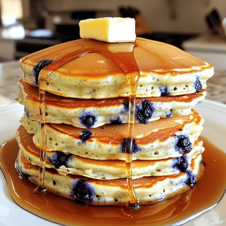 To make fluffy buttermilk blueberry pancakes, gather these ingredients: - 1 cup all-purpose flour - 2 tablespoons sugar - 1 teaspoon baking powder - 1/2 teaspoon baking soda - 1/4 teaspoon salt - 1 cup buttermilk - 1 large egg - 2 tablespoons unsalted butter, melted (plus extra for cooking) - 1 cup fresh blueberries (or frozen, if preferred) - Maple syrup, for serving Using quality ingredients makes a big difference. Fresh blueberries add great flavor and color. Always pick ripe, plump blueberries. They should be firm and free of blemishes. For buttermilk, buy the real deal. It has a tangy taste that helps pancakes rise. If you can, use organic flour. It often tastes better and gives a nice texture. You can easily swap some ingredients. If you're out of buttermilk, mix regular milk with a splash of vinegar or lemon juice. This will mimic buttermilk's tang. Need a gluten-free option? Use a gluten-free flour blend instead of all-purpose flour. For a dairy-free version, use almond milk or oat milk. Just add a bit of vinegar to recreate that tangy flavor. Start by gathering your ingredients. You will need flour, sugar, baking powder, baking soda, salt, buttermilk, an egg, melted butter, and blueberries. In a large bowl, mix the flour, sugar, baking powder, baking soda, and salt. Whisk them together until they blend well. In a separate bowl, combine the buttermilk, egg, and melted butter. Mix them until smooth. Next, pour the wet mix into the dry mix. Stir gently until they just combine. It’s okay if you see some lumps, so don’t overmix! Now, fold in the blueberries carefully. This helps keep them whole and juicy. Now it’s time to cook! Heat a non-stick skillet over medium heat. Add a little butter to the pan until it melts and sizzles. Use about 1/4 cup of batter for each pancake. Pour it onto the skillet. Cook until you see bubbles on the surface and the edges set. This takes about 2-3 minutes. Then, flip the pancake and cook for 1-2 more minutes. Look for a nice golden-brown color. Repeat this with the rest of the batter, adding butter as needed. When flipping pancakes, use a wide spatula for easy handling. Make sure to let them cook enough before flipping. This helps them stay fluffy! Serve the pancakes warm with maple syrup. You can also add more blueberries on top for extra flavor. Enjoy your fluffy buttermilk blueberry pancakes! For a full recipe, refer to the earlier section. To make fluffy pancakes, focus on the batter. Mix the wet and dry ingredients gently. Stir until just combined. Lumps are fine and help keep the pancakes light. Let the batter rest for five to ten minutes. This allows the baking soda to activate, giving you extra lift. Fresh blueberries should be stored in the fridge. Keep them in their original container. If you wash them, dry them well before storing. Frozen blueberries can also work great in this recipe. Just toss them in the batter while still frozen. This helps to keep them from breaking apart. One common mistake is overmixing the batter. This can lead to dense pancakes, which we want to avoid. Another mistake is cooking at too high a temperature. This can burn the outside while leaving the inside raw. Flip the pancakes only when bubbles form. This shows they are ready to turn. Following these tips will help you make the best fluffy buttermilk blueberry pancakes. For more detailed steps, check the Full Recipe. {{image_2}} You can switch up the blueberries with other fruits. Try sliced bananas or diced apples for a new taste. Strawberries also add a sweet touch. Just remember to adjust the amount to keep the pancake's balance. Add about one cup of your favorite fruit, just like with blueberries. If you want a vegan version, swap the buttermilk with almond milk or oat milk. You can use a flax egg instead of a chicken egg. For the butter, try coconut oil or a dairy-free spread. These changes keep the pancakes tasty while fitting your diet. Adding flavors can make these pancakes even better. A dash of vanilla extract adds a warm note. You might also sprinkle in some cinnamon for a cozy spice. These simple tweaks can elevate your pancake game. Experiment with the flavors you love. To keep leftover pancakes fresh, stack them in an airtight container. Place parchment paper between each pancake to prevent sticking. Store the container in the fridge for up to three days. This way, you can enjoy them again without losing their fluffy goodness! You can freeze pancakes for later use. Let them cool completely before freezing. Once cooled, stack the pancakes with parchment paper in between. Place them in a freezer-safe bag or container. They can last up to two months in the freezer. Thaw them overnight in the fridge for best results. Reheat pancakes easily in the microwave. Place one pancake on a microwave-safe plate and cover it with a damp paper towel. Heat for 20-30 seconds until warm. You can also reheat them in a toaster or a skillet over low heat. Just add a little butter for extra flavor. Enjoy your pancakes warm with maple syrup from the Full Recipe! To make pancakes fluffier, use buttermilk. Buttermilk adds moisture and airiness. Also, don’t overmix the batter. A few lumps are okay. Gentle mixing keeps the pancakes light. Lastly, let the batter rest for 10 minutes. This step helps the flour absorb moisture and creates a better texture. Yes, you can use frozen blueberries. They work well in pancakes. Just add them straight from the freezer. There’s no need to thaw them first. Frozen blueberries may make the batter slightly purple. This change is normal and doesn’t affect the taste. The best syrup for pancakes is maple syrup. It has a rich flavor that pairs well with blueberries. You can also try flavored syrups. For a twist, use vanilla or berry syrups. These options add a fun taste to your pancakes. For the full recipe, check out the Fluffy Buttermilk Blueberry Pancakes. You learned about the key ingredients and how to choose the best ones. We covered steps to make fluffy pancakes and tips for cooking and serving them. I shared tricks to avoid common mistakes and ways to store your pancakes. You'll find amazing variations and answers to your questions. Making pancakes can be fun and easy. With these tips, I hope your pancakes will impress everyone! Keep experimenting and enjoy every bite.
