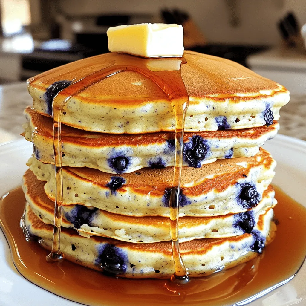 To make fluffy buttermilk blueberry pancakes, gather these ingredients: - 1 cup all-purpose flour - 2 tablespoons sugar - 1 teaspoon baking powder - 1/2 teaspoon baking soda - 1/4 teaspoon salt - 1 cup buttermilk - 1 large egg - 2 tablespoons unsalted butter, melted (plus extra for cooking) - 1 cup fresh blueberries (or frozen, if preferred) - Maple syrup, for serving Using quality ingredients makes a big difference. Fresh blueberries add great flavor and color. Always pick ripe, plump blueberries. They should be firm and free of blemishes. For buttermilk, buy the real deal. It has a tangy taste that helps pancakes rise. If you can, use organic flour. It often tastes better and gives a nice texture. You can easily swap some ingredients. If you're out of buttermilk, mix regular milk with a splash of vinegar or lemon juice. This will mimic buttermilk's tang. Need a gluten-free option? Use a gluten-free flour blend instead of all-purpose flour. For a dairy-free version, use almond milk or oat milk. Just add a bit of vinegar to recreate that tangy flavor. Start by gathering your ingredients. You will need flour, sugar, baking powder, baking soda, salt, buttermilk, an egg, melted butter, and blueberries. In a large bowl, mix the flour, sugar, baking powder, baking soda, and salt. Whisk them together until they blend well. In a separate bowl, combine the buttermilk, egg, and melted butter. Mix them until smooth. Next, pour the wet mix into the dry mix. Stir gently until they just combine. It’s okay if you see some lumps, so don’t overmix! Now, fold in the blueberries carefully. This helps keep them whole and juicy. Now it’s time to cook! Heat a non-stick skillet over medium heat. Add a little butter to the pan until it melts and sizzles. Use about 1/4 cup of batter for each pancake. Pour it onto the skillet. Cook until you see bubbles on the surface and the edges set. This takes about 2-3 minutes. Then, flip the pancake and cook for 1-2 more minutes. Look for a nice golden-brown color. Repeat this with the rest of the batter, adding butter as needed. When flipping pancakes, use a wide spatula for easy handling. Make sure to let them cook enough before flipping. This helps them stay fluffy! Serve the pancakes warm with maple syrup. You can also add more blueberries on top for extra flavor. Enjoy your fluffy buttermilk blueberry pancakes! For a full recipe, refer to the earlier section. To make fluffy pancakes, focus on the batter. Mix the wet and dry ingredients gently. Stir until just combined. Lumps are fine and help keep the pancakes light. Let the batter rest for five to ten minutes. This allows the baking soda to activate, giving you extra lift. Fresh blueberries should be stored in the fridge. Keep them in their original container. If you wash them, dry them well before storing. Frozen blueberries can also work great in this recipe. Just toss them in the batter while still frozen. This helps to keep them from breaking apart. One common mistake is overmixing the batter. This can lead to dense pancakes, which we want to avoid. Another mistake is cooking at too high a temperature. This can burn the outside while leaving the inside raw. Flip the pancakes only when bubbles form. This shows they are ready to turn. Following these tips will help you make the best fluffy buttermilk blueberry pancakes. For more detailed steps, check the Full Recipe. {{image_2}} You can switch up the blueberries with other fruits. Try sliced bananas or diced apples for a new taste. Strawberries also add a sweet touch. Just remember to adjust the amount to keep the pancake's balance. Add about one cup of your favorite fruit, just like with blueberries. If you want a vegan version, swap the buttermilk with almond milk or oat milk. You can use a flax egg instead of a chicken egg. For the butter, try coconut oil or a dairy-free spread. These changes keep the pancakes tasty while fitting your diet. Adding flavors can make these pancakes even better. A dash of vanilla extract adds a warm note. You might also sprinkle in some cinnamon for a cozy spice. These simple tweaks can elevate your pancake game. Experiment with the flavors you love. To keep leftover pancakes fresh, stack them in an airtight container. Place parchment paper between each pancake to prevent sticking. Store the container in the fridge for up to three days. This way, you can enjoy them again without losing their fluffy goodness! You can freeze pancakes for later use. Let them cool completely before freezing. Once cooled, stack the pancakes with parchment paper in between. Place them in a freezer-safe bag or container. They can last up to two months in the freezer. Thaw them overnight in the fridge for best results. Reheat pancakes easily in the microwave. Place one pancake on a microwave-safe plate and cover it with a damp paper towel. Heat for 20-30 seconds until warm. You can also reheat them in a toaster or a skillet over low heat. Just add a little butter for extra flavor. Enjoy your pancakes warm with maple syrup from the Full Recipe! To make pancakes fluffier, use buttermilk. Buttermilk adds moisture and airiness. Also, don’t overmix the batter. A few lumps are okay. Gentle mixing keeps the pancakes light. Lastly, let the batter rest for 10 minutes. This step helps the flour absorb moisture and creates a better texture. Yes, you can use frozen blueberries. They work well in pancakes. Just add them straight from the freezer. There’s no need to thaw them first. Frozen blueberries may make the batter slightly purple. This change is normal and doesn’t affect the taste. The best syrup for pancakes is maple syrup. It has a rich flavor that pairs well with blueberries. You can also try flavored syrups. For a twist, use vanilla or berry syrups. These options add a fun taste to your pancakes. For the full recipe, check out the Fluffy Buttermilk Blueberry Pancakes. You learned about the key ingredients and how to choose the best ones. We covered steps to make fluffy pancakes and tips for cooking and serving them. I shared tricks to avoid common mistakes and ways to store your pancakes. You'll find amazing variations and answers to your questions. Making pancakes can be fun and easy. With these tips, I hope your pancakes will impress everyone! Keep experimenting and enjoy every bite.