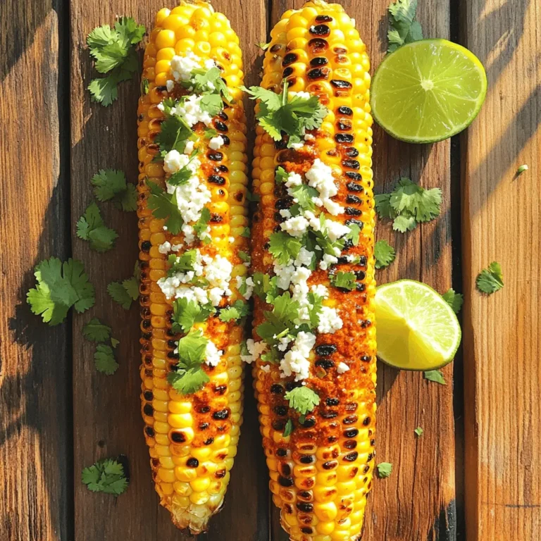 For this Chili Lime Grilled Corn, you need simple and fresh ingredients. Here’s what you’ll need: - 4 ears of fresh corn, husked - 2 tablespoons olive oil - 1 teaspoon chili powder - 1/2 teaspoon smoked paprika - Zest of 1 lime - 2 tablespoons fresh lime juice - 1/4 cup cotija cheese, crumbled - Fresh cilantro, chopped for garnish - Salt and pepper, to taste These ingredients give the corn a bright, zesty flavor. The fresh corn adds sweetness, while lime and chili bring the heat. The cotija cheese adds a salty touch, making each bite delicious. You can find the full recipe in the main article. Enjoy preparing this tasty dish! Start by turning on your grill. Set it to medium-high heat. This will get the grill hot enough for cooking corn. You want to hear that sizzle when the corn hits the grill. In a small bowl, mix the olive oil, chili powder, and smoked paprika. Then add the lime zest and lime juice. Don't forget to add salt and pepper to taste. This marinade will give the corn a bright flavor. Take the husked corn and brush it with the marinade. Make sure to coat each ear well. Place the corn on the grill. Cook for about 10 to 12 minutes. Turn the corn every few minutes. This helps it cook evenly. You want nice grill marks and tender kernels. Once the corn is cooked, carefully remove it from the grill. Let it cool for a minute. Then sprinkle crumbled cotija cheese on top. Add chopped cilantro for a fresh touch. If you like, squeeze more lime juice over the corn. Enjoy your tasty chili lime grilled corn! For the full recipe, check out the details above. When picking corn, look for fresh ears. The husks should be bright green. Look for kernels that are plump and firm. They should feel tight against the cob. Sweet corn works best for this recipe. It gives a nice sweetness that pairs well with lime and chili. If you can, buy corn from local farmers. Fresh corn tastes the best and supports your community. You can switch up the marinade if you want different flavors. Try adding garlic powder for a savory kick. A pinch of cayenne can add extra heat. If you like a tangy twist, mix in some orange juice. You can also use different herbs, like parsley or chives, instead of cilantro. Each option will give your corn a unique flavor. To get those perfect grill marks, preheat your grill well. A hot grill is key for good marks. Place the corn directly on the grates, not too close together. Turn the corn every few minutes. This helps the corn cook evenly and gets those nice charred lines. Keep an eye on it; you want the kernels to be tender but not burnt. Enjoy that beautiful color and flavor! {{image_2}} To spice things up, you can add jalapeños to the marinade. Chop one or two jalapeños finely and mix them in. This gives the corn a fiery kick. I love the heat paired with the lime’s zest. You can also sprinkle cayenne pepper over the corn after grilling. This will give you a bold flavor that bites back. Adjust the spice level to fit your taste. A little heat makes the corn even more fun to eat! If you want a vegetarian twist, skip the cheese or use a plant-based option. Nutritional yeast can add a cheesy flavor without dairy. You can also try adding avocado slices on top. The creamy texture pairs well with the corn’s crunch. Another option is to mix in fresh diced tomatoes and onions for extra freshness. These toppings give the dish a colorful and tasty twist! You can play with different cheeses for more flavor. Feta cheese or parmesan can be great substitutes for cotija. Feta brings a tangy flavor, while parmesan adds a rich, nutty taste. Try mixing a blend of cheeses for a unique touch. The choice of cheese can change the whole vibe of the dish. It’s fun to experiment and find what you like best. For the full recipe, check out the detailed steps provided earlier! Store leftover chili lime grilled corn in an airtight container. Keep it in the fridge. It will stay fresh for up to three days. If you want to enjoy it later, make sure it cools down first. This helps maintain the flavor and texture. To reheat the corn, you can use the grill or oven for the best taste. Preheat your grill to low. Place the corn on it for about five minutes, turning it until warm. If using an oven, wrap the corn in foil and heat at 350°F for about 10 minutes. This keeps the corn juicy and tasty. You can freeze uncooked corn for later use. First, husk the corn and remove the silk. Then, blanch the corn in boiling water for about four minutes. After blanching, cool it in ice water. Drain and pat dry. Finally, pack the corn in freezer bags and remove as much air as possible. Frozen corn can last up to six months. Grill corn for about 10 to 12 minutes. Turn it every few minutes. This helps get nice grill marks and cooks the corn evenly. The kernels should feel tender when done. Yes, you can skip the cheese. The dish will still taste great. You can even add more lime juice for extra flavor. Try using avocado instead for creaminess. Chili lime grilled corn pairs well with many sides. Try serving it with grilled chicken or fish. It also goes nicely with a fresh salad or rice dishes. Corn is a great side for summer barbecues. To spice it up, add more chili powder. You can also use fresh chopped jalapeños or hot sauce. A pinch of cayenne pepper will add heat too. Adjust to your taste for the perfect kick! Frozen corn can work, but it won't have the same texture. Fresh corn gives a better crunch. If using frozen, thaw it first and grill it for about 6 to 8 minutes. Check for tenderness while grilling. This blog post shared a tasty recipe for Chili Lime Grilled Corn. We learned about fresh ingredients, step-by-step grilling, and simple storage tips. You can try various variations, too! In the end, grilled corn can impress any guest. Experiment with the flavors to make it your own. Enjoy your cooking and happy grilling!