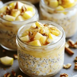 - 1 cup rolled oats - 1 cup almond milk (or any milk of your choice) - 1 medium apple, diced (preferably Granny Smith for a tart flavor) - 1 tablespoon chia seeds - 1 tablespoon maple syrup (adjust to taste) - 1 teaspoon ground cinnamon - 1/2 teaspoon vanilla extract - Chopped nuts - A dollop of yogurt - Additional diced apples In my experience, using rolled oats gives the best texture. They soak up the milk well and stay hearty. Almond milk adds a nice creaminess, but feel free to use any milk you prefer. I like Granny Smith apples for their tartness, which balances the sweetness from the maple syrup. Chia seeds add fiber and a bit of fun texture. Maple syrup sweetens the dish, but you can adjust it based on your taste. Ground cinnamon brings warmth, while vanilla extract adds depth to the flavor. For toppings, think about adding chopped nuts for crunch, a dollop of yogurt for creaminess, or more diced apples for freshness. Each of these can make your oats even more delicious. Remember, you can find the full recipe in the earlier section! In a mixing bowl, combine rolled oats, almond milk, chia seeds, maple syrup, ground cinnamon, vanilla extract, and salt. Mix them well until everything is smooth. The oats will soak up the flavors as they sit. Next, fold in the diced apple. This adds a sweet crunch to each bite. Make sure the apple pieces are evenly spread throughout. Now, transfer the oat mixture into jars or containers with lids. I like to use glass jars because they keep everything fresh. Seal them tightly to prevent any spills. Place the jars in the fridge. Let them chill overnight or for at least 4-6 hours. This waiting time is key; it allows the oats to soften and absorb the tasty liquids. When you are ready to eat, stir the oats well. If the mixture seems too thick, add a splash of milk. This helps reach your desired creaminess. You can serve the oats in bowls or enjoy them straight from the jars. For extra flavor, add your favorite toppings. Chopped nuts, a dollop of yogurt, or more diced apples work great! This recipe is easy, healthy, and simply delicious. Check out the Full Recipe for more details! - Use rolled oats for optimal texture. They absorb liquid well and stay creamy. - Adjust maple syrup based on sweetness preference. Start with a tablespoon and taste. - Mix well to prevent clumping. Stir until the oats and liquids blend smoothly. - Choose a container that seals tightly for best results. This keeps the oats fresh overnight. - Enjoy directly from jars for a quick grab-and-go breakfast. It’s perfect for busy mornings. - Pair with coffee or tea for a balanced meal. The warmth of the drink complements the oats. {{image_2}} You can easily boost the taste of your oats. Adding nutmeg gives a nice spice kick. Just a pinch will do! If you want a sweeter touch, try using honey or agave syrup in place of maple syrup. Both options add a delightful sweetness. Feel free to switch up the base ingredients. If you want a creamier texture, use coconut milk instead of almond milk. This change makes your oats rich and smooth. Also, if you don’t have apples, you can swap them for pears or other seasonal fruits. This keeps the dish fresh and exciting. Toppings can make your oats even better. Try adding granola for a nice crunch. It pairs perfectly with the soft oats. You can also use different nuts, like walnuts or pecans. They add flavor and healthy fats. For the [Full Recipe], check out the instructions above and enjoy your healthy breakfast! You can refrigerate your Apple Cinnamon Overnight Oats for up to 5 days. This keeps them fresh and tasty. If you make a big batch, consider freezing some. Freezing helps them last longer and saves time on busy mornings. If you want your oats warm, microwave them for 30 seconds before serving. If they seem dry, add a bit of milk. This will help rehydrate the oats, making them creamy again. Check your oats for any discoloration or strange smells. These are signs that they may not be safe to eat. If you see any mold, it's best to throw them away. Always trust your senses to ensure your food stays fresh and enjoyable. Apple Cinnamon Overnight Oats are a quick and easy breakfast. They combine rolled oats with almond milk, diced apples, chia seeds, and spices. The ingredients work together to create a creamy, sweet, and flavorful dish. You can make them the night before and enjoy them in the morning. This recipe uses: - 1 cup rolled oats - 1 cup almond milk (or any milk of your choice) - 1 medium apple, diced (preferably Granny Smith for a tart flavor) - 1 tablespoon chia seeds - 1 tablespoon maple syrup (adjust to taste) - 1 teaspoon ground cinnamon - 1/2 teaspoon vanilla extract - A pinch of salt - Optional toppings: chopped nuts, a dollop of yogurt, or additional diced apples This dish is versatile. You can tweak it to fit your taste! Yes, you can prepare these oats the night before. This is the best part! Just mix all the ingredients in a bowl, then put them in jars. Store the jars in the fridge overnight. The oats will soak up the milk and get soft. This makes your morning so much easier. You wake up to a healthy meal ready to eat! Absolutely! These oats are packed with nutrition. They provide fiber from the oats and chia seeds. Fiber keeps you full longer and helps with digestion. The diced apple adds vitamins, while almond milk gives you calcium. Also, the oats have protein, which is great for energy. This dish is a balanced option for breakfast. Yes, you can! Apple Cinnamon Overnight Oats are easy to change up. You can add fruits like bananas, berries, or peaches. Each fruit gives a different taste and texture. Try mixing different fruits to find your favorite combo. Get creative and enjoy your oats however you like! Apple cinnamon overnight oats are simple to make and versatile. You can adjust ingredients to suit your taste. Remember to store them well and check for spoilage. Enjoy them as an easy breakfast that fuels your day. Experiment with flavors and toppings to keep things fresh. Whether for a quick meal or a cozy treat, these oats are a winner. Your mornings just got a tasty upgrade! Enjoy trying out these mixes and making them your own.
