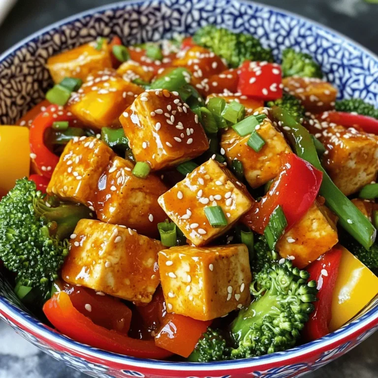 To make a delicious Sweet Chili Tofu Stir Fry, you need the right ingredients. Here’s the complete list: - 1 block (14 oz) firm tofu, pressed and cubed - 2 tablespoons cornstarch - 2 tablespoons vegetable oil - 1 red bell pepper, sliced - 1 yellow bell pepper, sliced - 1 cup broccoli florets - 2 green onions, chopped - 3 cloves garlic, minced - 2 tablespoons ginger, grated - 1/3 cup sweet chili sauce - 2 tablespoons soy sauce - 1 tablespoon sesame oil - Salt and pepper to taste - Toasted sesame seeds for garnish These ingredients create a colorful and tasty dish. Each part adds texture and flavor. The firm tofu gives protein and a nice bite. Cornstarch makes the tofu crispy. Fresh veggies like bell peppers and broccoli add crunch and color. The garlic and ginger give a warm aroma. Sweet chili sauce adds a sweet and spicy kick. Soy sauce brings depth, while sesame oil gives a nutty finish. Green onions and sesame seeds make great garnishes. For the full recipe, check out the details for cooking this amazing dish! To start, you need to press the tofu. This removes extra water. You can use a tofu press or wrap it in a clean towel and place a weight on top. Let it sit for about 15 minutes. Once pressed, cut the tofu into bite-sized cubes. Next, toss the cubes in cornstarch. This gives the tofu a nice, crispy coat when fried. Now, heat the vegetable oil in a large non-stick pan or wok over medium-high heat. When the oil is hot, carefully add the tofu cubes. Fry them in a single layer. Let them cook for about 4-5 minutes. You want them golden and crispy on all sides. Once done, remove the tofu from the pan and set it aside. In the same pan, add your sliced red and yellow bell peppers and broccoli florets. Stir-fry these veggies for 3-4 minutes. They should be tender but still bright in color. Then, add the minced garlic and grated ginger to the pan. Stir constantly for about one minute. This will bring out their wonderful aroma. Return the crispy tofu to the pan. Pour in the sweet chili sauce and soy sauce. Toss everything together until the tofu and veggies are well coated and heated through. Drizzle the sesame oil over the stir fry and mix well. Now taste it and season with salt and pepper as needed. Serve this delicious stir fry hot. Garnish it with chopped green onions and a sprinkle of toasted sesame seeds. Enjoy your Sweet Chili Tofu Stir Fry! For the full recipe, check out the detailed instructions above. To get crispy tofu, start by pressing it. Place the tofu block between two plates with weight on top. This removes extra water. You want that moisture gone for the best texture. After pressing, cut the tofu into cubes. Next, coat these cubes with cornstarch. This step is key. The cornstarch helps create that perfect, crunchy crust. To boost flavor, think about adding spices. A pinch of red pepper flakes can add heat. You might also add a splash of lime juice for brightness. Balance sweet and savory well. The sweet chili sauce adds sweetness, so pair it with soy sauce for saltiness. This contrast makes each bite more interesting. For stir-frying, a non-stick pan or wok works best. A wok heats evenly and allows for tossing food easily. Use high heat when cooking. This keeps the veggies crisp and the tofu golden. Be ready to work quickly; stir-frying is all about speed! For the full recipe, check [Full Recipe]. {{image_2}} You can swap out seasonal veggies in this sweet chili tofu stir fry. Instead of bell peppers, try zucchini, snap peas, or carrots. These vegetables add different colors and textures. You can also mix in mushrooms or kale for an earthy taste. If you want to add protein, you can use chicken or shrimp instead of tofu. Just cook the meat first before adding the vegetables. This way, you can still enjoy the sweet and spicy flavors. Adjust the sweetness or spice level of your sauce to fit your taste. If you want it sweeter, add more sweet chili sauce. For more heat, mix in some red pepper flakes or sriracha. You can also make your own sweet chili sauce. Simply combine sugar, vinegar, garlic, and chili paste in a saucepan. Cook until it thickens. This homemade version can be fresher and more tailored to your liking. This sweet chili tofu stir fry can fit many diets. It’s naturally vegan and can be gluten-free if you use tamari instead of soy sauce. For a low-calorie version, use less oil and more veggies. You can also skip the cornstarch for a lighter dish. No matter your needs, this stir fry can adapt to be both healthy and delicious. For the full recipe, check out the detailed steps to make your meal. To store leftover stir fry, let it cool first. Place it in a container with a tight lid. This keeps your Sweet Chili Tofu Stir Fry fresh. Store it in the fridge for up to three days. Using glass or BPA-free plastic containers works best. To reheat without losing texture, the stovetop is best. Heat a non-stick pan over medium heat. Add a few drops of water or oil to keep it moist. Stir occasionally until heated through. If you use a microwave, heat in short intervals. Stir between each interval to warm evenly. Yes, you can freeze Sweet Chili Tofu Stir Fry. To do this, place it in an airtight container or freezer bag. It can last up to three months in the freezer. When ready to eat, thaw it in the fridge overnight. Reheat on the stovetop for the best texture. Avoid reheating from frozen to keep the tofu crispy. For more details, check the Full Recipe. Can I use frozen tofu for this recipe? Yes, you can use frozen tofu. Just thaw it first. Frozen tofu changes texture, making it spongy. This can help it soak up sauce better. What is sweet chili sauce made from? Sweet chili sauce is made from red chilies, sugar, vinegar, and garlic. Some recipes add fish sauce or lime juice, but those are optional. This mix creates a sweet and spicy flavor. How can I make this dish spicier? To add heat, use fresh chilies or chili flakes. You can also add a splash of hot sauce. Mix in a dash of sriracha for a nice kick. How long should I fry the tofu? Fry the tofu for about 4-5 minutes. Cook until it is golden and crispy on all sides. This ensures it stays firm when you add the sauce. Can I prepare this stir fry ahead of time? Yes, you can prepare some parts ahead. Cook the tofu and chop the veggies in advance. Just store them in the fridge until you are ready to stir-fry. What can I use instead of soy sauce? If you need a substitute, use tamari or coconut aminos. Both options are great for a similar flavor without gluten. Are there any alternatives to tofu for this recipe? Yes, you can use tempeh or seitan. Both are protein-rich and soak up flavors well. For a lighter option, try chickpeas or edamame. This article covered how to make a delicious Sweet Chili Tofu Stir Fry. You learned about the key ingredients, including firm tofu and seasonal vegetables. We discussed step-by-step instructions for preparing the tofu and stir-frying ingredients together. I shared tips for achieving crispy tofu and enhancing flavors. Finally, we explored variations, storage tips, and answered common questions. Try this easy recipe and make it your own. Enjoy your cooking journey!
