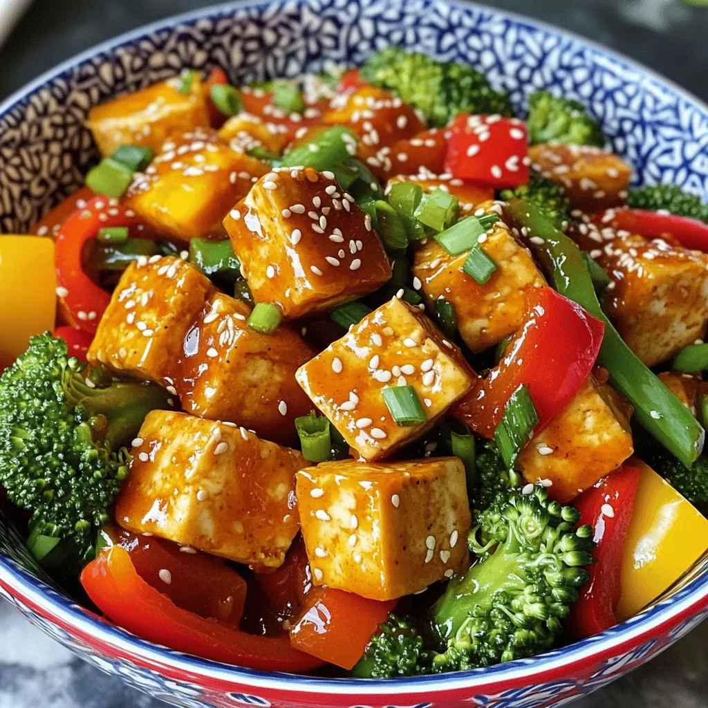 To make a delicious Sweet Chili Tofu Stir Fry, you need the right ingredients. Here’s the complete list: - 1 block (14 oz) firm tofu, pressed and cubed - 2 tablespoons cornstarch - 2 tablespoons vegetable oil - 1 red bell pepper, sliced - 1 yellow bell pepper, sliced - 1 cup broccoli florets - 2 green onions, chopped - 3 cloves garlic, minced - 2 tablespoons ginger, grated - 1/3 cup sweet chili sauce - 2 tablespoons soy sauce - 1 tablespoon sesame oil - Salt and pepper to taste - Toasted sesame seeds for garnish These ingredients create a colorful and tasty dish. Each part adds texture and flavor. The firm tofu gives protein and a nice bite. Cornstarch makes the tofu crispy. Fresh veggies like bell peppers and broccoli add crunch and color. The garlic and ginger give a warm aroma. Sweet chili sauce adds a sweet and spicy kick. Soy sauce brings depth, while sesame oil gives a nutty finish. Green onions and sesame seeds make great garnishes. For the full recipe, check out the details for cooking this amazing dish! To start, you need to press the tofu. This removes extra water. You can use a tofu press or wrap it in a clean towel and place a weight on top. Let it sit for about 15 minutes. Once pressed, cut the tofu into bite-sized cubes. Next, toss the cubes in cornstarch. This gives the tofu a nice, crispy coat when fried. Now, heat the vegetable oil in a large non-stick pan or wok over medium-high heat. When the oil is hot, carefully add the tofu cubes. Fry them in a single layer. Let them cook for about 4-5 minutes. You want them golden and crispy on all sides. Once done, remove the tofu from the pan and set it aside. In the same pan, add your sliced red and yellow bell peppers and broccoli florets. Stir-fry these veggies for 3-4 minutes. They should be tender but still bright in color. Then, add the minced garlic and grated ginger to the pan. Stir constantly for about one minute. This will bring out their wonderful aroma. Return the crispy tofu to the pan. Pour in the sweet chili sauce and soy sauce. Toss everything together until the tofu and veggies are well coated and heated through. Drizzle the sesame oil over the stir fry and mix well. Now taste it and season with salt and pepper as needed. Serve this delicious stir fry hot. Garnish it with chopped green onions and a sprinkle of toasted sesame seeds. Enjoy your Sweet Chili Tofu Stir Fry! For the full recipe, check out the detailed instructions above. To get crispy tofu, start by pressing it. Place the tofu block between two plates with weight on top. This removes extra water. You want that moisture gone for the best texture. After pressing, cut the tofu into cubes. Next, coat these cubes with cornstarch. This step is key. The cornstarch helps create that perfect, crunchy crust. To boost flavor, think about adding spices. A pinch of red pepper flakes can add heat. You might also add a splash of lime juice for brightness. Balance sweet and savory well. The sweet chili sauce adds sweetness, so pair it with soy sauce for saltiness. This contrast makes each bite more interesting. For stir-frying, a non-stick pan or wok works best. A wok heats evenly and allows for tossing food easily. Use high heat when cooking. This keeps the veggies crisp and the tofu golden. Be ready to work quickly; stir-frying is all about speed! For the full recipe, check [Full Recipe]. {{image_2}} You can swap out seasonal veggies in this sweet chili tofu stir fry. Instead of bell peppers, try zucchini, snap peas, or carrots. These vegetables add different colors and textures. You can also mix in mushrooms or kale for an earthy taste. If you want to add protein, you can use chicken or shrimp instead of tofu. Just cook the meat first before adding the vegetables. This way, you can still enjoy the sweet and spicy flavors. Adjust the sweetness or spice level of your sauce to fit your taste. If you want it sweeter, add more sweet chili sauce. For more heat, mix in some red pepper flakes or sriracha. You can also make your own sweet chili sauce. Simply combine sugar, vinegar, garlic, and chili paste in a saucepan. Cook until it thickens. This homemade version can be fresher and more tailored to your liking. This sweet chili tofu stir fry can fit many diets. It’s naturally vegan and can be gluten-free if you use tamari instead of soy sauce. For a low-calorie version, use less oil and more veggies. You can also skip the cornstarch for a lighter dish. No matter your needs, this stir fry can adapt to be both healthy and delicious. For the full recipe, check out the detailed steps to make your meal. To store leftover stir fry, let it cool first. Place it in a container with a tight lid. This keeps your Sweet Chili Tofu Stir Fry fresh. Store it in the fridge for up to three days. Using glass or BPA-free plastic containers works best. To reheat without losing texture, the stovetop is best. Heat a non-stick pan over medium heat. Add a few drops of water or oil to keep it moist. Stir occasionally until heated through. If you use a microwave, heat in short intervals. Stir between each interval to warm evenly. Yes, you can freeze Sweet Chili Tofu Stir Fry. To do this, place it in an airtight container or freezer bag. It can last up to three months in the freezer. When ready to eat, thaw it in the fridge overnight. Reheat on the stovetop for the best texture. Avoid reheating from frozen to keep the tofu crispy. For more details, check the Full Recipe. Can I use frozen tofu for this recipe? Yes, you can use frozen tofu. Just thaw it first. Frozen tofu changes texture, making it spongy. This can help it soak up sauce better. What is sweet chili sauce made from? Sweet chili sauce is made from red chilies, sugar, vinegar, and garlic. Some recipes add fish sauce or lime juice, but those are optional. This mix creates a sweet and spicy flavor. How can I make this dish spicier? To add heat, use fresh chilies or chili flakes. You can also add a splash of hot sauce. Mix in a dash of sriracha for a nice kick. How long should I fry the tofu? Fry the tofu for about 4-5 minutes. Cook until it is golden and crispy on all sides. This ensures it stays firm when you add the sauce. Can I prepare this stir fry ahead of time? Yes, you can prepare some parts ahead. Cook the tofu and chop the veggies in advance. Just store them in the fridge until you are ready to stir-fry. What can I use instead of soy sauce? If you need a substitute, use tamari or coconut aminos. Both options are great for a similar flavor without gluten. Are there any alternatives to tofu for this recipe? Yes, you can use tempeh or seitan. Both are protein-rich and soak up flavors well. For a lighter option, try chickpeas or edamame. This article covered how to make a delicious Sweet Chili Tofu Stir Fry. You learned about the key ingredients, including firm tofu and seasonal vegetables. We discussed step-by-step instructions for preparing the tofu and stir-frying ingredients together. I shared tips for achieving crispy tofu and enhancing flavors. Finally, we explored variations, storage tips, and answered common questions. Try this easy recipe and make it your own. Enjoy your cooking journey!