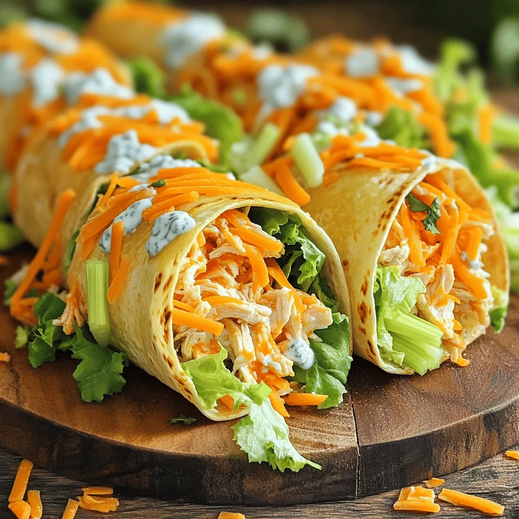 - 2 cups cooked chicken, shredded - 1/2 cup buffalo sauce - 4 large flour tortillas - 1 cup romaine lettuce, shredded - 1/2 cup carrots, shredded - 1/2 cup celery, finely chopped - 1 cup blue cheese dressing (or ranch) - 1/2 cup shredded cheddar cheese - Olive oil for brushing - Salt and pepper to taste Gather these ingredients before you start cooking. Each item plays a key role in making your Buffalo Chicken Wraps tasty and fun. *For the main ingredients,* the cooked chicken gives a hearty base. You can use leftover rotisserie chicken or bake your own. The buffalo sauce adds a spicy kick that makes these wraps special. *Next, the fresh produce* adds crunch and freshness. Shredded romaine lettuce gives a crisp bite. Carrots and celery bring in color and a sweet flavor that balances the heat. *Finally, the extra flavor components* enhance the wraps. Blue cheese dressing or ranch dressing creates a creamy layer that complements the spice. Shredded cheddar cheese adds richness. Don’t forget to season with salt and pepper for balance. This simple list makes it easy to create a delicious meal. Check out the Full Recipe for all the steps to bring these wraps to life! First, grab a large bowl. In it, combine 2 cups of shredded chicken with 1/2 cup of buffalo sauce. Mix well so the chicken gets coated evenly. If you want more heat, add extra buffalo sauce. For a milder taste, use less. This step allows the flavors to blend perfectly. Now, lay a large flour tortilla flat on your clean surface. In the center, add 1/4 of the chicken mix. Next, add a handful of shredded romaine lettuce, a sprinkle of shredded carrots, and some finely chopped celery. Drizzle a generous amount of blue cheese dressing on top. If you like, add shredded cheddar cheese for more flavor. To wrap it up, fold the sides of the tortilla inward, then roll it tightly from the bottom. This keeps all the tasty filling inside. Preheat your skillet over medium heat. Brush it lightly with olive oil to prevent sticking. Place the wraps seam-side down in the skillet. Cook for about 2-3 minutes on each side or until they turn golden brown and crispy. Once done, remove them from the skillet and let them sit for a minute. Slice in half and enjoy your delicious Buffalo Chicken Wraps! For the complete recipe, check the Full Recipe section. To make your Buffalo Chicken Wraps taste great, adjust the seasonings and sauces. Start with the buffalo sauce. If you like it hot, add more. For a milder taste, use less. You can mix in ranch or blue cheese dressing for a creamy touch. Balancing heat with other ingredients is key. Fresh veggies like lettuce and celery help cool the spice. Add a touch of salt and pepper to enhance the flavors. Choosing the right tortilla can make wrapping easier. I recommend large flour tortillas. They hold the filling well and are soft enough to fold. You may also try whole wheat for a healthier option. For assembly, a clean surface works best. A rolling pin can help flatten the tortillas slightly. This makes them easier to wrap. Plus, have a sharp knife ready for slicing. Pair your wraps with tasty sides. Celery sticks are classic and add crunch. Carrot sticks or a fresh salad also work well. For sauce lovers, serve extra buffalo sauce or blue cheese dressing on the side. Drinks can enhance the meal. Light beers or iced tea are great choices. If you prefer non-alcoholic, try lemonade for a refreshing twist. {{image_2}} You can change the protein in your wraps. Try using tofu for a tasty vegetarian option. Tofu absorbs flavors well, making it a great choice. You can also use turkey instead of chicken for a lighter wrap. Ground turkey works nicely and cooks fast. Buffalo chicken wraps allow for sauce variety. You can use ranch or blue cheese dressing. Both add a creamy touch. Feel adventurous? Make your own buffalo sauce! Mix hot sauce with melted butter. Adjust the heat by adding more butter or sauce as needed. Want to boost flavor? Add spices like garlic powder or paprika. Fresh herbs like cilantro or parsley can brighten the wrap too. For cheese lovers, try feta or pepper jack for a twist. Each cheese adds its unique taste to the wrap. Explore these variations to create your perfect Buffalo Chicken Wrap! Check out the Full Recipe for more details. To keep your Buffalo Chicken Wraps fresh, wrap them tightly in plastic. Place the wraps in an airtight container. This helps keep them from drying out. In the fridge, they can last up to three days. If you want to enjoy them later, freezing is a great option. To prepare the wraps for freezing, I suggest wrapping them in foil. This keeps them safe from freezer burn. You can freeze them for up to three months. When you are ready to eat, just take one out and thaw it overnight in the fridge. To reheat, place it in a skillet on low heat. Cook for about 5-7 minutes, flipping halfway. This way, your wrap stays crispy. For meal prep, I like to make a big batch of chicken. You can cook the chicken and mix it with buffalo sauce in advance. Store the chicken in containers for easy access. Use sturdy containers that seal well. Stack the ingredients separately until you are ready to wrap. This keeps everything fresh and tasty. To reduce heat, you can use less buffalo sauce. Mix in some ranch dressing to tone down the spice. Another option is to add more shredded chicken to balance the sauce's heat. You can also pick a milder buffalo sauce from the store. Mixing in a little honey can also add sweetness without heat. Yes, whole wheat tortillas are a great choice. They add more fiber and nutrients. They also bring a nutty flavor that pairs well with the chicken. Whole wheat tortillas can make your meal healthier. Just ensure they are large enough to hold the filling. Some popular sides include: - Celery sticks - Carrot sticks - A fresh garden salad - Sweet potato fries - Chips and salsa These sides balance the wraps' flavors and add crunch. To reheat wraps, use an oven or air fryer. Preheat the oven to 350°F. Place the wraps on a baking sheet for about 10 minutes. In an air fryer, heat them at 350°F for 5 to 7 minutes. This keeps them crispy while warming the filling. Avoid using the microwave, as it can make them soggy. Buffalo chicken wraps are a tasty and versatile meal. We covered ingredients, from chicken to fresh veggies. I gave you easy steps to prepare, assemble, and cook them. You learned tips to customize flavors and make wrapping easier. Don't forget about storage and reheating so your wraps stay fresh. Enjoy your newfound skills making delicious wraps. With these ideas, you can create your own unique dish. Now, it’s time to get cooking and savor each bite!
