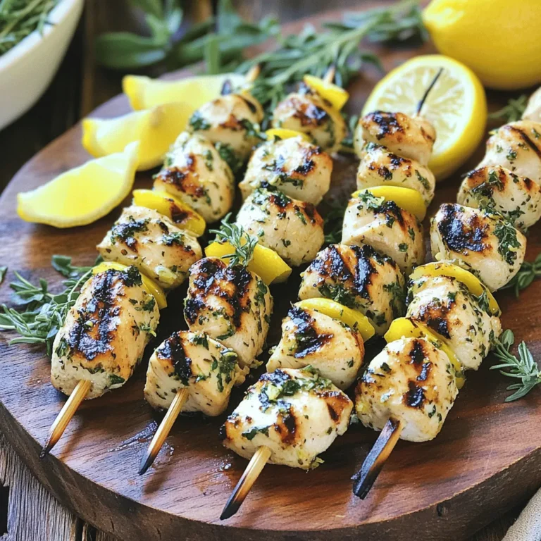 To make Lemon Herb Grilled Chicken Skewers, you will need: - 2 lbs boneless, skinless chicken breasts, cut into 1-inch cubes - 1/4 cup fresh lemon juice - 3 tablespoons olive oil - 3 cloves garlic, minced - 1 tablespoon fresh rosemary, chopped - 1 tablespoon fresh thyme, chopped - 1 teaspoon salt - 1/2 teaspoon black pepper - 1 teaspoon paprika - Wooden or metal skewers (if using wooden skewers, soak them in water for 30 minutes first) Measuring ingredients helps keep the taste right. Use a liquid measuring cup for lemon juice and olive oil. For dry ingredients, like salt and paprika, a set of measuring spoons works best. Make sure to level off the spoon for accuracy. Always read the measuring cup at eye level for the best results. You can swap some ingredients if needed. Use lime juice instead of lemon juice for a different flavor. If you don’t have fresh herbs, dried herbs can work. Just use one-third of the amount. Olive oil can be replaced with avocado oil or another neutral oil. If you want a kick, add red pepper flakes or cayenne pepper to the marinade. For a lighter option, use chicken thighs instead of breasts, as they stay moist and juicy. This recipe has a full range of flavors that you can explore. Enjoy creating your own twist! To start, gather your ingredients. You need fresh lemon juice, olive oil, garlic, and herbs. In a bowl, mix these well. Add salt, pepper, and paprika for flavor. This marinade will make your chicken juicy and tasty. The lemon gives a bright zing, while herbs add a lovely aroma. Next, add the chicken cubes to the marinade. Make sure each piece is coated well. This step is key for flavor. Cover your bowl with plastic wrap and place it in the fridge. Let it marinate for at least one hour. If you have time, let it sit longer for even more flavor. Now, it’s time to grill! Preheat your grill to medium-high heat. If you use wooden skewers, soak them in water for 30 minutes. This prevents burning. Thread the marinated chicken onto the skewers. Leave a little space between pieces for even cooking. Place the skewers on the grill. Cook for about 10 to 12 minutes. Turn them occasionally. You want nice grill marks and fully cooked chicken. Once done, let them rest for a few minutes. This helps the juices settle. For the full recipe, check the details above. Serve your skewers on a platter with lemon wedges. Add fresh herbs for a pop of color. Enjoy this delicious meal with friends and family! To get great grilled chicken skewers, start with a clean grill. Preheat it to medium-high heat. This helps your chicken get those beautiful grill marks. If using wooden skewers, soak them in water for 30 minutes. This keeps them from burning on the grill. When placing the skewers on the grill, leave space between them. This allows heat to flow and cook the chicken evenly. To ensure your chicken cooks just right, cut it into 1-inch cubes. This size helps the chicken cook evenly and quickly. Use a meat thermometer to check for doneness. The chicken should reach an internal temperature of 165°F. If you do not have a thermometer, look for clear juices when the chicken is cut. Also, turn the skewers often while grilling. This keeps the chicken juicy and prevents overcooking. For extra flavor, let the chicken marinate for at least one hour. You can marinate it for up to four hours for even more taste. Use fresh herbs like rosemary and thyme to boost the flavor. You can also add a pinch of red pepper flakes for a spicy kick. To add texture, try adding vegetables like bell peppers or zucchini to your skewers. These add color and crunch to your meal. For the full recipe, check out the Lemon Herb Grilled Chicken Skewers. {{image_2}} You can switch up the herbs in this recipe. Try using fresh parsley or cilantro. Both add a nice taste. Oregano also pairs well with lemon. You can mix and match to find your favorite blend. For a spicy kick, add a pinch of red pepper flakes. Feel free to use other proteins. Shrimp works great on skewers. You can also try cubed tofu for a meatless option. For veggies, bell peppers and zucchini are tasty choices. They add color and crunch to your meal. Just cut them into similar sizes for even cooking. Pair these skewers with rice or a fresh salad. A side of tzatziki sauce adds creaminess. You can also serve them with grilled corn on the cob. For a fun twist, try a fruity salsa with mango or peach. This adds a sweet touch that goes well with the lemon. For the full recipe, check the earlier section. After you enjoy your lemon herb grilled chicken skewers, store any leftovers. Place them in an airtight container. Keep them in the fridge for up to three days. Make sure the chicken cools down before sealing the container. This helps keep the chicken juicy and fresh. When you're ready to eat the leftovers, reheating is simple. You can use a microwave or an oven. For the microwave, heat on medium power for about two minutes. Check if it’s warm enough. If you use the oven, preheat to 350°F (175°C). Place the skewers on a baking sheet and warm for about 10 minutes. This keeps the chicken moist and tasty. You can freeze the chicken skewers if you have extra. Wrap them tightly in plastic wrap. Then, place them in a freezer bag. Label the bag with the date. They can last up to three months in the freezer. When you want to use them, thaw in the fridge overnight. Then follow the reheating instructions to enjoy them again. You should marinate the chicken for at least 1 hour. This allows the flavors to soak in. For the best taste, let it marinate for up to 4 hours. Longer marination helps deepen the lemon and herb flavors. Yes, you can use frozen chicken. Just remember to thaw it fully before marinating. This helps the marinade coat the chicken better. It also ensures even cooking when grilling. These skewers pair well with many sides. You can serve them with a refreshing cucumber salad. A side of tzatziki sauce adds a nice touch too. Grilled veggies or rice also make great options. To check if the chicken is done, use a meat thermometer. The internal temperature should reach 165°F. If you don't have a thermometer, cut into a piece. The meat should be white, not pink, and juices should run clear. For the full recipe, check out the detailed instructions above. You learned how to make simple, tasty lemon herb grilled chicken skewers. We explored key ingredients, steps for marinating, and grilling tips. I shared helpful storage advice and answered common questions. Remember, great meals start with great prep. Try different herbs and sides to make this dish your own. Enjoy your time in the kitchen and the smiles at the table. Happy grilling!