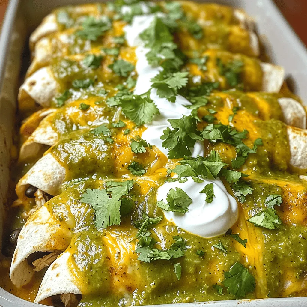 - 2 cups cooked chicken, shredded - 1 cup salsa verde - 1 cup shredded Monterey Jack cheese - 1 cup black beans, rinsed and drained - 8 small corn tortillas - 1/2 cup sour cream - 1/4 cup fresh cilantro, chopped - 1 teaspoon cumin - 1 teaspoon garlic powder - Salt and pepper to taste - Olive oil for cooking To create these tasty salsa verde chicken enchiladas, gather your ingredients. You need shredded chicken, salsa verde, and black beans. Monterey Jack cheese adds a creamy touch. Don't forget the corn tortillas, sour cream, and fresh cilantro for garnish. Cumin and garlic powder give a nice flavor boost. Use salt and pepper to taste. Finally, have some olive oil ready for cooking. - 9x13 inch baking dish - Frying pan - Mixing bowl - Measuring cups and spoons For this recipe, you need a few kitchen tools. A 9x13 inch baking dish is perfect for holding all the enchiladas. Use a frying pan to warm the tortillas. A mixing bowl helps combine your ingredients smoothly. Make sure you have measuring cups and spoons to get the amounts just right. You can find all these tools in your kitchen. For the full recipe, check the detailed instructions, and get ready to enjoy! - Combine shredded chicken, salsa verde, black beans, cumin, garlic powder, salt, and pepper in a bowl. - Mix until ingredients are evenly coated. Start by shredding your cooked chicken. This can be rotisserie chicken or any other leftover. Once shredded, add it to your bowl. Next, pour in the salsa verde. This sauce gives the filling a nice kick. Add your black beans for texture and nutrition. Then, sprinkle in cumin and garlic powder. These spices really enhance the flavor. Don’t forget to season with salt and pepper. Mix everything well until all the chicken is nicely coated. - Heat olive oil in a frying pan over medium heat. - Lightly toast corn tortillas for 30 seconds on each side. Now, let’s get those tortillas ready. Heat a tablespoon of olive oil in a frying pan. You want it warm, not smoking. Take a corn tortilla and place it in the pan. Toast it lightly for about 30 seconds on each side. This makes them soft and easier to roll. Do this for all your tortillas, keeping them warm on a plate. - Fill each tortilla with the chicken mixture and roll tightly. - Place in a greased baking dish and cover with remaining salsa verde and cheese. Now, let’s assemble the enchiladas. Take a tortilla and add about 1/4 cup of the chicken mixture in the center. Roll it up tightly. Place it seam-side down in a greased baking dish. Repeat this with all your tortillas. Once done, pour the remaining salsa verde over the top. Sprinkle shredded Monterey Jack cheese generously over the enchiladas. - Preheat oven to 375°F (190°C). - Bake for 20-25 minutes until cheese is melted and bubbly. Preheat your oven to 375°F (190°C). Once it’s hot, place the baking dish inside. Bake for about 20 to 25 minutes. You want the cheese to melt and bubble. This means your enchiladas are ready to enjoy! To make great enchiladas, use my homemade salsa verde for an authentic taste. It adds a fresh burst of flavor. You can also try different cheeses like sharp cheddar or spicy pepper jack. Each cheese brings a unique twist to the dish. These enchiladas shine when served with fresh salsa and creamy avocado slices. The coolness of the avocado balances the heat from the salsa. A sprinkle of lime juice adds brightness and zest. It enhances the flavors and makes every bite pop. One common mistake is overfilling the tortillas. This makes rolling them tight and neat much harder. Also, do not skip the oil when toasting the tortillas. If you skip this step, the tortillas may tear easily, and you’ll lose that perfect wrap. {{image_2}} You can easily make these enchiladas vegetarian. Just swap the chicken for sautéed vegetables or mushrooms. Use bell peppers, zucchini, or spinach for a tasty filling. This change keeps the dish fresh and full of flavor. It also adds color and nutrients. If you want a twist, try using a different sauce. Red enchilada sauce gives a rich taste. A creamy white sauce can add a smooth touch. Both options change the flavor without losing the fun of enchiladas. You can pick based on your mood or what you have at home. Want to spice things up? Add corn, bell peppers, or jalapeños to the chicken filling. These ingredients bring extra texture and flavor. You can mix and match based on your taste. Each bite can surprise you with new flavors and crunch. This makes your meal even more exciting. For the full recipe, check out the main section. Store leftover enchiladas in an airtight container in the fridge for up to 3 days. This keeps them fresh and tasty. Make sure the lid is sealed tight to reduce moisture loss. Wrap the enchiladas tightly in foil or plastic wrap. They can be frozen for up to 3 months. When you’re ready to eat, reheat them in the oven directly from frozen for the best results. This method helps keep their flavor and texture intact. To reheat, place the enchiladas in the oven covered with foil. This prevents them from drying out. Heat them at 350°F (175°C) until warm. Enjoy them as if they are fresh out of the oven! Yes, you can assemble and refrigerate before baking. Just cover the dish tightly. When you're ready, bake them straight from the fridge. This saves time and is super convenient. It varies; use mild salsa verde if you’re sensitive to spice. Many brands offer a range of heat levels. Always check the label to find the right one for you. Rice, beans, or a side salad complement enchiladas nicely. You can also serve them with guacamole or more salsa for extra flavor. These sides balance the meal and add nutrition. They can last up to 3 days when properly stored. Make sure to keep them in an airtight container to maintain freshness. This way, you can enjoy leftovers without worry. These enchiladas are tasty and easy to make. We covered the ingredients, steps, and tips for success. You can swap ingredients to suit your taste too. Don’t forget to try different sauces or add veggies for fun. Store leftovers properly for future meals. Make sure to enjoy your delicious creation!