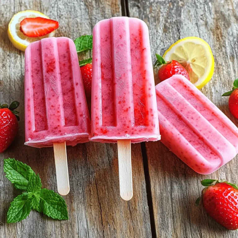 Fresh strawberries are the star of these popsicles. You need 2 cups of hulled and sliced strawberries. Choose ripe, sweet strawberries for the best flavor. Wash them well before you slice. Fresh berries add a bright color and juicy taste that you cannot beat. Lemon juice is key to a refreshing taste. You will need 1 cup of freshly squeezed lemon juice. This amount comes from about 4 to 6 medium lemons. Fresh juice gives a tangy punch that pairs well with strawberries. Avoid bottled lemon juice for the best results. For sweetness, I recommend using 1/2 cup of sugar. You can adjust the sugar based on your taste. If you prefer, use honey, agave, or a sugar alternative. Just remember to mix well until it fully dissolves. This sweetness balances the tartness of the lemon juice. To enhance the flavor, add the zest of 1 lemon. This adds a lovely citrus aroma. You might also want to include fresh mint leaves for garnish. Mint adds a cooling touch and looks pretty on the plate. These simple additions make your popsicles even more delightful. For the full recipe, you can check the details above. Start by washing the fresh strawberries. Hull and slice them into smaller pieces. This helps the blender. Place the sliced strawberries in a blender. Add half of the water, which is 1 cup. Blend until the mixture looks smooth. If you want, strain the puree through a fine mesh sieve. This step removes any seeds for a smoother texture. In a separate bowl, squeeze the lemons to get 1 cup of fresh lemon juice. This usually takes about 4 to 6 lemons. Add the sugar to the lemon juice. Mix in the remaining water, another 1 cup. Stir until the sugar dissolves completely. This step is key for sweet lemonade. Now, take the strawberry puree and add it to the lemonade mixture. Stir well to blend everything together. Taste the mixture to check the sweetness. If you want it sweeter, add more sugar. You can adjust this to your taste. Pour the mixture into popsicle molds. Leave a little space at the top for expansion. Insert the popsicle sticks into the molds carefully. Place the molds in the freezer for at least 4 to 6 hours. This time allows them to freeze solid. When you are ready to serve, take the molds out of the freezer. To release the popsicles, run warm water over the outside of the molds for a few seconds. This makes them easier to remove. Serve the popsicles right away. If you like, garnish with fresh mint leaves for a nice touch. Enjoy a refreshing summer treat! For the complete process and more details, check the Full Recipe. To make great strawberry lemonade popsicles, start with fresh strawberries. Look for berries that are bright red and firm. Avoid any that have bruises or soft spots. Sweetness matters too. Ripe strawberries taste better. You might want to smell the berries. A sweet scent means they are fresh and ready to eat. Sweetness is key in this recipe. Start with half a cup of sugar, but feel free to change it. If you want a sweeter popsicle, add more sugar. If you prefer it less sweet, cut back. Lemon juice adds tartness, so taste as you mix. Always adjust to what you like best. Everyone's taste is different. Getting popsicles out of molds can be tricky. To make it easier, run warm water over the outside of the molds. Hold them under the tap for just a few seconds. This helps loosen the popsicles. Don't pull too hard, as they might break. Serve them right away for the best taste. You can garnish with fresh mint leaves for a nice touch. For the full recipe, check the earlier sections! {{image_2}} You can mix in other fruits for extra flavor. Raspberries add a nice tartness, while blueberries give a sweet touch. To add them, just blend a cup of your chosen fruit with the strawberries. You will create a colorful and tasty mix. Keep the proportions the same for the best results. This way, your popsicles stay balanced and refreshing. If you prefer natural sweeteners, honey or agave works great. They add a unique flavor and are healthier options. To use these, substitute the sugar in the recipe. Start with a smaller amount, like 1/3 cup, and taste as you mix. You may want to add more for extra sweetness. This swap makes your popsicles not just tasty but also a bit healthier. Adding herbs is an exciting way to boost flavor. Basil or mint can give your popsicles a fresh twist. Simply chop a few leaves and mix them into the lemonade. Let the mixture sit for about 10 minutes before pouring it into molds. This helps the herbs release their flavors fully. The result will be a refreshing treat that surprises your taste buds. To store leftover popsicles, keep them in the freezer. Use an airtight container or a resealable bag. This prevents freezer burn and keeps them fresh. I often label the container with the date. This way, I know when I made them. Homemade popsicles can last about 2 to 3 months in the freezer. After this time, they may lose flavor. For the best taste, try to eat them sooner. If you notice ice crystals, they are still safe to eat but may not taste as good. For best results, freeze your popsicles for at least 4 to 6 hours. This ensures they are fully solid. When ready to enjoy, run warm water over the outside of the mold. This helps loosen them. If they are too hard to eat, let them sit at room temperature for a few minutes to soften. Yes, you can use frozen strawberries! They work well in popsicles. Just make sure to let them thaw a bit before blending. This will help them mix smoothly. Frozen strawberries may make the popsicles a bit thicker. You might want to add a little more water to balance the texture. Homemade popsicles can last up to two months in the freezer. To keep them fresh, store them in an airtight container. This will help prevent freezer burn. If you follow these steps, your popsicles will stay tasty and refreshing. Yes, you can make these popsicles without sugar! You can use natural sweeteners like honey or agave syrup. You can also try ripe bananas for sweetness. Just remember to adjust the amount based on your taste. The flavor might change a bit, but they will still be delicious. These popsicles are great on their own. You can also serve them with fresh fruit or a splash of lemonade. For a fun twist, add them to a glass of soda for a fizzy treat. Garnish with fresh mint to make them look fancy. Enjoy them at parties or on a hot day! This guide covers all you need for tasty strawberry lemonade popsicles. We explored fresh ingredients, easy steps, and tips for perfect pops. Remember, you can mix flavors and adjust sweetness to your liking. Homemade popsicles are simple and fun to make, and they store well too. Enjoy the delicious taste and creativity these pops offer. Dive in and make your own treats today!