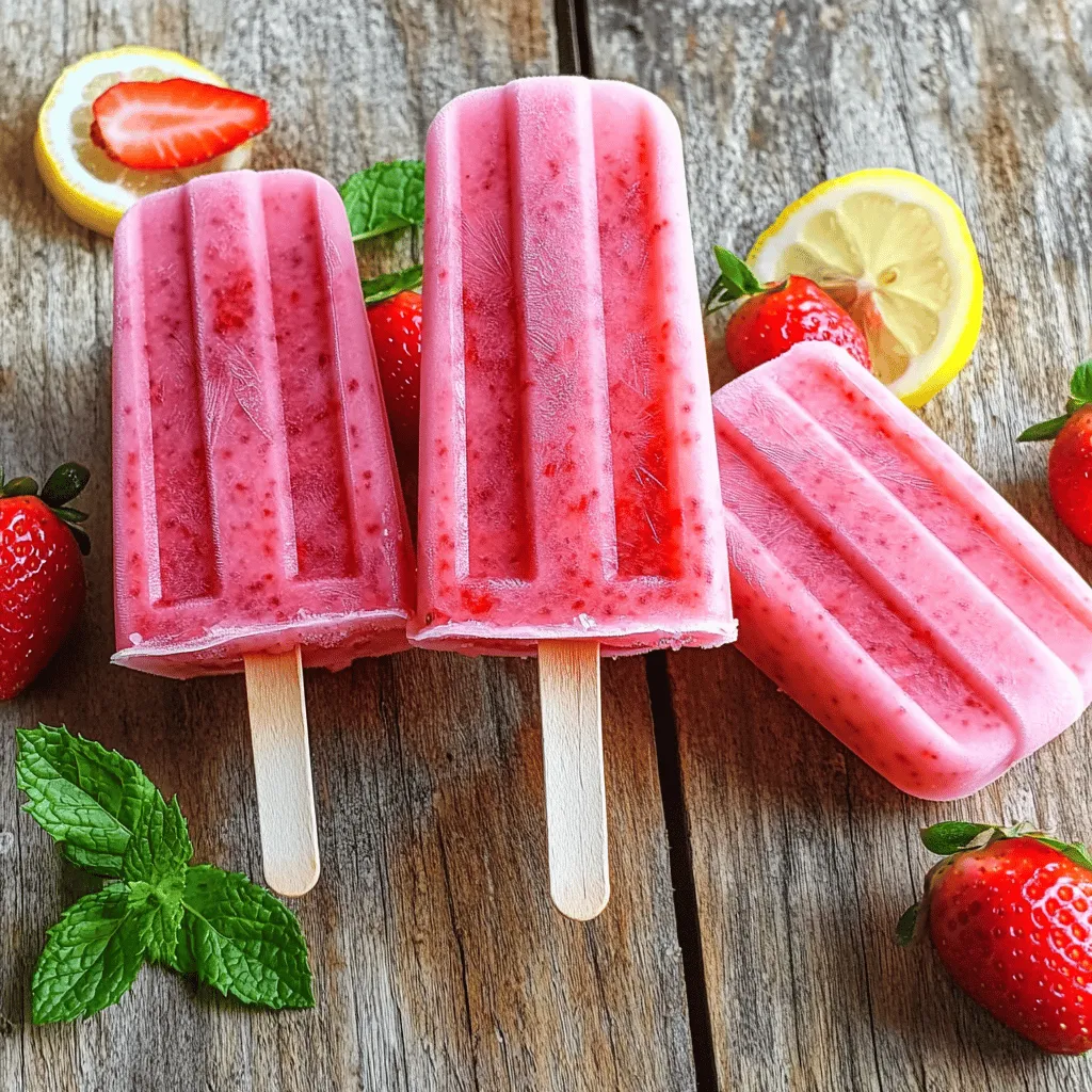 Fresh strawberries are the star of these popsicles. You need 2 cups of hulled and sliced strawberries. Choose ripe, sweet strawberries for the best flavor. Wash them well before you slice. Fresh berries add a bright color and juicy taste that you cannot beat. Lemon juice is key to a refreshing taste. You will need 1 cup of freshly squeezed lemon juice. This amount comes from about 4 to 6 medium lemons. Fresh juice gives a tangy punch that pairs well with strawberries. Avoid bottled lemon juice for the best results. For sweetness, I recommend using 1/2 cup of sugar. You can adjust the sugar based on your taste. If you prefer, use honey, agave, or a sugar alternative. Just remember to mix well until it fully dissolves. This sweetness balances the tartness of the lemon juice. To enhance the flavor, add the zest of 1 lemon. This adds a lovely citrus aroma. You might also want to include fresh mint leaves for garnish. Mint adds a cooling touch and looks pretty on the plate. These simple additions make your popsicles even more delightful. For the full recipe, you can check the details above. Start by washing the fresh strawberries. Hull and slice them into smaller pieces. This helps the blender. Place the sliced strawberries in a blender. Add half of the water, which is 1 cup. Blend until the mixture looks smooth. If you want, strain the puree through a fine mesh sieve. This step removes any seeds for a smoother texture. In a separate bowl, squeeze the lemons to get 1 cup of fresh lemon juice. This usually takes about 4 to 6 lemons. Add the sugar to the lemon juice. Mix in the remaining water, another 1 cup. Stir until the sugar dissolves completely. This step is key for sweet lemonade. Now, take the strawberry puree and add it to the lemonade mixture. Stir well to blend everything together. Taste the mixture to check the sweetness. If you want it sweeter, add more sugar. You can adjust this to your taste. Pour the mixture into popsicle molds. Leave a little space at the top for expansion. Insert the popsicle sticks into the molds carefully. Place the molds in the freezer for at least 4 to 6 hours. This time allows them to freeze solid. When you are ready to serve, take the molds out of the freezer. To release the popsicles, run warm water over the outside of the molds for a few seconds. This makes them easier to remove. Serve the popsicles right away. If you like, garnish with fresh mint leaves for a nice touch. Enjoy a refreshing summer treat! For the complete process and more details, check the Full Recipe. To make great strawberry lemonade popsicles, start with fresh strawberries. Look for berries that are bright red and firm. Avoid any that have bruises or soft spots. Sweetness matters too. Ripe strawberries taste better. You might want to smell the berries. A sweet scent means they are fresh and ready to eat. Sweetness is key in this recipe. Start with half a cup of sugar, but feel free to change it. If you want a sweeter popsicle, add more sugar. If you prefer it less sweet, cut back. Lemon juice adds tartness, so taste as you mix. Always adjust to what you like best. Everyone's taste is different. Getting popsicles out of molds can be tricky. To make it easier, run warm water over the outside of the molds. Hold them under the tap for just a few seconds. This helps loosen the popsicles. Don't pull too hard, as they might break. Serve them right away for the best taste. You can garnish with fresh mint leaves for a nice touch. For the full recipe, check the earlier sections! {{image_2}} You can mix in other fruits for extra flavor. Raspberries add a nice tartness, while blueberries give a sweet touch. To add them, just blend a cup of your chosen fruit with the strawberries. You will create a colorful and tasty mix. Keep the proportions the same for the best results. This way, your popsicles stay balanced and refreshing. If you prefer natural sweeteners, honey or agave works great. They add a unique flavor and are healthier options. To use these, substitute the sugar in the recipe. Start with a smaller amount, like 1/3 cup, and taste as you mix. You may want to add more for extra sweetness. This swap makes your popsicles not just tasty but also a bit healthier. Adding herbs is an exciting way to boost flavor. Basil or mint can give your popsicles a fresh twist. Simply chop a few leaves and mix them into the lemonade. Let the mixture sit for about 10 minutes before pouring it into molds. This helps the herbs release their flavors fully. The result will be a refreshing treat that surprises your taste buds. To store leftover popsicles, keep them in the freezer. Use an airtight container or a resealable bag. This prevents freezer burn and keeps them fresh. I often label the container with the date. This way, I know when I made them. Homemade popsicles can last about 2 to 3 months in the freezer. After this time, they may lose flavor. For the best taste, try to eat them sooner. If you notice ice crystals, they are still safe to eat but may not taste as good. For best results, freeze your popsicles for at least 4 to 6 hours. This ensures they are fully solid. When ready to enjoy, run warm water over the outside of the mold. This helps loosen them. If they are too hard to eat, let them sit at room temperature for a few minutes to soften. Yes, you can use frozen strawberries! They work well in popsicles. Just make sure to let them thaw a bit before blending. This will help them mix smoothly. Frozen strawberries may make the popsicles a bit thicker. You might want to add a little more water to balance the texture. Homemade popsicles can last up to two months in the freezer. To keep them fresh, store them in an airtight container. This will help prevent freezer burn. If you follow these steps, your popsicles will stay tasty and refreshing. Yes, you can make these popsicles without sugar! You can use natural sweeteners like honey or agave syrup. You can also try ripe bananas for sweetness. Just remember to adjust the amount based on your taste. The flavor might change a bit, but they will still be delicious. These popsicles are great on their own. You can also serve them with fresh fruit or a splash of lemonade. For a fun twist, add them to a glass of soda for a fizzy treat. Garnish with fresh mint to make them look fancy. Enjoy them at parties or on a hot day! This guide covers all you need for tasty strawberry lemonade popsicles. We explored fresh ingredients, easy steps, and tips for perfect pops. Remember, you can mix flavors and adjust sweetness to your liking. Homemade popsicles are simple and fun to make, and they store well too. Enjoy the delicious taste and creativity these pops offer. Dive in and make your own treats today!