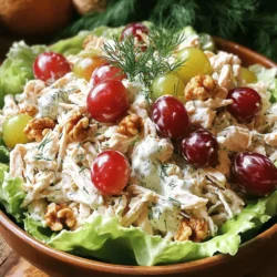 - 2 cups cooked chicken breast, shredded - 1 cup plain Greek yogurt - 1/4 cup mayonnaise (optional) For this recipe, the base is simple. You start with shredded chicken. I like to use cooked chicken breast. It’s easy to shred and stays moist. Next, you need plain Greek yogurt. This makes the salad creamy and adds protein. If you want a richer taste, you can add a bit of mayonnaise. It’s all about your choice! - 1/2 cup celery, finely chopped - 1/2 cup red grapes, halved - 1/4 cup toasted walnuts, chopped Now, let’s add some crunch and sweetness. Finely chopped celery brings a nice bite. Red grapes give a burst of flavor and a pop of color. Lastly, toasted walnuts add a great crunch. You can also swap these out for your favorite fruits or nuts! - 1/4 cup fresh dill, chopped - 1 tablespoon lemon juice - Salt and pepper to taste To finish it off, we need some seasoning. Fresh dill adds a fresh taste. A bit of lemon juice brightens the flavors. Don’t forget to add salt and pepper! Adjust these to suit your taste. For the full recipe, check the section earlier. It will guide you through making this tasty meal. - Step 1: Combine chicken, Greek yogurt, and mayonnaise. Start with a large mixing bowl. Add 2 cups of shredded chicken, 1 cup of Greek yogurt, and 1/4 cup of mayonnaise. If you want a lighter dish, skip the mayonnaise. - Step 2: Mix until chicken is evenly coated. Use a spoon or spatula to blend well. Make sure every piece of chicken has yogurt on it. - Step 3: Incorporate chopped celery, grapes, and walnuts. Take 1/2 cup of finely chopped celery, 1/2 cup of halved red grapes, and 1/4 cup of chopped walnuts. Add these to your chicken mix. - Step 4: Stir gently to combine ingredients. Be careful not to mash the grapes. You want each bite to have a nice crunch. - Step 5: Mix in dill and lemon juice. Add 1/4 cup of fresh chopped dill and 1 tablespoon of lemon juice for zing. Stir until everything is mixed well. - Step 6: Season with salt and pepper before refrigerating. Taste your salad and add salt and pepper as needed. Cover the bowl and chill it in the fridge for at least 30 minutes. For the complete recipe, check out the [Full Recipe]. Enjoy your fresh and tasty meal! To make the best Greek yogurt chicken salad, you can swap some ingredients. For a lighter taste, use all Greek yogurt instead of mayonnaise. If you want a creamier salad, mix in more mayo. You can also add a bit of mustard for a tangy kick. Adjust the seasoning by adding salt and pepper until it feels right for you. A touch of garlic powder can also boost the flavor. You can serve this salad in many fun ways. Try it on a bed of mixed greens for a fresh look. You can also wrap it in a tortilla or pita for a quick meal. If you prefer, spread it on bread for a tasty sandwich. To make it pop, garnish with extra dill or whole grapes on top. Using lettuce cups adds a nice crunch and keeps it healthy. Greek yogurt offers many health benefits. It is high in protein, which helps you feel full longer. It also has probiotics that are good for your gut. Compared to mayo, Greek yogurt has less fat and fewer calories. This makes your chicken salad a healthier choice. You get all the creaminess without the extra calories from traditional mayo-based dressings. {{image_2}} You can switch up the protein in your Greek yogurt chicken salad. Using rotisserie chicken is quick and easy. Just shred it and mix it in. If you prefer a meatless meal, tofu works well too. Simply cube the tofu and press it to remove extra water. You can also explore using canned tuna or salmon for a fishy twist. Turkey is another tasty option, especially around the holidays. Feel free to get creative with your add-ins. Try adding diced apples or chopped pears for a sweet crunch. You can also mix in dried cranberries or raisins for a fun chew. Nuts like pecans or almonds give an extra layer of flavor too. For herbs, fresh basil or parsley can brighten up the dish. Don’t be shy to sprinkle in some cumin or paprika for a spicy kick. You can adjust the creaminess of your dressing. If you want a lighter mix, use less mayonnaise or skip it altogether. Just add more Greek yogurt. For a different flavor, try flavored Greek yogurt. You can find options like garlic or herb that add a nice touch. Another idea is to mix in some mustard or honey for a sweet and tangy blend. You can find the full recipe for Greek Yogurt Chicken Salad [here](#). To keep your Greek yogurt chicken salad fresh, place it in an airtight container. Make sure to seal it tightly. This helps prevent air from getting in and keeps your salad crisp. You can store it in the fridge for up to three days. After this time, the flavors may change, and it may not taste as good. Can you freeze chicken salad? Yes, you can freeze Greek yogurt chicken salad. However, I recommend only freezing it if you plan to eat it later. Freezing can change the texture of the yogurt and veggies. To freeze, put the salad in a freezer-safe container. Leave some space at the top for expansion. For thawing, move it to the fridge overnight. After it thaws, you might need to stir in a little more Greek yogurt. This helps refresh the creaminess and flavor. Once it's refrigerated or thawed, serve the salad chilled. You can scoop it onto a bed of greens or use it in a sandwich. If it seems a bit thick after thawing, just mix in a little yogurt. Remember to check for safety. If the salad smells off or has changed color, it’s best to toss it. Always keep your chilled dishes at a safe temperature to prevent any foodborne illness. Enjoy your fresh Greek yogurt chicken salad! You can use several options instead of Greek yogurt. If you want a non-dairy choice, try coconut yogurt. It has a creamy texture and a slight sweetness. For a lower-fat option, consider using low-fat sour cream. This adds creaminess without too many calories. You can also mix plain yogurt with a bit of lemon juice to get a similar flavor and texture. Greek yogurt chicken salad stays fresh for about 3 to 5 days in the fridge. Always store it in an airtight container. Before eating, check for any off smells or changes in color. If it smells sour or looks unusual, it’s best to throw it away. Absolutely! Leftover rotisserie chicken works great in this salad. Just shred or chop it into bite-sized pieces. The flavor from the chicken adds extra depth to your salad. Make sure to remove the skin, as it can add unnecessary grease. You can pair Greek yogurt chicken salad with many sides. A fresh green salad with a light dressing complements it well. For crunch, serve with pita chips or toast. You can also add a bowl of fruit or a veggie platter for a colorful touch. These sides enhance the meal and make it more filling. You learned how to make a tasty Greek yogurt chicken salad using common ingredients. I shared ingredients, steps, tips, and ways to store it. This dish is a healthy, easy option for meals, full of flavor and crunch. Plus, there are simple ways to adapt it to your taste. By making this salad, you can enjoy a nutritious meal that keeps well. Don't hesitate to get creative and make it your own. Enjoy your delicious creation!