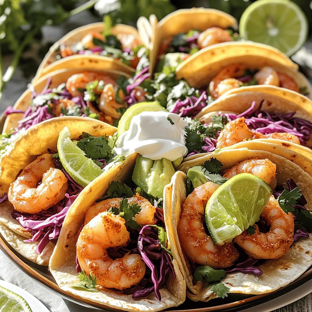 - 1 lb large shrimp, peeled and deveined - 2 tablespoons olive oil - Juice and zest of 2 limes - 2 cloves garlic, minced - 1 teaspoon ground cumin - 1 teaspoon chili powder - 1/2 teaspoon salt - 1/4 teaspoon black pepper - 1/4 cup fresh cilantro, chopped - 8 small corn tortillas - 1 cup red cabbage, finely shredded - 1 avocado, sliced - 1/2 cup sour cream or Greek yogurt - Lime wedges for serving The key to making cilantro lime shrimp tacos is using fresh ingredients. I love using large shrimp. They soak up the flavors well. The olive oil brings richness, while the lime juice adds a bright and tangy taste. The zest of the lime gives it an extra kick that wakes up the dish. For seasoning, garlic, cumin, and chili powder create a warm and inviting aroma. Salt and black pepper enhance all the flavors. It's important to mix these spices well with the shrimp. Let them sit in the marinade for about 15-20 minutes to absorb all that goodness. When assembling the tacos, fresh cilantro adds a burst of flavor. Corn tortillas are soft and perfect for holding all the fillings. Red cabbage gives a nice crunch, while avocado adds creaminess. Sour cream or Greek yogurt balances the flavors beautifully. Finally, lime wedges are a must for that extra squeeze! For the full recipe, check the detailed instructions to create these tasty tacos. - Combine olive oil, lime juice, lime zest, minced garlic, cumin, chili powder, salt, and black pepper in a bowl. - Add shrimp to the marinade and let it sit for 15-20 minutes. This helps the shrimp soak up all the tasty flavors. The lime juice brightens the dish and the spices add depth. - Heat a skillet over medium-high heat. A good hot skillet gives the shrimp a nice sear. - Cook shrimp for about 2-3 minutes on each side until they turn pink and opaque. Keep an eye on them. Overcooked shrimp can get tough, and we want them juicy and tender. - Warm corn tortillas in another pan for about 30 seconds on each side. This makes them soft and easy to fold. - Assemble tacos by adding shrimp, red cabbage, avocado, and a dollop of sour cream. The crunch of the cabbage and the creaminess of the avocado balance the shrimp perfectly. For the full recipe, check out the complete instructions above. Enjoy your cooking! To make great shrimp tacos, avoid overcooking the shrimp. If you cook them too long, they can turn rubbery. Cook shrimp just until they are pink and opaque, about 2-3 minutes per side. This ensures they stay tender. To get a perfect sear on the shrimp, heat your skillet until it's hot. A hot pan helps create a nice crust. Place the shrimp in a single layer. Give them space to cook evenly. Don't overcrowd the pan, or they'll steam instead of sear. For a beautiful presentation, serve the tacos on a large platter. Lay out lime wedges for a pop of color. You can also sprinkle extra cilantro on top for freshness. This makes the dish look inviting. Pair these tacos with sides like black beans or Mexican rice. A fresh salad with avocado and tomatoes also works well. These sides add flavor and balance to your meal. Adjust the seasoning to fit your taste. If you like spicy food, add more chili powder. For a milder flavor, cut back on the spices. Taste the marinade before adding the shrimp. This helps you find the right balance. You can also add toppings like fresh salsa or jalapeños for extra zing. Other great options include diced tomatoes or shredded cheese. Mix and match toppings to create your dream taco. For the full recipe, check out the Cilantro Lime Shrimp Tacos recipe above. {{image_2}} You can switch the shrimp for other proteins. Fish like tilapia or cod works great. Chicken is another option. Just cook it until it’s fully done. For a vegetarian choice, try grilled veggies like zucchini or peppers. Black beans also add a nice touch. Want to kick up the flavor? Consider adding spices. Smoked paprika gives a nice smoky taste. Chipotle adds heat and depth. You can also mix in fruits. Diced mango or pineapple brings sweetness and a refreshing contrast to the tacos. Tortillas come in many forms. Flour tortillas are soft and easy to work with. Whole wheat tortillas add a nutty flavor. For those avoiding gluten, corn tortillas are a perfect choice. Always warm your tortillas slightly before serving. This keeps them flexible and tasty. Check out the Full Recipe for all the steps needed to create these tasty tacos! After enjoying your tacos, store any leftovers in the fridge. Place the cooked shrimp and taco components in separate airtight containers. This helps keep everything fresh. Cooked shrimp can stay good for up to three days. If you assemble the tacos, eat them within a day for the best taste. The tortillas can become soggy if left too long. To reheat shrimp, use a skillet. Heat it over medium-low heat and add the shrimp. Cook for about 2-3 minutes until warm. This keeps them tender. For the tortillas, warm them in a dry pan for about 30 seconds on each side. This keeps them soft and tasty, ready for your next taco meal. You can freeze shrimp and taco parts for later use. Place cooked shrimp in a freezer-safe bag. Remove all the air and seal it tightly. They can stay frozen for up to three months. For tortillas, stack them with parchment paper in between. To defrost shrimp, place them in the fridge overnight. This keeps them safe to eat. Avoid leaving them out at room temperature to prevent bacteria growth. To keep shrimp tender, avoid overcooking. Cook shrimp for just 2-3 minutes on each side. Once they turn pink and opaque, remove them from heat. This quick cooking method helps maintain their juicy texture. If you let them cook too long, they become rubbery. Always watch closely during cooking. Yes, you can use lemon juice instead of lime juice. Lemon gives a different flavor but still tastes good. Lemon adds a bright, zesty note, but lime has a unique taste. If you want the classic taco flavor, stick to lime. However, both options work in a pinch. Toppings can change your shrimp taco game! Try adding: - Fresh cilantro - Sliced radishes - Chopped green onions - Diced tomatoes - Crumbled queso fresco These toppings add crunch and freshness. You can also experiment with salsas or hot sauce for extra kick. Look for the shrimp to be pink and opaque. They should curl slightly but not tightly. If they are bright white or gray, they need more cooking. Avoid mushy shrimp; that means they are overcooked. Trust your eyes and your nose for the best results! Pair shrimp tacos with refreshing sides. Good options include: - Mexican street corn salad - Black bean salad - Cilantro lime rice - Chips and salsa These sides complement the flavors of the tacos. They also add color and variety to your meal. For the full recipe, check the details above! These shrimp tacos are easy to make and full of flavor. We covered fresh ingredients, marinating the shrimp, and cooking tips. Remember to not overcook the shrimp for the best taste. Customize your tacos with different toppings or proteins to suit your mood. Store leftovers safely, and enjoy them later. Cooking should be fun and tasty, and these tacos make it easy. Dive into your next taco night with these ideas and enjoy every bite!