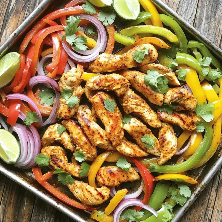 To make this delicious dish, you need simple and fresh ingredients. Here’s the list: - 1.5 lbs boneless, skinless chicken breasts, sliced into strips - 1 red bell pepper, sliced - 1 yellow bell pepper, sliced - 1 green bell pepper, sliced - 1 medium red onion, sliced - 3 tablespoons olive oil - 2 tablespoons fajita seasoning (store-bought or homemade) - 2 cloves garlic, minced - Salt and pepper to taste These ingredients combine to create a colorful and tasty meal. The chicken is juicy, and the peppers add a nice crunch. Garnishes and sides bring the meal to life. Here are some ideas: - Fresh cilantro, chopped (for garnish) - Lime wedges (for serving) - Warm tortillas - Sour cream - Avocado slices - Salsa These extras let everyone customize their fajitas. Fresh lime juice adds a zing, while avocado brings creaminess. Making your own fajita seasoning is easy and fun. Here’s a simple recipe you can follow: - 1 tablespoon chili powder - 1 teaspoon cumin - 1 teaspoon paprika - 1 teaspoon onion powder - 1 teaspoon garlic powder - ½ teaspoon salt - ½ teaspoon black pepper - ¼ teaspoon cayenne pepper (optional for heat) Mix all these spices in a small bowl. Use this seasoning to give your chicken and veggies a flavor boost. It’s fresh and free of additives. You can store any extra in a jar for future meals. For the full recipe, check out the instructions above. Start by collecting all your ingredients. You need chicken, bell peppers, onion, and spices. Slice the chicken breasts into strips. Then, slice the red, yellow, and green bell peppers. Next, cut the red onion into thin slices. In a large bowl, mix the chicken and veggies. Add olive oil, garlic, fajita seasoning, salt, and pepper. Toss everything well. You want each piece to be coated evenly. This helps add flavor to every bite. Preheat your oven to 400°F (200°C). Once hot, spread the chicken and vegetable mix on a sheet pan. Make sure the pieces are in a single layer. This ensures they cook evenly. Bake for 20 to 25 minutes. Stir the mix halfway through cooking. This helps the chicken and veggies roast well. Look for the chicken to be cooked through and the vegetables to be tender. Once cooked, take it out and let it rest. Now comes the fun part: serving! You can serve directly from the sheet pan for a casual meal. Alternatively, transfer it to a large platter for a nicer touch. Add fresh cilantro on top for color. Lime wedges are great for squeezing over the dish. For a complete meal, serve with warm tortillas. You can offer toppings like sour cream, avocado, or salsa. This lets everyone build their own fajita, making it a fun dinner experience. For the full recipe, check the earlier section. To get the best fajita chicken, use a single layer on the pan. This helps it roast evenly. Make sure the chicken strips are not crowded. Crowding can steam the meat instead of roasting it. Toss the chicken and veggies well in olive oil and seasoning. This gives every piece great flavor. Check the chicken's internal temperature; it should reach 165°F (75°C). Let it rest for a few minutes after baking. This keeps it juicy. One mistake is not preheating the oven. Always preheat to 400°F (200°C) to ensure good roasting. Another error is using too much seasoning. A little goes a long way. Using cold chicken can also lead to uneven cooking. Always start with chicken at room temperature. Lastly, don't skip the stirring halfway through. This helps all the pieces cook evenly. A large mixing bowl helps to combine the chicken and veggies well. Use a sharp knife for slicing, ensuring even strips. A sturdy cutting board is key for safety and ease. A good sheet pan works best for this meal. Use parchment paper for easy cleanup. A meat thermometer is essential for checking doneness. All these tools make prep and cooking simpler, letting you enjoy your fajitas! For the full recipe, check out the Sheet Pan Fajita Chicken Fiesta. {{image_2}} You can swap chicken for other proteins. Try beef, shrimp, or pork. Each option brings a unique flavor. For beef, use flank steak sliced thinly. For shrimp, choose large, peeled shrimp. Pork tenderloin works well, too. Just adjust cooking times to fit the protein you choose. This flexibility makes sheet pan fajitas fun and easy. Tofu is a great choice for a vegetarian or vegan meal. Use firm or extra-firm tofu for best results. Press the tofu first to remove excess water. Cut it into cubes and season it like you would chicken. Toss it with the same veggies and spices. Bake at the same temperature until golden and crisp. This option is just as tasty and satisfying. Spice up your sheet pan fajitas with extra flavors. Add corn or black beans for a hearty touch. Jalapeños can bring a nice kick. Fresh herbs like cilantro or parsley add brightness. You can also squeeze lime juice over the dish before serving. This enhances the flavors, making each bite burst with freshness. For a creamy option, add avocado or sour cream when serving. These simple changes can take your fajitas to the next level! After enjoying your sheet pan fajita chicken, let any leftovers cool completely. Place them in an airtight container. This helps keep the chicken and veggies fresh. Store them in the fridge for up to three days. Make sure to label the container with the date. It’s a good habit that helps you keep track of what you have. To reheat your fajita chicken, use an oven or stovetop for the best taste. If you use the oven, set it to 350°F (175°C). Place your leftovers on a baking sheet. Heat for about 10 to 15 minutes until warm. If you prefer the stovetop, warm a pan over medium heat. Add a splash of water or broth to keep things moist. Stir often until heated through. This method helps the flavors stay bright and tasty. You can also freeze your fajita chicken for later. Portion it into freezer-safe bags or containers. Remove as much air as possible to prevent freezer burn. Label the bags with the date and store them for up to three months. When you’re ready to eat, thaw in the fridge overnight. For quick thawing, you can place the bag in cold water for a couple of hours. After thawing, reheat as described above for the best flavor. You can enjoy many sides with Sheet Pan Fajita Chicken. Here are some great choices: - Mexican rice: A flavorful base that complements the chicken. - Refried beans: Creamy and rich, they add a nice texture. - Corn on the cob: Sweet and crunchy, a perfect summer side. - Guacamole: Creamy and fresh, it adds a zesty flair. - Tortilla chips: Crunchy and fun for dipping into salsa. These sides will enhance your meal and bring joy to your table. Yes, you can prep this recipe ahead. Prepare the chicken and veggies, then store them in the fridge. You can mix the seasoning in too. This way, your meal is ready to cook later. Just remember to cook it within two days for the best flavor and texture. You can easily change the spice level to fit your taste. Here are some tips: - Add more paprika: This gives a warm flavor without heat. - Use cayenne pepper: Start with a pinch for heat, then adjust as needed. - Mix in chili powder: Choose mild or spicy versions based on your preference. - Skip the salt: Sometimes, reducing salt can help the other flavors shine. These steps will help you create a fajita seasoning just right for you. For the full recipe, check out Sheet Pan Fajita Chicken Fiesta. This article covered how to make delicious sheet pan fajita chicken. We explored key ingredients, cooking steps, and tasty variations. You learned how to avoid common mistakes and store leftovers. Remember, experimenting with flavors can enhance your meal. Enjoy customizing your fajitas to fit your taste. Keep these tips in mind as you cook. Your fajitas can impress family and friends. Happy cooking!
