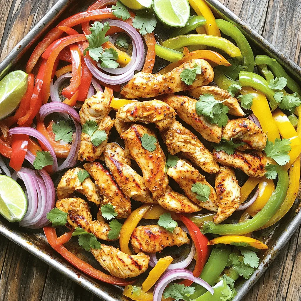To make this delicious dish, you need simple and fresh ingredients. Here’s the list: - 1.5 lbs boneless, skinless chicken breasts, sliced into strips - 1 red bell pepper, sliced - 1 yellow bell pepper, sliced - 1 green bell pepper, sliced - 1 medium red onion, sliced - 3 tablespoons olive oil - 2 tablespoons fajita seasoning (store-bought or homemade) - 2 cloves garlic, minced - Salt and pepper to taste These ingredients combine to create a colorful and tasty meal. The chicken is juicy, and the peppers add a nice crunch. Garnishes and sides bring the meal to life. Here are some ideas: - Fresh cilantro, chopped (for garnish) - Lime wedges (for serving) - Warm tortillas - Sour cream - Avocado slices - Salsa These extras let everyone customize their fajitas. Fresh lime juice adds a zing, while avocado brings creaminess. Making your own fajita seasoning is easy and fun. Here’s a simple recipe you can follow: - 1 tablespoon chili powder - 1 teaspoon cumin - 1 teaspoon paprika - 1 teaspoon onion powder - 1 teaspoon garlic powder - ½ teaspoon salt - ½ teaspoon black pepper - ¼ teaspoon cayenne pepper (optional for heat) Mix all these spices in a small bowl. Use this seasoning to give your chicken and veggies a flavor boost. It’s fresh and free of additives. You can store any extra in a jar for future meals. For the full recipe, check out the instructions above. Start by collecting all your ingredients. You need chicken, bell peppers, onion, and spices. Slice the chicken breasts into strips. Then, slice the red, yellow, and green bell peppers. Next, cut the red onion into thin slices. In a large bowl, mix the chicken and veggies. Add olive oil, garlic, fajita seasoning, salt, and pepper. Toss everything well. You want each piece to be coated evenly. This helps add flavor to every bite. Preheat your oven to 400°F (200°C). Once hot, spread the chicken and vegetable mix on a sheet pan. Make sure the pieces are in a single layer. This ensures they cook evenly. Bake for 20 to 25 minutes. Stir the mix halfway through cooking. This helps the chicken and veggies roast well. Look for the chicken to be cooked through and the vegetables to be tender. Once cooked, take it out and let it rest. Now comes the fun part: serving! You can serve directly from the sheet pan for a casual meal. Alternatively, transfer it to a large platter for a nicer touch. Add fresh cilantro on top for color. Lime wedges are great for squeezing over the dish. For a complete meal, serve with warm tortillas. You can offer toppings like sour cream, avocado, or salsa. This lets everyone build their own fajita, making it a fun dinner experience. For the full recipe, check the earlier section. To get the best fajita chicken, use a single layer on the pan. This helps it roast evenly. Make sure the chicken strips are not crowded. Crowding can steam the meat instead of roasting it. Toss the chicken and veggies well in olive oil and seasoning. This gives every piece great flavor. Check the chicken's internal temperature; it should reach 165°F (75°C). Let it rest for a few minutes after baking. This keeps it juicy. One mistake is not preheating the oven. Always preheat to 400°F (200°C) to ensure good roasting. Another error is using too much seasoning. A little goes a long way. Using cold chicken can also lead to uneven cooking. Always start with chicken at room temperature. Lastly, don't skip the stirring halfway through. This helps all the pieces cook evenly. A large mixing bowl helps to combine the chicken and veggies well. Use a sharp knife for slicing, ensuring even strips. A sturdy cutting board is key for safety and ease. A good sheet pan works best for this meal. Use parchment paper for easy cleanup. A meat thermometer is essential for checking doneness. All these tools make prep and cooking simpler, letting you enjoy your fajitas! For the full recipe, check out the Sheet Pan Fajita Chicken Fiesta. {{image_2}} You can swap chicken for other proteins. Try beef, shrimp, or pork. Each option brings a unique flavor. For beef, use flank steak sliced thinly. For shrimp, choose large, peeled shrimp. Pork tenderloin works well, too. Just adjust cooking times to fit the protein you choose. This flexibility makes sheet pan fajitas fun and easy. Tofu is a great choice for a vegetarian or vegan meal. Use firm or extra-firm tofu for best results. Press the tofu first to remove excess water. Cut it into cubes and season it like you would chicken. Toss it with the same veggies and spices. Bake at the same temperature until golden and crisp. This option is just as tasty and satisfying. Spice up your sheet pan fajitas with extra flavors. Add corn or black beans for a hearty touch. Jalapeños can bring a nice kick. Fresh herbs like cilantro or parsley add brightness. You can also squeeze lime juice over the dish before serving. This enhances the flavors, making each bite burst with freshness. For a creamy option, add avocado or sour cream when serving. These simple changes can take your fajitas to the next level! After enjoying your sheet pan fajita chicken, let any leftovers cool completely. Place them in an airtight container. This helps keep the chicken and veggies fresh. Store them in the fridge for up to three days. Make sure to label the container with the date. It’s a good habit that helps you keep track of what you have. To reheat your fajita chicken, use an oven or stovetop for the best taste. If you use the oven, set it to 350°F (175°C). Place your leftovers on a baking sheet. Heat for about 10 to 15 minutes until warm. If you prefer the stovetop, warm a pan over medium heat. Add a splash of water or broth to keep things moist. Stir often until heated through. This method helps the flavors stay bright and tasty. You can also freeze your fajita chicken for later. Portion it into freezer-safe bags or containers. Remove as much air as possible to prevent freezer burn. Label the bags with the date and store them for up to three months. When you’re ready to eat, thaw in the fridge overnight. For quick thawing, you can place the bag in cold water for a couple of hours. After thawing, reheat as described above for the best flavor. You can enjoy many sides with Sheet Pan Fajita Chicken. Here are some great choices: - Mexican rice: A flavorful base that complements the chicken. - Refried beans: Creamy and rich, they add a nice texture. - Corn on the cob: Sweet and crunchy, a perfect summer side. - Guacamole: Creamy and fresh, it adds a zesty flair. - Tortilla chips: Crunchy and fun for dipping into salsa. These sides will enhance your meal and bring joy to your table. Yes, you can prep this recipe ahead. Prepare the chicken and veggies, then store them in the fridge. You can mix the seasoning in too. This way, your meal is ready to cook later. Just remember to cook it within two days for the best flavor and texture. You can easily change the spice level to fit your taste. Here are some tips: - Add more paprika: This gives a warm flavor without heat. - Use cayenne pepper: Start with a pinch for heat, then adjust as needed. - Mix in chili powder: Choose mild or spicy versions based on your preference. - Skip the salt: Sometimes, reducing salt can help the other flavors shine. These steps will help you create a fajita seasoning just right for you. For the full recipe, check out Sheet Pan Fajita Chicken Fiesta. This article covered how to make delicious sheet pan fajita chicken. We explored key ingredients, cooking steps, and tasty variations. You learned how to avoid common mistakes and store leftovers. Remember, experimenting with flavors can enhance your meal. Enjoy customizing your fajitas to fit your taste. Keep these tips in mind as you cook. Your fajitas can impress family and friends. Happy cooking!