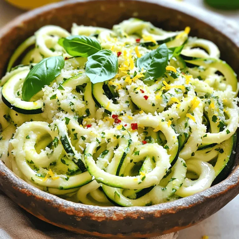 - 4 medium zucchinis - 3 tablespoons olive oil - 4 cloves garlic, minced - 1/2 teaspoon red pepper flakes (optional) - 1/2 teaspoon salt - 1/4 teaspoon black pepper - 1 cup fresh grated Parmesan cheese - 1/4 cup fresh basil, chopped - Zest of 1 lemon - Juice of 1 lemon Garlic Parmesan Zoodles are simple yet packed with flavor. They are a great choice if you want a light meal that feels indulgent. The key ingredients help create this dish's rich taste: - Zucchini: This vegetable serves as the base. It has a mild taste and adds a nice crunch. - Garlic: Fresh garlic gives a strong, savory flavor. It's essential for a delicious zoodle dish. - Parmesan Cheese: This cheese melts beautifully and creates a creamy sauce. It adds richness that balances the dish. - Lemon: The zest and juice brighten the flavors. They cut through the richness of the cheese, adding freshness. - Calories: About 180 per serving - Protein: 6 grams - Carbohydrates: 10 grams - Fats: 14 grams This dish is low in carbs and high in flavor. It offers a great balance of nutrients. You will find it satisfying without feeling heavy. Enjoy this tasty and healthy recipe any day of the week. For the full recipe, check out the details above! To start, you need to create zoodles from zucchinis. Spiralizing is the best way. A spiralizer gives you long, thin noodles. It’s fun and easy! If you don’t have one, don’t worry. You can use a julienne peeler to make thin strips. A box grater works too, just be careful with your hands. Next, heat the olive oil in a large skillet over medium heat. Add the minced garlic and sauté it for about one minute. You want it to smell good, but not brown. If you like a little heat, toss in the red pepper flakes now. Stir it for another 30 seconds. Now, increase the heat to medium-high and add your zoodles to the skillet. Toss them well to coat in the garlic oil. Cook for about 3 to 5 minutes, stirring often. You want them to be tender but still crunchy. Once the zoodles are ready, season with salt and black pepper. Then, remove the skillet from heat. Stir in the grated Parmesan cheese, lemon zest, and lemon juice. Mix well until the cheese melts and forms a creamy sauce over the zoodles. Finally, fold in the fresh basil. Taste and adjust the seasoning if you need to. Serve right away. For an extra touch, you can garnish with more Parmesan and fresh basil. Enjoy your Garlic Parmesan Zoodles! For the full recipe, check the section above. Selecting the right zucchini Choose firm zucchinis that are smooth and shiny. Look for ones that feel heavy for their size. Small to medium zucchinis are best for zoodles. They have less water and better texture. Avoid large zucchinis, as they may be seedy and watery. Preventing soggy zoodles To keep your zoodles from becoming soggy, cook them quickly. Stir-fry them over high heat for just a few minutes. You want them tender yet slightly crunchy. After spiralizing, you can also salt the zoodles lightly. This helps draw out extra moisture. Let them sit for about 10 minutes before cooking. Pat them dry with a paper towel to remove excess water. Pairing ideas Garlic Parmesan zoodles work great as a side dish. They pair well with grilled chicken or shrimp. You can also serve them with a light salad or roasted vegetables. If you want a hearty meal, add them to a bed of quinoa or brown rice. Garnishing options For garnishing, sprinkle more fresh Parmesan cheese on top. A bit of fresh basil adds a nice touch. You can also add a squeeze of lemon for brightness. Toasted pine nuts or walnuts can add crunch and extra flavor. These simple additions make your dish pop! Remember to check the Full Recipe for a detailed guide on making this tasty dish! {{image_2}} You can make Garlic Parmesan Zoodles even better by adding proteins. Try cooked chicken or shrimp for a heartier dish. Just toss them in when the zoodles are nearly done cooking. This adds flavor and keeps you full. You can also mix in other vegetables. Peas, bell peppers, or spinach work well. These add color and extra nutrients. Just sauté them with the garlic for a few minutes before adding the zoodles. Switching up the cheese can change the taste of your dish. Parmesan is great, but you can also try Pecorino Romano or feta. Each cheese brings its own unique flavor. Experiment to find your favorite. You can also explore different herbs and spices. Try oregano or thyme for a Mediterranean twist. For a kick, add some cayenne or smoked paprika. Just remember to start with small amounts and taste as you go. For the full recipe, check out the complete details on Garlic Parmesan Zoodles. To store leftovers, first, let the zoodles cool down. Place the Garlic Parmesan Zoodles in an airtight container. Make sure to cover them well to avoid air exposure. You can keep them in the fridge for up to three days. This will help maintain their flavor and texture. For the best results, store the zoodles separately from any sauce. This keeps them from becoming soggy. If you mixed them with sauce, eat them within two days. Use glass or BPA-free plastic containers. They help keep food fresh and make reheating easy. Avoid metal containers, as they can react with the cheese and lemon. Can you freeze zoodles? Yes, you can freeze zoodles, but it’s best to freeze them uncooked. Cooked zoodles tend to lose their texture when thawed. To freeze, spiralize the zucchinis, then place them in a single layer on a baking sheet. Freeze for about an hour. This prevents them from clumping together. After freezing, transfer them to a freezer bag. Remove as much air as possible and seal tightly. When you want to use them, thaw the zoodles in the fridge overnight or in a colander under cold water. Drain any excess water before cooking. This will help keep the zoodles firm and not mushy. For the full recipe, you can find the details above. Enjoy making your Garlic Parmesan Zoodles! To make Garlic Parmesan Zoodles vegan, you can swap a few ingredients. Replace the Parmesan with a nut-based cheese or nutritional yeast. This gives you a cheesy flavor without dairy. Use olive oil as usual. Ensure your zoodles are fresh for the best taste. You can also add more veggies like mushrooms or bell peppers. They enhance the dish and add nutrients. Yes, you can use pre-packaged zoodles. They are a great time-saver. Before cooking, rinse them to remove excess moisture. This helps avoid soggy zoodles. Heat olive oil in your skillet, then add the zoodles. Cook them for about 2-3 minutes. Stir them gently to heat through. This way, they stay crisp and delicious. Garlic Parmesan Zoodles pair well with many dishes. You can serve them with grilled chicken or shrimp for protein. A simple salad on the side adds freshness. You can also enjoy them with crusty bread. This makes for a hearty meal. Try it with a light tomato sauce for extra flavor. To prevent mushy zoodles, always cook them quickly. Use high heat for a short time. Sauté them for just 3-5 minutes. This keeps them tender but firm. Avoid adding too much liquid. If you spiralize your zucchinis, let them sit for a bit. This helps drain excess water before cooking. This blog post covered how to make Garlic Parmesan Zoodles. We explored the key ingredients, like zucchini, garlic, and Parmesan cheese. I shared step-by-step instructions for making zoodles and cooking them to perfection. Remember tips to avoid soggy zoodles and enhance flavor with extras. In conclusion, zoodles are a tasty and healthy option. You can easily tweak the recipe to fit your taste. Enjoy experimenting and savoring this simple dish!