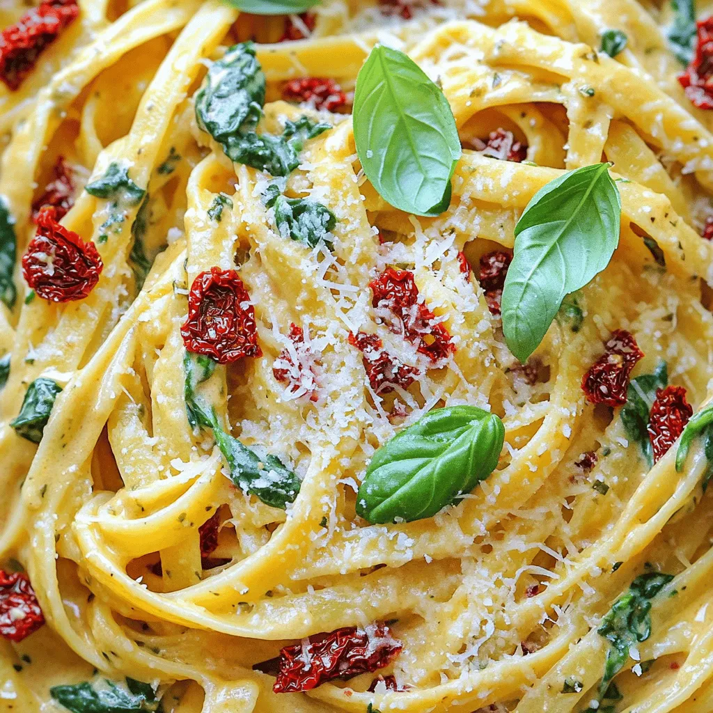 For this creamy sun-dried tomato pasta, you need the right base. Here are some pasta types that work well: - 12 oz. fettuccine - 12 oz. penne - 12 oz. rotini Sun-dried tomatoes are the star. They bring rich flavor and texture. You can find them packed in oil or dry. Each type adds a different taste. Oil-packed tomatoes are softer and richer. Dry ones are more intense and chewy. Heavy cream is key for that creamy texture. It adds richness and smoothness. Parmesan cheese is also important. It gives a salty bite and depth to the dish. Grated cheese melts well and blends perfectly into the sauce. Feel free to get creative! Here are some extra vegetables you can add: - Fresh spinach - Cherry tomatoes - Bell peppers Herbs and spices can enhance the flavor, too. Consider adding: - Fresh basil for a fragrant touch - Oregano for a warm flavor - Red pepper flakes for a spicy kick These ingredients can make your creamy sun-dried tomato pasta even better. For the full recipe, check out the section above. To cook your pasta to al dente, start with a large pot of salted boiling water. Add your pasta and cook according to the package directions. I suggest checking it a minute or two before the time is up. You want it cooked but still firm. This gives the pasta a nice bite. Don't forget to reserve some pasta water before you drain it. This starchy water helps the sauce stick to the pasta later on. Just scoop out a cup before you pour the pasta into the colander. For the sauce, heat olive oil in a large skillet over medium heat. Add minced garlic and sauté for about one minute. You want the garlic to smell great, not brown. Next, stir in the chopped sun-dried tomatoes and Italian seasoning. Cook this mixture for two to three minutes. This allows the flavors to blend nicely. Now, reduce the heat to low and pour in the heavy cream and vegetable broth. Stir well and let it simmer for about five minutes. This makes the sauce a bit thicker and richer. Once it thickens, add the grated Parmesan cheese. Stir it in until it melts completely. If your sauce looks too thick, add a little reserved pasta water to reach the right consistency. Now it's time to toss the cooked pasta with the creamy sauce. Add it to the skillet and fold everything together. This is where the magic happens! Make sure the pasta is well-coated. Season with salt and pepper to taste. Don't skip this step; it brings out all the flavors. Let the dish sit for a few minutes. This helps the spinach wilt slightly and adds to the overall texture. Serve hot, and don't forget to garnish with fresh basil leaves for that extra pop of flavor. For the complete cooking guide, refer to the Full Recipe. To get that dreamy creamy sauce, you need to adjust the thickness. If your sauce is too thick, add a splash of the reserved pasta water. This water is starchy and helps blend the sauce. On the other hand, if it’s too thin, let it simmer longer until it thickens. When mixing pasta with the sauce, do it off the heat. This keeps the pasta from overcooking. Toss the pasta gently to coat every piece. It ensures your dish has a rich flavor in every bite. To boost flavor, think about adding fresh herbs. Basil, parsley, or thyme work well. Chop them finely and mix them in at the end. This adds freshness and extra taste. Salt and pepper are key in balancing flavors. Add salt while cooking the pasta. This enhances the taste. After mixing in the sauce, taste it. Adjust with more salt or pepper as needed. This simple step can turn a good dish into a great one. For more tips and a detailed guide, check out the Full Recipe. {{image_2}} You can easily add protein to your creamy sun-dried tomato pasta. If you like meat, consider adding chicken or shrimp. - Chicken: Cook diced chicken in the skillet before adding garlic. This adds flavor and makes the dish heartier. - Shrimp: Sauté shrimp for just a few minutes until they turn pink. They cook quickly and pair well with the sauce. For a vegetarian option, you can use chickpeas. They are a great source of protein. Just add a can of drained chickpeas when you mix in the pasta. This keeps your dish filling and nutritious. If you need to make this dish gluten-free, you have options. Look for gluten-free pasta made from rice or chickpeas. These options will still give you a great texture. For those who follow a vegan diet, you can swap out some ingredients. Use coconut cream instead of heavy cream for a rich taste. Replace the Parmesan with nutritional yeast or a vegan cheese. These changes keep the dish creamy and flavorful without any animal products. With these variations, you can tailor the creamy sun-dried tomato pasta to fit your taste and dietary needs. Feel free to mix and match to create your own perfect version! For the full recipe, check out the details above. After enjoying your creamy sun-dried tomato pasta, you might have some left. Don’t worry; storing it is easy! Here are the best practices: - Cool the Pasta: Let the pasta cool to room temperature before storing. This step helps prevent moisture build-up. - Use Airtight Containers: Place the pasta in airtight containers. They keep the pasta fresh and prevent odors from mixing. - Refrigeration: Store the container in the fridge. It can last for about 3 to 4 days. When it’s time to eat those tasty leftovers, reheating is key. Follow these tips to keep your pasta creamy: - Use Low Heat: Heat the pasta on the stove over low heat. This method helps maintain the texture without burning. - Add Liquid: To refresh the creamy sauce, stir in a splash of vegetable broth or cream while reheating. It will help revive the creamy goodness. - Stir Often: Keep stirring as it warms. This action ensures even heating and keeps the sauce from clumping. These storage and reheating tips will help you enjoy your creamy sun-dried tomato pasta later! For the full recipe, check out the details provided in the article. The total time to make creamy sun-dried tomato pasta is about 25 minutes. You spend 10 minutes prepping and 15 minutes cooking. Cook the pasta first. It takes around 8 to 10 minutes. While the pasta cooks, you can make the creamy sauce in the skillet. This saves time and keeps everything hot. Yes, you can use fresh tomatoes, but the taste will change. Fresh tomatoes are juicy and soft, while sun-dried tomatoes are rich and chewy. Sun-dried tomatoes add a deep flavor that fresh ones can't match. If you choose fresh tomatoes, try roasting them first. This step brings out their sweetness. You can make creamy sun-dried tomato pasta healthier in a few ways. First, use whole grain pasta for more fiber. Add more vegetables like bell peppers or zucchini to boost nutrients. You can also swap heavy cream for Greek yogurt. This change reduces fat while keeping a creamy texture. Yes, you can freeze this dish. First, let it cool completely. Then, put it in an airtight container. It can stay in the freezer for up to three months. When you're ready to eat, thaw it in the fridge overnight. Reheat it on the stove, adding a splash of broth or water to refresh the sauce. In this blog post, we explored the essential and optional ingredients for creamy sun-dried tomato pasta. You learned how to prepare pasta, make a flavorful creamy sauce, and combine ingredients for the best taste. We shared tips to get the perfect creaminess and variations to suit different diets. I hope you feel ready to create this delicious dish. Enjoy making it your own and sharing it with others!