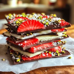 - 8 ounces dark chocolate chips - 8 ounces white chocolate chips - 1 cup fresh strawberries, hulled and sliced - 1/4 cup crushed pistachios - 1/4 cup shredded coconut - Sea salt (optional, for sprinkling) - Microwave-safe bowls - Baking sheet - Parchment paper or silicone mat Gather these ingredients to make this delightful treat. The dark chocolate chips add rich flavor, while white chocolate chips give a sweet touch. Fresh strawberries bring a juicy, fruity burst. You can also enhance your bark with optional garnishes like crushed pistachios for crunch, shredded coconut for sweetness, and a sprinkle of sea salt for a hint of savory. You will need a few basic tools. A microwave-safe bowl helps melt the chocolate without burning it. A baking sheet lined with parchment paper or a silicone mat ensures easy removal of your bark. These simple tools make the process smooth. For the full recipe, check the detailed instructions that guide you step by step. Enjoy crafting this tasty dessert! Melting the chocolates Start by melting the dark and white chocolate chips. Use two separate microwave-safe bowls. Heat each bowl in the microwave for 30 seconds. Stir the chocolate, then heat again until smooth. This method keeps the chocolate from burning. Preparing the baking sheet Line a baking sheet with parchment paper or a silicone mat. This step helps the bark come off easily. Make sure to cover the entire sheet for best results. Pouring and spreading dark chocolate Once the dark chocolate is melted, pour it onto the lined baking sheet. Use a spatula to spread it evenly. Aim for a layer that is about 1/4 inch thick. This will be the base of your bark. Adding strawberry slices Take the fresh strawberries and slice them thinly. Evenly place the strawberry slices over the dark chocolate. Press them down gently. This makes sure they stick when the chocolate sets. Drizzling white chocolate After adding the strawberries, grab the melted white chocolate. Use a spoon or a piping bag to drizzle it over the strawberries. Create a fun pattern, covering as much as you like. This adds a nice visual touch. Adding garnishes and chilling Sprinkle the crushed pistachios and shredded coconut on top of the bark. If you want, add a pinch of sea salt for extra flavor. Now, place the baking sheet in the fridge for about 30 minutes. This helps everything set and harden. Once set, break the bark into irregular pieces. Enjoy your Chocolate Covered Strawberry Bark! For the full recipe, check the section above. To melt chocolate without burning it, use a microwave. Heat it in short bursts of 30 seconds. Stir after each time to check the texture. This way, you avoid overheating. If you prefer, you can use a double boiler. Fill a pot with water and place a heat-safe bowl on top. The steam will gently melt the chocolate. For this recipe, choose ripe strawberries. Look for ones that are bright red and firm. These will taste the best. To prepare them, hull the strawberries first. This means you remove the green leaves and the white core inside. Then, slice them into thin pieces. This helps them fit well on the chocolate. When serving, arrange the bark on a nice plate. You can place whole strawberries around the bark for a colorful touch. Another fun idea is to package the bark in clear bags. Tie them with a ribbon for a lovely gift. This makes your chocolate covered strawberry bark not only tasty but also pretty! {{image_2}} You can use milk or white chocolate instead of dark chocolate. Milk chocolate gives a sweeter taste. White chocolate adds a creamy touch. You can also try flavored chocolates, like orange or mint. These options bring fun twists to your bark. Add different fruits for more flavor. Try bananas, raspberries, or blueberries. Each fruit pairs well with chocolate. Nuts can add crunch too. Think almonds, walnuts, or even cashews. You could also sprinkle some granola for extra texture. If you want a vegan option, use dairy-free chocolate chips. They melt well and taste great. For a sugar-free choice, find sugar-free chocolate. This way, everyone can enjoy this treat without worry. To keep your chocolate bark fresh, store it in an airtight container. This helps prevent moisture and keeps it safe from strong smells in your fridge. Place a piece of parchment paper between layers if you stack them. The ideal temperature for storing chocolate bark is between 60°F and 70°F. Avoid direct sunlight, as it can melt the chocolate. At room temperature, your chocolate bark lasts about one week. Make sure to keep it in a cool, dry place. If you store it in the fridge, it can last up to two weeks. Just remember that the chocolate may get a bit firmer when cold. If you want to keep your bark for longer, freezing is a great option. First, cut the bark into pieces. Then, wrap each piece in plastic wrap. Place the wrapped pieces in a freezer-safe bag. This helps prevent freezer burn. To thaw, simply take it out and let it sit at room temperature for about 30 minutes. Enjoy your delicious treat! To make Chocolate Covered Strawberry Bark, start with melting dark and white chocolate chips. Use separate bowls for each type. Heat them in the microwave in 30-second intervals until smooth. Next, line a baking sheet with parchment paper. Pour the melted dark chocolate onto the sheet and spread it out evenly. Place sliced strawberries on top, pressing them down slightly. Drizzle the melted white chocolate over the strawberries. Finish by sprinkling crushed pistachios and shredded coconut on top. Chill in the fridge for about 30 minutes until set, then break into pieces. You can find the full recipe in the article. Yes, you can use frozen strawberries, but they will change the bark’s texture. Frozen berries tend to release water as they thaw. This can make the chocolate bark slightly soggy. Fresh strawberries give a firmer bite and better flavor. If you must use frozen strawberries, let them thaw and pat them dry before slicing. If you want to swap out pistachios, there are many great options. You can use almonds, walnuts, or pecans. These nuts add nice crunch and flavor. For a fruity twist, consider using crushed freeze-dried strawberries or raspberries. Coconut flakes also work well for a tropical touch. Get creative and mix toppings to match your taste! Yes, this recipe can fit gluten-free and vegan diets with some changes. Use gluten-free chocolate chips to keep it gluten-free. For a vegan option, choose dairy-free chocolate chips. Always check the labels to ensure they meet your dietary needs. You can still enjoy a sweet treat while sticking to your diet! This chocolate-covered strawberry bark combines rich flavors and fresh fruit. You learned the best ingredients, from dark chocolate to fresh strawberries. We explored easy steps for melting, layering, and garnishing. Remember, using the right tools and techniques helps keep your chocolate smooth. Try different variations to suit your taste or diet. Proper storage ensures your treats stay fresh longer. Now, you have all the tips to create this delicious snack! Get creative and enjoy each bite!