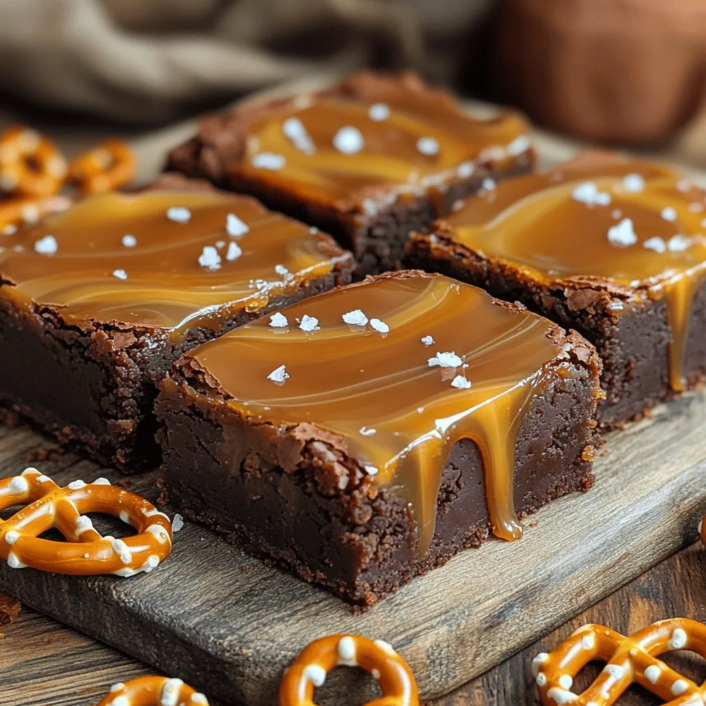 - 1 cup unsalted butter, melted - 2 cups granulated sugar - 1 cup packed brown sugar - 4 large eggs - 1 teaspoon vanilla extract - 1 cup all-purpose flour - 1 cup unsweetened cocoa powder - 1 teaspoon baking powder - ½ teaspoon salt - 1 cup semi-sweet chocolate chips - 1 cup pretzels, crushed - 1 cup store-bought salted caramel sauce - Sea salt flakes, for garnish Gathering the right ingredients is key to making these brownies. Start with unsalted butter for a rich flavor. The sugars add sweetness and a soft texture. Using both granulated and brown sugar gives depth to the taste. You will need four large eggs, which add moisture and help bind everything together. Vanilla extract brings warmth to the flavor. The dry ingredients include all-purpose flour and unsweetened cocoa powder. They create the brownie base and add that classic chocolate taste. Baking powder helps the brownies rise. Salt balances the sweetness. Semi-sweet chocolate chips add extra chocolate flavor in each bite. The crushed pretzels give a nice crunch and salty contrast. Finally, the store-bought salted caramel sauce makes it easy to add a sweet touch. A sprinkle of sea salt flakes on top enhances the flavor and adds a gourmet feel. Once you gather these ingredients, you are ready to create a delightful treat. You can find the Full Recipe earlier for detailed steps. - Preheat the oven to 350°F (175°C). - Prepare the baking pan for easy removal. Grease a 9x13-inch pan or line it with parchment paper. - In a large mixing bowl, combine melted butter with both sugars. - Add four large eggs and stir in one teaspoon of vanilla extract until well mixed. - In another bowl, sift together one cup of flour, one cup of cocoa powder, one teaspoon of baking powder, and half a teaspoon of salt. - Gradually mix the dry ingredients into the wet mixture, stirring until just combined. - Pour half the brownie batter into the prepared baking pan, spreading it evenly. - Drizzle half of the salted caramel sauce over the batter and gently swirl it with a knife. - Add the remaining brownie batter on top and finish with the rest of the caramel sauce, swirling again. - Bake for 30-35 minutes or until a toothpick comes out with a few moist crumbs. - Cool in the pan for 20 minutes before sprinkling sea salt flakes on top. To get the best brownies, avoid over-mixing the batter. Mix just until ingredients combine. Over-mixing makes brownies tough. Monitor your baking time closely. The right time helps keep brownies moist. Check them around 30 minutes. A toothpick should come out with a few moist crumbs. This means they are done. Using high-quality cocoa powder makes a big difference. It gives the brownies a rich taste. Choose good chocolate chips too. They add a nice melt and depth of flavor. After baking, allow the brownies to cool completely. This makes slicing easier and neater. Warm brownies can fall apart when cut. For a lovely display, serve brownies on a wooden board. It adds a rustic touch. Drizzle extra salted caramel on top for more flavor. Scatter some whole pretzels around for a fun look. This not only makes them pretty but also adds a crunchy bite. {{image_2}} You can make your brownies even more fun. - Incorporate nuts like walnuts or pecans. - Mix in crushed Oreo cookies for a different flavor. Adding these treats gives your brownies a tasty twist. They add texture and make each bite exciting. You can change a few ingredients to make these brownies healthier. - Substitute coconut oil for butter. - Use almond flour instead of all-purpose flour. These swaps can make your brownies a bit lighter. You still get the rich taste you love. Don't be afraid to play with flavors. - Experiment with peanut butter or butterscotch chips. - Try different flavored caramel sauces, like chocolate or sea salt. These changes open up new taste possibilities. Each bite can surprise you with unique flavors. Enjoy trying out your ideas! Store your brownies in an airtight container at room temperature. This keeps them fresh and tasty. They are best enjoyed within 3-4 days. After that, they may dry out. If you want to keep them longer, refrigerate the brownies for up to a week. For even longer storage, freeze the brownies. Wrap them securely to prevent freezer burn. They can last up to 3 months in the freezer. To enjoy your refrigerated brownies, warm them in the microwave for a few seconds. For frozen brownies, allow them to thaw before eating. This way, you can savor every delicious bite. Check with a toothpick; it should come out with a few moist crumbs. This tells you they are baked just right. I love this method because it is quick and easy. Yes, homemade caramel sauce can enhance flavor. Making your own adds a personal touch. It can also make the brownies taste even better. Add a scoop of vanilla ice cream on top or drizzle with caramel sauce. This helps bring back the moisture. You can also serve them warm for a cozy treat. Substitute all-purpose flour with a gluten-free flour blend. Many blends work well in brownies. Just make sure to check the packaging for best results. They can be stored at room temperature for 3-4 days or refrigerated for up to a week. For longer storage, freeze them wrapped tightly. Refer to the detailed instructions earlier for the complete method. This blog post showed you how to make salted caramel pretzel brownies. We covered the key ingredients, from butter to pretzels. I shared step-by-step instructions to guide you through the process. You learned tips for perfecting the texture and ways to customize the flavor. Finally, we discussed how to store and reheat your brownies. Now, you’re ready to bake. Enjoy every delicious bite of your homemade brownies!