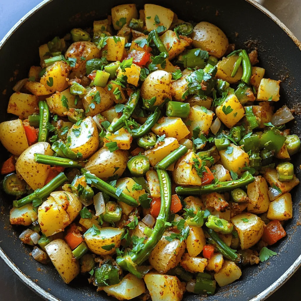 To make Easy Skillet Okra Hash, you need some key ingredients. Here they are: - 2 cups fresh okra, sliced - 1 large bell pepper (red or green), diced - 1 medium onion, diced - 2 medium potatoes, peeled and diced - 3 cloves garlic, minced - 1 teaspoon smoked paprika - 1 teaspoon ground cumin - Salt and pepper to taste - 2 tablespoons olive oil - 2 tablespoons fresh parsley, chopped (for garnish) These ingredients combine to give you a tasty and colorful dish. Fresh okra adds a unique texture. The potatoes provide a hearty base. Onions and bell peppers bring sweetness and crunch. If you want to enhance the flavor, consider these optional ingredients: - 1 teaspoon chili powder for heat - 1 tablespoon lemon juice for brightness - ½ cup corn for sweetness - Fresh herbs like thyme or cilantro for extra freshness Adding these can change the dish to fit your taste. Feel free to mix and match! You will need a few tools to make this dish: - A large skillet for cooking - A cutting board for chopping - A sharp knife for slicing - A wooden spoon for stirring - Measuring spoons for spices Having these tools ready makes cooking easier. A good skillet helps brown the veggies just right. Start by washing the okra. Slice it into small rounds. Next, take the bell pepper and dice it into small pieces. Use any color you like. Then, peel and dice the medium onion. This will add flavor. Finally, peel the potatoes and dice them into small cubes. Make sure all pieces are even for even cooking. Heat the olive oil in a large skillet over medium heat. Add the diced potatoes first. Cook them for 5-7 minutes. Stir them often. You want them to soften. After that, add the diced onion and bell pepper. Sauté these for 3-5 minutes. They should become tender. Next, stir in the sliced okra and minced garlic. Cook for another 5 minutes. This lets the okra get tender and slightly crisp. Now, sprinkle the smoked paprika, ground cumin, salt, and pepper over the mix. Stir well to coat everything in spices. Cook for an extra 2-3 minutes. This will bring all the flavors together. Once cooked, take the skillet off the heat. Garnish your okra hash with freshly chopped parsley. This adds a nice color and fresh taste. For a fun twist, serve it in the warm skillet. You can also spoon it onto plates. Drizzle a bit of olive oil on top for shine. If you like, top it with a fried or poached egg for extra protein. Enjoy your meal! For the full recipe, check the detailed instructions above. When selecting okra, look for firm pods. They should be bright green and smooth. Avoid any with brown spots or signs of wilting. The best okra is small to medium-sized, as larger pods can be tough. Fresh okra has a slightly fuzzy texture, which is normal. You can test freshness by gently bending the pod; it should snap easily. To get the best texture, avoid overcooking the okra. Sauté it just until tender. This keeps it crisp and flavorful. If you want to reduce the sliminess of okra, try soaking it in vinegar for 30 minutes before cooking. Also, cook it on medium-high heat to achieve a nice sear. Adding salt too early can draw out moisture, so add it later in the cooking process. One common mistake is overcrowding the skillet. This can make your okra steam instead of sauté. Cook in batches if needed. Another mistake is not preparing the vegetables properly. Make sure to dice them evenly for even cooking. Lastly, don’t skip the spices! The smoked paprika and cumin are key to a flavorful dish. For the full recipe, check out the Easy Skillet Okra Hash. {{image_2}} You can boost the protein in your okra hash easily. Try adding cooked sausage or bacon for a savory twist. Chopped chicken or shrimp also works great. If you want a meat-free option, use canned beans or lentils. They add protein and texture. You can mix and match proteins to fit your taste! Making this dish vegetarian or vegan is simple. Just skip any meat and focus on the veggies. You can add more beans or tofu for protein. Swap out the olive oil for avocado oil if you want. Use vegetable broth instead of oil for a lighter option. This way, you keep all the flavors without any meat. Seasonal veggies can change your okra hash game. In summer, add fresh tomatoes or zucchini for a juicy touch. In fall, try sweet potatoes or butternut squash for warmth. Each season brings new flavors. Use what you find at your local market. This practice keeps your meals fresh and exciting. Don’t forget to check the Full Recipe for the base dish! To store leftover okra hash, let it cool first. Once cool, transfer it to an airtight container. It stays fresh in the fridge for about 3-4 days. Always label your container with the date. This way, you know when to eat it. When ready to eat, reheat the hash in a skillet. Add a splash of water or olive oil to keep it moist. Heat on medium until warm, about 5-7 minutes. You can also microwave it for 2-3 minutes. Stir halfway through to ensure even heating. If you want to freeze the okra hash, pack it in a freezer-safe bag. Squeeze out as much air as possible before sealing. It can last in the freezer for up to 3 months. When ready to eat, thaw in the fridge overnight. Reheat in a skillet for the best flavor and texture. For the full recipe, check the Easy Skillet Okra Hash section. Yes, you can use frozen okra. It is easy and quick. Frozen okra is already cut and ready to use. Just add it straight to the skillet. However, thaw it first. This helps reduce excess moisture. Too much water can make your hash soggy. For the best taste, fresh okra is great, but frozen works well too. You can serve this dish with many things. Try it with eggs for breakfast. A fried egg or poached egg adds protein and flavor. You can also pair it with grilled meats. Chicken or sausage works nicely. Serve it with a fresh salad for a lighter meal. Adding some crusty bread or cornbread on the side is great too. Yes, Easy Skillet Okra Hash is gluten-free. All the ingredients are safe for those avoiding gluten. You can enjoy this dish without worry. It’s a tasty choice for everyone. If you want to make it extra special, use gluten-free bread with it. You can find many options at stores today. In summary, making Easy Skillet Okra Hash is simple and fun. You learned about key ingredients, cooking tools, and step-by-step instructions. We discussed helpful tips for perfect texture and how to avoid common mistakes. You also discovered tasty variations and storage tips for leftovers. Enjoy experimenting with this dish! Remember, cooking is about having fun and trying new things. Now get cooking and make your own delicious skillet okra hash!
