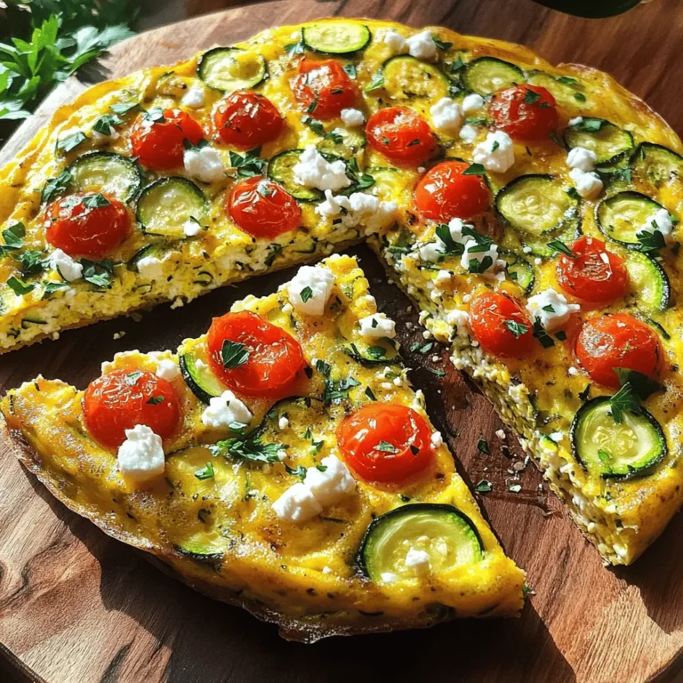 To make a tasty baked zucchini frittata, you need fresh, vibrant ingredients. Here’s what you will need: - 4 large eggs - 1 cup zucchini, grated - 1/2 cup cherry tomatoes, halved - 1/4 cup red onion, finely chopped - 1/2 cup spinach, roughly chopped - 1/2 cup feta cheese, crumbled - 2 tablespoons olive oil - 1 teaspoon garlic powder - 1/2 teaspoon dried oregano - Salt and pepper to taste Each ingredient adds flavor and nutrition. The eggs form the base, while zucchini brings moisture. Cherry tomatoes add sweetness, and red onion gives a mild kick. Spinach adds color, and feta cheese gives a creamy texture. In addition to the fresh ingredients, some pantry staples are essential for this frittata. You will need: - Olive oil for cooking - Garlic powder for flavor - Dried oregano for seasoning - Salt and pepper to taste These staples help enhance the overall taste. They make your frittata sing with flavor. You can take your frittata to the next level with some toppings. Here are a few great options: - Fresh herbs like parsley or basil - Additional cheese, like goat cheese or mozzarella - Sliced avocado for creaminess - A sprinkle of chili flakes for heat These toppings can add color and extra flavor. They also make your dish look more appealing and fun. For the full recipe, check out the complete details on how to prepare this delightful dish! Start by preheating your oven to 375°F (190°C). This step is key for a fluffy frittata. Next, grab a large bowl and whisk the eggs until they look smooth. Add in salt, pepper, garlic powder, and dried oregano. This mix will give your frittata a tasty kick. Heat 2 tablespoons of olive oil in a skillet over medium heat. Once hot, toss in the finely chopped red onion. Cook it for about 2-3 minutes. You want it soft and fragrant. Now, add the grated zucchini and roughly chopped spinach. Stir this mix for another 3-4 minutes. The spinach should wilt, and the zucchini should soften a bit. Once done, remove the skillet from the heat. Gently fold the zucchini mixture into your bowl of beaten eggs. Now, mix in the halved cherry tomatoes and crumbled feta cheese. This combination brings flavor and texture. Pour the frittata mixture into a greased baking dish or an ovenproof skillet. Spread it evenly. Bake in your preheated oven for 25-30 minutes. You'll know it’s done when it’s puffed and the center is set. After baking, let it cool for a few minutes before slicing. You can serve it warm or at room temperature. For the full recipe, check the earlier section. To get a soft and smooth frittata, focus on the eggs. Whisk them well, but don’t overbeat. This keeps air in them. Air helps the frittata rise. When you mix in the veggies, do it gently. This way, you keep the texture light. Baking at the right temperature is key. Set your oven to 375°F (190°C). If it’s too hot, the frittata can dry out. One big mistake is overcooking. Keep an eye on the frittata while it bakes. It should puff up and look set in the middle. If you leave it too long, it can get tough. Another mistake is not seasoning enough. Always taste your egg mix before baking. Add salt and pepper to your liking. Lastly, don’t skip the resting time after baking. Let it sit for a few minutes. This helps the slices hold together better. Serve your frittata warm or at room temperature. It’s great for breakfast or lunch. For added flavor, garnish with fresh herbs like parsley or basil. You can also pair it with a side salad for a full meal. If you want more texture, add some crusty bread. For a fun twist, serve it with a dollop of yogurt or a drizzle of hot sauce. Enjoy exploring these flavor options! Check out the Full Recipe for more details. {{image_2}} If you want to add meat to your baked zucchini frittata, there are many tasty choices. Cooked bacon or sausage gives a nice, hearty touch. Diced ham or chicken also works well. You can even use turkey for a leaner option. Just be sure to cook the meat first. Then, mix it into the egg and veggie mixture. This adds flavor and makes the dish more filling. For a vegetarian twist, you can play with the cheese and veggies. Instead of feta, try goat cheese or mozzarella for a creamier taste. You can also swap out the spinach for kale or add bell peppers for extra color and crunch. Mushrooms add a nice earthy flavor too. Feel free to mix and match your favorite vegetables. This keeps the dish fresh and exciting. To elevate the flavor of your frittata, add herbs and spices. Fresh basil or parsley brightens the dish. You can also try thyme or rosemary for a savory kick. If you like heat, a pinch of red pepper flakes works wonders. Experiment with garlic or onion powder for added depth. Remember, a little goes a long way! These simple changes can turn your frittata into a gourmet meal. To store leftover frittata, first let it cool to room temperature. Then, cut it into slices. Place the slices in an airtight container. You can also wrap them in plastic wrap or foil. Keep the container in the fridge. It will stay fresh for up to four days. To reheat your frittata, preheat the oven to 350°F (175°C). Place the slices on a baking sheet. Heat for about 10-15 minutes until warm. You can also use a microwave. Just heat each slice for about 30-60 seconds. Check if it’s hot all the way through before serving. If you want to freeze frittata, let it cool completely first. Wrap each slice tightly in plastic wrap. Then, place them in a freezer bag. Remove as much air as possible. Label the bag with the date. You can freeze the frittata for up to three months. To thaw, move it to the fridge overnight. Reheat as mentioned above. Enjoy a quick and tasty meal whenever you want! For the full recipe, check out the earlier section. A baked frittata lasts about three to four days in the fridge. After cooking, let it cool completely. Then, store it in an airtight container. This keeps it fresh and tasty. You can enjoy it for breakfast, lunch, or dinner. Just remember to check for any signs of spoilage before eating. Yes, you can use many other vegetables in a frittata. Options include bell peppers, mushrooms, and broccoli. You can also add leftovers like roasted veggies. Just ensure they are cooked and not too watery. This will help the frittata set well. Feel free to try your favorites. It’s a great way to use up extra produce! The main difference lies in how they are cooked and served. An omelet is cooked on the stovetop and folded. It usually has fillings inside. A frittata cooks in the oven and is not folded. It mixes ingredients throughout the eggs. This gives it a thicker texture. Both are delicious, but a frittata is great for serving a group! If you want to make a frittata, check out the Full Recipe for a tasty baked zucchini frittata! You can create a tasty baked zucchini frittata with simple steps. We covered the key ingredients and pantry staples. You learned how to prepare, cook, and bake the dish for the best taste. Tips and tricks helped you avoid common mistakes. We explored variations to cater to all diets and discussed how to store leftovers. In the end, frittatas offer endless options and flavors. Enjoy experimenting to find your favorite!