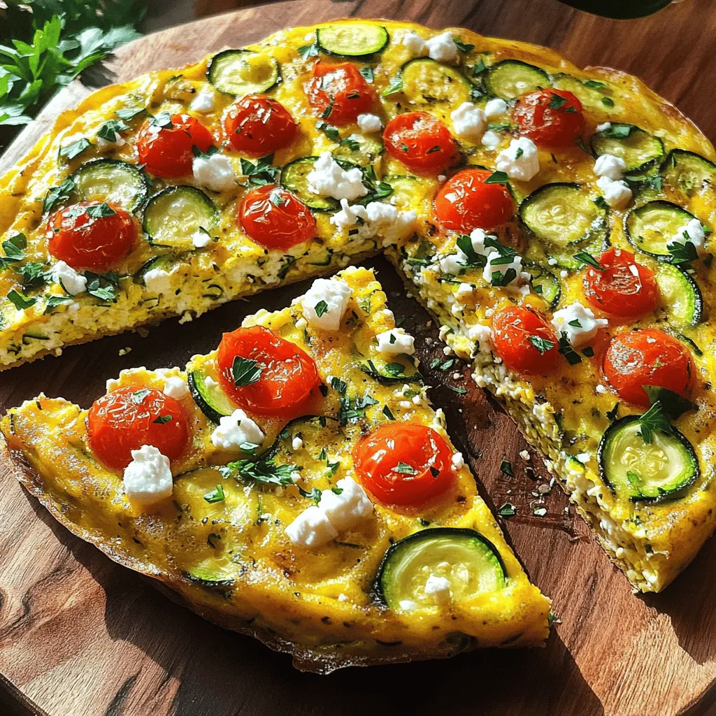 To make a tasty baked zucchini frittata, you need fresh, vibrant ingredients. Here’s what you will need: - 4 large eggs - 1 cup zucchini, grated - 1/2 cup cherry tomatoes, halved - 1/4 cup red onion, finely chopped - 1/2 cup spinach, roughly chopped - 1/2 cup feta cheese, crumbled - 2 tablespoons olive oil - 1 teaspoon garlic powder - 1/2 teaspoon dried oregano - Salt and pepper to taste Each ingredient adds flavor and nutrition. The eggs form the base, while zucchini brings moisture. Cherry tomatoes add sweetness, and red onion gives a mild kick. Spinach adds color, and feta cheese gives a creamy texture. In addition to the fresh ingredients, some pantry staples are essential for this frittata. You will need: - Olive oil for cooking - Garlic powder for flavor - Dried oregano for seasoning - Salt and pepper to taste These staples help enhance the overall taste. They make your frittata sing with flavor. You can take your frittata to the next level with some toppings. Here are a few great options: - Fresh herbs like parsley or basil - Additional cheese, like goat cheese or mozzarella - Sliced avocado for creaminess - A sprinkle of chili flakes for heat These toppings can add color and extra flavor. They also make your dish look more appealing and fun. For the full recipe, check out the complete details on how to prepare this delightful dish! Start by preheating your oven to 375°F (190°C). This step is key for a fluffy frittata. Next, grab a large bowl and whisk the eggs until they look smooth. Add in salt, pepper, garlic powder, and dried oregano. This mix will give your frittata a tasty kick. Heat 2 tablespoons of olive oil in a skillet over medium heat. Once hot, toss in the finely chopped red onion. Cook it for about 2-3 minutes. You want it soft and fragrant. Now, add the grated zucchini and roughly chopped spinach. Stir this mix for another 3-4 minutes. The spinach should wilt, and the zucchini should soften a bit. Once done, remove the skillet from the heat. Gently fold the zucchini mixture into your bowl of beaten eggs. Now, mix in the halved cherry tomatoes and crumbled feta cheese. This combination brings flavor and texture. Pour the frittata mixture into a greased baking dish or an ovenproof skillet. Spread it evenly. Bake in your preheated oven for 25-30 minutes. You'll know it’s done when it’s puffed and the center is set. After baking, let it cool for a few minutes before slicing. You can serve it warm or at room temperature. For the full recipe, check the earlier section. To get a soft and smooth frittata, focus on the eggs. Whisk them well, but don’t overbeat. This keeps air in them. Air helps the frittata rise. When you mix in the veggies, do it gently. This way, you keep the texture light. Baking at the right temperature is key. Set your oven to 375°F (190°C). If it’s too hot, the frittata can dry out. One big mistake is overcooking. Keep an eye on the frittata while it bakes. It should puff up and look set in the middle. If you leave it too long, it can get tough. Another mistake is not seasoning enough. Always taste your egg mix before baking. Add salt and pepper to your liking. Lastly, don’t skip the resting time after baking. Let it sit for a few minutes. This helps the slices hold together better. Serve your frittata warm or at room temperature. It’s great for breakfast or lunch. For added flavor, garnish with fresh herbs like parsley or basil. You can also pair it with a side salad for a full meal. If you want more texture, add some crusty bread. For a fun twist, serve it with a dollop of yogurt or a drizzle of hot sauce. Enjoy exploring these flavor options! Check out the Full Recipe for more details. {{image_2}} If you want to add meat to your baked zucchini frittata, there are many tasty choices. Cooked bacon or sausage gives a nice, hearty touch. Diced ham or chicken also works well. You can even use turkey for a leaner option. Just be sure to cook the meat first. Then, mix it into the egg and veggie mixture. This adds flavor and makes the dish more filling. For a vegetarian twist, you can play with the cheese and veggies. Instead of feta, try goat cheese or mozzarella for a creamier taste. You can also swap out the spinach for kale or add bell peppers for extra color and crunch. Mushrooms add a nice earthy flavor too. Feel free to mix and match your favorite vegetables. This keeps the dish fresh and exciting. To elevate the flavor of your frittata, add herbs and spices. Fresh basil or parsley brightens the dish. You can also try thyme or rosemary for a savory kick. If you like heat, a pinch of red pepper flakes works wonders. Experiment with garlic or onion powder for added depth. Remember, a little goes a long way! These simple changes can turn your frittata into a gourmet meal. To store leftover frittata, first let it cool to room temperature. Then, cut it into slices. Place the slices in an airtight container. You can also wrap them in plastic wrap or foil. Keep the container in the fridge. It will stay fresh for up to four days. To reheat your frittata, preheat the oven to 350°F (175°C). Place the slices on a baking sheet. Heat for about 10-15 minutes until warm. You can also use a microwave. Just heat each slice for about 30-60 seconds. Check if it’s hot all the way through before serving. If you want to freeze frittata, let it cool completely first. Wrap each slice tightly in plastic wrap. Then, place them in a freezer bag. Remove as much air as possible. Label the bag with the date. You can freeze the frittata for up to three months. To thaw, move it to the fridge overnight. Reheat as mentioned above. Enjoy a quick and tasty meal whenever you want! For the full recipe, check out the earlier section. A baked frittata lasts about three to four days in the fridge. After cooking, let it cool completely. Then, store it in an airtight container. This keeps it fresh and tasty. You can enjoy it for breakfast, lunch, or dinner. Just remember to check for any signs of spoilage before eating. Yes, you can use many other vegetables in a frittata. Options include bell peppers, mushrooms, and broccoli. You can also add leftovers like roasted veggies. Just ensure they are cooked and not too watery. This will help the frittata set well. Feel free to try your favorites. It’s a great way to use up extra produce! The main difference lies in how they are cooked and served. An omelet is cooked on the stovetop and folded. It usually has fillings inside. A frittata cooks in the oven and is not folded. It mixes ingredients throughout the eggs. This gives it a thicker texture. Both are delicious, but a frittata is great for serving a group! If you want to make a frittata, check out the Full Recipe for a tasty baked zucchini frittata! You can create a tasty baked zucchini frittata with simple steps. We covered the key ingredients and pantry staples. You learned how to prepare, cook, and bake the dish for the best taste. Tips and tricks helped you avoid common mistakes. We explored variations to cater to all diets and discussed how to store leftovers. In the end, frittatas offer endless options and flavors. Enjoy experimenting to find your favorite!