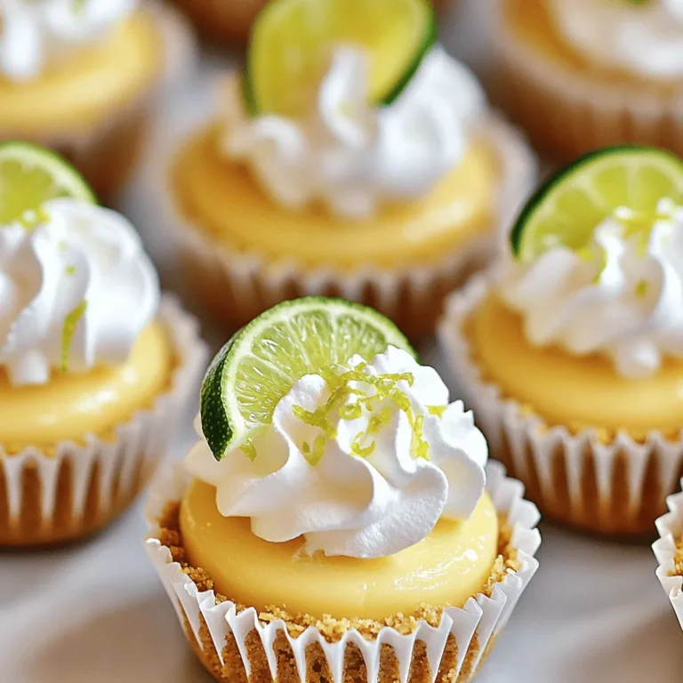 To make these mini key lime cheesecakes, gather the following items: - 1 cup graham cracker crumbs - 1/4 cup unsalted butter, melted - 2 tablespoons sugar - 16 oz cream cheese, softened - 1/2 cup granulated sugar - 1/4 cup sour cream - 1/4 cup fresh key lime juice - 2 teaspoons key lime zest - 2 large eggs - Pinch of salt - Whipped cream, for topping - Lime slices, for garnish You can swap some ingredients if needed. Here are a few simple ideas: - Graham cracker crumbs: Use crushed cookies like digestive biscuits or vanilla wafers. - Unsalted butter: Coconut oil can work as a dairy-free option. - Sour cream: Greek yogurt provides a similar tangy flavor and texture. - Fresh key lime juice: Regular lime juice works too, but the taste may differ slightly. - Cream cheese: For a lighter version, try using reduced-fat cream cheese. Fresh ingredients make your mini key lime cheesecakes taste great. Here are some tips: - Key limes: Choose limes that feel heavy for their size and have a glossy skin. - Cream cheese: Look for blocks of cream cheese, not the spreadable kind. Check the expiration date for freshness. - Butter: Select high-quality unsalted butter for the best flavor. - Eggs: Use fresh eggs; they should be clean and free of cracks. These steps will help you gather the best ingredients for your mini key lime cheesecakes. For the full recipe, check out the [Full Recipe]. First, we need to gather our ingredients. You will need graham cracker crumbs, butter, and sugar for the crust. For the filling, grab cream cheese, granulated sugar, sour cream, key lime juice, key lime zest, eggs, and a pinch of salt. 1. Preheat your oven to 325°F (160°C). Line a 12-cup muffin tin with paper liners. 2. In a medium bowl, mix the graham cracker crumbs, melted butter, and 2 tablespoons of sugar. Stir until the crumbs are fully coated with butter. 3. Press about a tablespoon of this mixture into the bottom of each muffin liner. This forms the crust. Bake for 5-7 minutes, or until slightly golden. Remove them from the oven and let them cool. Now, let’s make the cheesecake filling. 1. In a large mixing bowl, beat the softened cream cheese until it is smooth. 2. Gradually add in 1/2 cup of granulated sugar. Mix until well combined. 3. Next, stir in the sour cream, key lime juice, zest, and a pinch of salt. Mix until the mixture is smooth and creamy. 4. Add the eggs one at a time. Keep the mixer on low speed to avoid overmixing. 5. Spoon the cheesecake batter evenly over the cooled crusts in the muffin tin. Time to bake the cheesecakes! 1. Bake for 20-25 minutes. The edges should be set, and the centers may jiggle a bit. 2. Remove them from the oven and let cool in the tin for about 10 minutes. 3. After that, transfer them to the refrigerator. Chill for at least 2 hours or until they are completely set. 4. Before serving, top each cheesecake with whipped cream and garnish with a slice of lime. For the complete recipe, check out the Full Recipe section. Enjoy your mini key lime cheesecakes! To make the best crust, use fresh graham cracker crumbs. Mix them with melted butter and sugar. Press this mixture firmly into the muffin liners. Bake until slightly golden. This gives the crust a nice crunch. One common mistake is overmixing the cream cheese. Mix just until smooth. Overmixing can add too much air, making the cheesecakes puff up and crack. Another mistake is not chilling them enough. They need time in the fridge to set properly. Serve your mini key lime cheesecakes with whipped cream on top. A slice of lime adds a nice touch. You can also sprinkle some key lime zest for extra flavor. For a fun twist, try adding fresh berries on the side. These cheesecakes are perfect for summer gatherings or any sweet treat moment. For the full recipe, check out the instructions above! {{image_2}} You can easily change the flavor of your mini key lime cheesecakes. One fun option is coconut. To do this, add 1/2 cup of shredded coconut to the batter. This gives a tropical twist. Another tasty option is raspberry. You can swirl in some raspberry puree before baking. This adds a nice color and flavor. If you need a gluten-free treat, it’s simple to adapt this recipe. Use gluten-free graham cracker crumbs for the crust. Many brands offer these crumbs in stores. Check the label to ensure they are truly gluten-free. This lets everyone enjoy the dessert without worry. For a dairy-free version, swap out the cream cheese and sour cream. Use a dairy-free cream cheese made from nuts or soy. Also, choose a non-dairy sour cream or yogurt. These swaps keep the texture creamy and delicious. You can still enjoy the tangy flavor of key lime. This way, everyone can join in on the fun! For the complete approach, check the Full Recipe. To keep your mini key lime cheesecakes fresh, place them in an airtight container. You can stack them carefully, but use parchment paper between layers to prevent sticking. Store them in the fridge for easy access. They stay delicious and creamy this way. If you want to save some for later, freezing is a great option. First, let the cheesecakes cool completely. Then, wrap each cheesecake in plastic wrap and place them in a freezer-safe bag. You can also use a container that seals tight. They can stay in the freezer for up to three months. When you’re ready to enjoy them, thaw them overnight in the fridge. Mini key lime cheesecakes last about a week in the fridge. To enjoy them at their best, eat them within the first few days. Keep an eye out for changes in texture or smell. If you notice anything off, it’s best to throw them away. Follow these tips for maximum freshness and flavor! For the complete recipe, check out the Full Recipe. Key limes are smaller than regular limes. They are also more tart and aromatic. The taste is unique and gives a special zing to desserts. Key limes have a yellowish hue when ripe. Regular limes remain green and are usually larger. You can find key limes in stores, but they may be seasonal. Yes, you can make mini key lime cheesecakes ahead of time. They store well in the fridge. Just let them chill for at least 2 hours after baking. You can keep them in an airtight container for up to 3 days. This makes them perfect for parties or special events. You can buy mini key lime cheesecakes at some bakeries and dessert shops. Many grocery stores also have them in their bakery section. If you want a fresh option, try local farmers' markets. Some places may offer delivery services for homemade treats. Look for online recipes for an easy DIY option. Yes, you can create a vegan version of mini key lime cheesecakes. Use dairy-free cream cheese and coconut milk instead of sour cream. Substitute eggs with flaxseed meal or chia seeds mixed with water. These swaps keep the flavor but make it plant-based. You can follow the Full Recipe and make simple changes to fit your diet. This blog covered all you need to make mini key lime cheesecakes. You learned about choosing fresh ingredients and key substitutions. I shared step-by-step prep and baking instructions. Tips for the perfect crust and common mistakes helped improve your results. You also explored flavor variations and helpful storage info. These cheesecakes are tasty, easy, and fun to customize. Enjoy making them for yourself or friends!