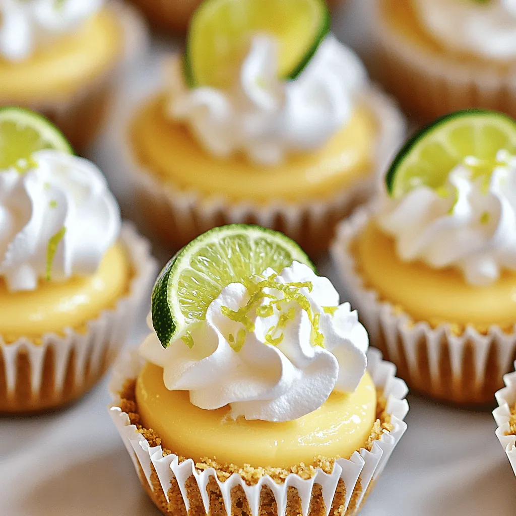 To make these mini key lime cheesecakes, gather the following items: - 1 cup graham cracker crumbs - 1/4 cup unsalted butter, melted - 2 tablespoons sugar - 16 oz cream cheese, softened - 1/2 cup granulated sugar - 1/4 cup sour cream - 1/4 cup fresh key lime juice - 2 teaspoons key lime zest - 2 large eggs - Pinch of salt - Whipped cream, for topping - Lime slices, for garnish You can swap some ingredients if needed. Here are a few simple ideas: - Graham cracker crumbs: Use crushed cookies like digestive biscuits or vanilla wafers. - Unsalted butter: Coconut oil can work as a dairy-free option. - Sour cream: Greek yogurt provides a similar tangy flavor and texture. - Fresh key lime juice: Regular lime juice works too, but the taste may differ slightly. - Cream cheese: For a lighter version, try using reduced-fat cream cheese. Fresh ingredients make your mini key lime cheesecakes taste great. Here are some tips: - Key limes: Choose limes that feel heavy for their size and have a glossy skin. - Cream cheese: Look for blocks of cream cheese, not the spreadable kind. Check the expiration date for freshness. - Butter: Select high-quality unsalted butter for the best flavor. - Eggs: Use fresh eggs; they should be clean and free of cracks. These steps will help you gather the best ingredients for your mini key lime cheesecakes. For the full recipe, check out the [Full Recipe]. First, we need to gather our ingredients. You will need graham cracker crumbs, butter, and sugar for the crust. For the filling, grab cream cheese, granulated sugar, sour cream, key lime juice, key lime zest, eggs, and a pinch of salt. 1. Preheat your oven to 325°F (160°C). Line a 12-cup muffin tin with paper liners. 2. In a medium bowl, mix the graham cracker crumbs, melted butter, and 2 tablespoons of sugar. Stir until the crumbs are fully coated with butter. 3. Press about a tablespoon of this mixture into the bottom of each muffin liner. This forms the crust. Bake for 5-7 minutes, or until slightly golden. Remove them from the oven and let them cool. Now, let’s make the cheesecake filling. 1. In a large mixing bowl, beat the softened cream cheese until it is smooth. 2. Gradually add in 1/2 cup of granulated sugar. Mix until well combined. 3. Next, stir in the sour cream, key lime juice, zest, and a pinch of salt. Mix until the mixture is smooth and creamy. 4. Add the eggs one at a time. Keep the mixer on low speed to avoid overmixing. 5. Spoon the cheesecake batter evenly over the cooled crusts in the muffin tin. Time to bake the cheesecakes! 1. Bake for 20-25 minutes. The edges should be set, and the centers may jiggle a bit. 2. Remove them from the oven and let cool in the tin for about 10 minutes. 3. After that, transfer them to the refrigerator. Chill for at least 2 hours or until they are completely set. 4. Before serving, top each cheesecake with whipped cream and garnish with a slice of lime. For the complete recipe, check out the Full Recipe section. Enjoy your mini key lime cheesecakes! To make the best crust, use fresh graham cracker crumbs. Mix them with melted butter and sugar. Press this mixture firmly into the muffin liners. Bake until slightly golden. This gives the crust a nice crunch. One common mistake is overmixing the cream cheese. Mix just until smooth. Overmixing can add too much air, making the cheesecakes puff up and crack. Another mistake is not chilling them enough. They need time in the fridge to set properly. Serve your mini key lime cheesecakes with whipped cream on top. A slice of lime adds a nice touch. You can also sprinkle some key lime zest for extra flavor. For a fun twist, try adding fresh berries on the side. These cheesecakes are perfect for summer gatherings or any sweet treat moment. For the full recipe, check out the instructions above! {{image_2}} You can easily change the flavor of your mini key lime cheesecakes. One fun option is coconut. To do this, add 1/2 cup of shredded coconut to the batter. This gives a tropical twist. Another tasty option is raspberry. You can swirl in some raspberry puree before baking. This adds a nice color and flavor. If you need a gluten-free treat, it’s simple to adapt this recipe. Use gluten-free graham cracker crumbs for the crust. Many brands offer these crumbs in stores. Check the label to ensure they are truly gluten-free. This lets everyone enjoy the dessert without worry. For a dairy-free version, swap out the cream cheese and sour cream. Use a dairy-free cream cheese made from nuts or soy. Also, choose a non-dairy sour cream or yogurt. These swaps keep the texture creamy and delicious. You can still enjoy the tangy flavor of key lime. This way, everyone can join in on the fun! For the complete approach, check the Full Recipe. To keep your mini key lime cheesecakes fresh, place them in an airtight container. You can stack them carefully, but use parchment paper between layers to prevent sticking. Store them in the fridge for easy access. They stay delicious and creamy this way. If you want to save some for later, freezing is a great option. First, let the cheesecakes cool completely. Then, wrap each cheesecake in plastic wrap and place them in a freezer-safe bag. You can also use a container that seals tight. They can stay in the freezer for up to three months. When you’re ready to enjoy them, thaw them overnight in the fridge. Mini key lime cheesecakes last about a week in the fridge. To enjoy them at their best, eat them within the first few days. Keep an eye out for changes in texture or smell. If you notice anything off, it’s best to throw them away. Follow these tips for maximum freshness and flavor! For the complete recipe, check out the Full Recipe. Key limes are smaller than regular limes. They are also more tart and aromatic. The taste is unique and gives a special zing to desserts. Key limes have a yellowish hue when ripe. Regular limes remain green and are usually larger. You can find key limes in stores, but they may be seasonal. Yes, you can make mini key lime cheesecakes ahead of time. They store well in the fridge. Just let them chill for at least 2 hours after baking. You can keep them in an airtight container for up to 3 days. This makes them perfect for parties or special events. You can buy mini key lime cheesecakes at some bakeries and dessert shops. Many grocery stores also have them in their bakery section. If you want a fresh option, try local farmers' markets. Some places may offer delivery services for homemade treats. Look for online recipes for an easy DIY option. Yes, you can create a vegan version of mini key lime cheesecakes. Use dairy-free cream cheese and coconut milk instead of sour cream. Substitute eggs with flaxseed meal or chia seeds mixed with water. These swaps keep the flavor but make it plant-based. You can follow the Full Recipe and make simple changes to fit your diet. This blog covered all you need to make mini key lime cheesecakes. You learned about choosing fresh ingredients and key substitutions. I shared step-by-step prep and baking instructions. Tips for the perfect crust and common mistakes helped improve your results. You also explored flavor variations and helpful storage info. These cheesecakes are tasty, easy, and fun to customize. Enjoy making them for yourself or friends!