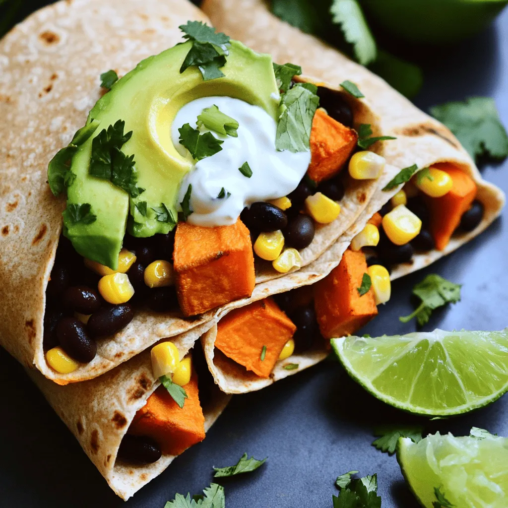 - 2 medium sweet potatoes, peeled and cubed - 1 can (15 oz) black beans, drained and rinsed - 1 cup corn kernels (fresh or frozen) - 1 teaspoon cumin - 1 teaspoon smoked paprika - 1/2 teaspoon chili powder - 4 large whole wheat tortillas - 1 avocado, sliced - Fresh cilantro, chopped for garnish I love using sweet potatoes and black beans in my burritos. They are tasty and full of nutrients. Sweet potatoes add a sweet, creamy texture. Black beans provide protein and fiber, making the meal filling. Corn adds a nice crunch. The spices are key to flavor. Cumin gives warmth, while smoked paprika adds a hint of smoke. Chili powder brings just the right amount of heat. These spices work together to make each bite exciting. You can choose whole wheat tortillas for a healthier option. They hold the filling well and add a nice taste. Sliced avocado adds creaminess and freshness. Cilantro makes the dish pop with color and flavor. For more ideas on how to make these burritos, check out the Full Recipe. - Preheat the oven to 400°F (200°C). - Toss cubed sweet potatoes with olive oil, cumin, smoked paprika, chili powder, salt, and pepper. To start, I love the vibrant color of sweet potatoes. They bring a beautiful hue and a hint of sweetness to our burritos. Tossing them with olive oil helps them roast evenly. The spices add depth and warmth. Make sure every piece is coated well for the best flavor. - Spread sweet potatoes on a baking sheet. - Roast for 25–30 minutes, flipping halfway. Once your sweet potatoes are on the sheet, pop them in the oven. Roasting brings out their natural sweetness and makes them tender. I recommend flipping them halfway. This helps them cook evenly and caramelizes the edges. You want them to be soft but not mushy. - Combine roasted sweet potatoes with black beans, corn, and bell pepper. - Warm tortillas and fill with the mixture. After the sweet potatoes are done, let’s mix them with black beans, corn, and diced bell pepper. This combo adds texture and flavor. Next, warm your tortillas. You can use a microwave or a skillet. A warm tortilla is easier to roll. Place a scoop of the filling in the center. Then, top with avocado slices and Greek yogurt if you like. Roll the burrito tightly from the bottom. This keeps all the goodness inside. Serve them with lime wedges and fresh cilantro for a burst of flavor. For the full recipe, check out the details above. To make sure your sweet potatoes taste great, roast them right. First, cut them into small cubes. This helps them cook evenly. Toss the cubes with olive oil and spices before baking. Spread them out on the baking sheet. This way, they roast well and get that nice caramelized flavor. When warming tortillas, be gentle. You can microwave them for 15–20 seconds. If you prefer, heat them in a dry skillet over medium heat. Just warm them until they are soft, but don’t overheat. This prevents tearing when you roll them. Optional toppings can make your burritos shine. Try adding Greek yogurt or sour cream for creaminess. They add a nice tang, too. Fresh cilantro brings brightness, while lime wedges add a zesty kick. These toppings take the flavor to another level. Use a sturdy baking sheet for roasting the sweet potatoes. A non-stick skillet is best for warming tortillas. For burrito assembly, a large cutting board helps keep everything tidy. A sharp knife makes slicing your burritos easy and neat. For the full recipe, you can refer to the Sweet Potato Black Bean Burritos recipe above. This will guide you through each step! {{image_2}} You can make your burritos even better by adding protein. Grilled chicken is a great choice. It adds flavor and richness. You can also use tofu for a plant-based option. Just prepare the tofu by pressing it first. Then, grill or sauté it with some spices. This way, you boost protein while keeping it tasty. Changing up the spices can create new tastes. Try using taco seasoning instead of the original spices. This adds a bit of a kick. You can also swap in different veggies. Zucchini works well, or try adding fresh spinach. Both options add color and nutrition. Don't be afraid to mix and match flavors! The type of tortilla can change the whole meal. Use gluten-free tortillas if you need them. Corn tortillas are also a great choice if you want a different texture. If you're feeling adventurous, try making your own tortillas. Homemade tortillas can be soft and delicious. It's a fun way to learn new skills in the kitchen. To store leftover burritos in the fridge, wrap each burrito tightly in plastic wrap or foil. This keeps them fresh and prevents them from drying out. Place the wrapped burritos in an airtight container to avoid any odors from other foods. They can last up to three days in the fridge. To freeze prepared burritos, let them cool completely first. Then, wrap each burrito in plastic wrap. After that, place them in a freezer-safe bag or container. This method helps prevent freezer burn. You can keep frozen burritos for up to three months. For reheating frozen burritos, move them to the fridge the night before. This helps them thaw slowly. If you're in a hurry, you can microwave them for about two minutes on high, flipping halfway. The best methods for reheating burritos include using an oven or skillet. Preheat your oven to 350°F (175°C). Wrap your burrito in foil and heat for about 15-20 minutes. This keeps the tortilla crispy while warming the filling. If you use a skillet, heat it on medium. Place the burrito in the pan and cover it. Cook for about 5-7 minutes, turning occasionally. This method helps avoid soggy burritos. For added crispness, you can add a bit of oil to the skillet. These tips ensure your sweet potato black bean burritos stay tasty and enjoyable! Check out the Full Recipe for details on making these delicious burritos. Sweet potato black bean burritos last about 3 to 5 days in the fridge. To keep them fresh, store them in an airtight container. Make sure they cool completely before sealing. This helps prevent moisture buildup, which can make the tortillas soggy. Yes, you can make these burritos ahead of time. Prepare the filling and store it in the fridge. You can also wrap the burritos tightly in foil or plastic wrap. When you're ready to eat, just heat them up in the oven or microwave. This makes meal prep easy and saves time during the week. Yes, sweet potato black bean burritos can be gluten-free. Use gluten-free tortillas made from corn or rice. Check the labels to ensure they don't contain any gluten. All the other ingredients, like sweet potatoes and black beans, are naturally gluten-free. Sweet potatoes are high in fiber, vitamins, and antioxidants. They help with digestion and can boost your immune system. Black beans are a great source of protein and fiber. They can help keep you full and support heart health. Together, they make a nutritious and filling meal that you can enjoy any time. For the full recipe, check out the Sweet Potato Black Bean Burritos. This blog post covered making delicious sweet potato black bean burritos. We explored the key ingredients like sweet potatoes, black beans, and spices. I shared step-by-step instructions to prepare, roast, and assemble. Tips and variations provided ways to enhance flavor and adjust ingredients to your taste. You learned storage tips to keep your burritos fresh. Enjoying these burritos isn’t just tasty; they offer many health benefits too. Try these ideas for a fun meal!