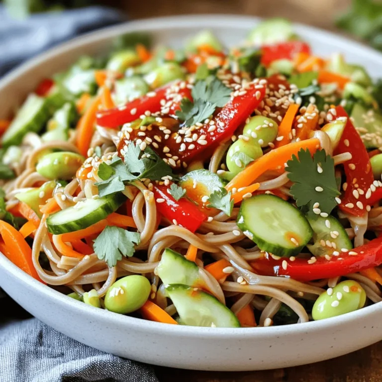 To make a fresh and zesty Spicy Soba Noodle Salad, gather these ingredients: - 200g soba noodles - 1 cup edamame, shelled - 1 red bell pepper, thinly sliced - 1 medium cucumber, julienned - 1 medium carrot, julienned - 4 green onions, chopped - 1/4 cup fresh cilantro, chopped - 1 tablespoon sesame seeds - 2 tablespoons soy sauce - 2 tablespoons sesame oil - 1 tablespoon rice vinegar - 1 tablespoon chili paste (adjust for spice preference) - 1 teaspoon honey or agave syrup - Salt and pepper to taste These ingredients come together to create a vibrant and flavorful dish. Soba noodles are key. They are made from buckwheat and offer a nutty flavor. Edamame adds protein and a nice pop. Red bell pepper and cucumber bring crunch, while carrot adds sweetness. Green onions and cilantro give a fresh finish. The dressing ties everything together. Soy sauce adds umami, while sesame oil brings richness. Rice vinegar adds tang, and chili paste gives heat. Honey balances the flavors. You can adjust the spice to fit your taste. For the full recipe, check the details above. Enjoy crafting this delicious salad! - Bring a large pot of water to a boil. - Add the soba noodles and cook them for about 4-5 minutes. - Drain the noodles and rinse them under cold water to stop cooking. Cooking soba noodles is simple. Just make sure the water is boiling. This way, your noodles will cook evenly. After cooking, rinsing them under cold water is key. It helps keep the noodles firm and prevents sticking. - In a small bowl, whisk together soy sauce, sesame oil, rice vinegar, chili paste, and honey. - Adjust the sweetness or spice based on your taste. The dressing ties everything together. It adds a burst of flavor. If you like it sweeter, add more honey. If you want it spicier, increase the chili paste. Experimenting can lead to your perfect blend. - In a large bowl, mix the soba noodles with the vegetables. - Pour the dressing over the noodle mixture. - Toss everything gently to coat evenly. This step is where the magic happens. Mixing the noodles with the fresh veggies makes a colorful dish. Pouring the dressing over adds a nice sheen. Tossing gently ensures every bite is full of flavor. For the complete recipe, refer to the [Full Recipe]. Letting your salad sit for 10 minutes helps the flavors blend well. This simple step can make a big difference in taste. You can also adjust the seasoning to suit your liking before serving. A pinch of salt or a dash of soy sauce can enhance the dish. If you can't find soba noodles, you can use whole wheat noodles or rice noodles. These alternatives still offer great flavor and texture. For fresh vegetables, try adding snap peas or radishes for a nice crunch. You can mix and match based on what's in your fridge. This spicy soba noodle salad pairs well with proteins like grilled chicken, shrimp, or tofu. Adding a protein boosts the meal's nutrition. For extra crunch, sprinkle some toasted nuts or crispy fried onions on top. These small additions can elevate your salad experience. For the complete recipe, check out the Full Recipe section. {{image_2}} You can make your spicy soba noodle salad even better with some add-ins. Adding protein boosts your meal and keeps you full. - Chicken: Cooked chicken breast adds a nice texture and flavor. - Tofu: Firm tofu gives a great plant-based option. It soaks up the dressing well. You can also jazz it up with vegetables. Here are some ideas: - Bell Pepper: It adds crunch and sweetness. - Avocado: Creamy avocado enriches the salad and adds healthy fats. The dressing is key to this salad. You can switch it up based on your taste. - Different Oils: Try using olive oil or chili oil for unique flavors. - Different Vinegars: Rice vinegar is great, but you can use apple cider vinegar for a twist. Spice levels can also change the whole dish. Experiment with different chili pastes. A little can go a long way! This salad is easy to adapt for different diets. If you're vegan, make sure to swap out honey for agave syrup in the dressing. - Vegan Options: Use only plant-based ingredients. For those who need gluten-free meals, look for gluten-free soba noodles. They are made with buckwheat and are just as tasty. For the full recipe, check out the detailed instructions to make this dish your own! To keep your spicy soba noodle salad fresh, store it in an airtight container. This helps prevent any odors from mixing in your fridge. You can keep the salad in the fridge for up to three days. After that time, the noodles may lose their texture, and the veggies may wilt. If you want to enjoy leftovers warm, heat them gently. You can use a microwave or a stovetop. If using a microwave, heat in short bursts of 30 seconds. Stir between each burst to ensure even heating. For stovetop, place the salad in a pan over low heat. Stir gently until warmed. Avoid high heat to keep the noodles from getting mushy. You can prepare this salad in advance. Just store the salad without the dressing. This keeps the noodles and veggies crisp. When you are ready to serve, add the dressing and mix well. For the best flavor, dress the salad within a day of serving. Store in the fridge to ensure freshness. Enjoy your delicious creation anytime! To tone down the heat, you can reduce the chili paste. Start with half a tablespoon instead of one. You can also add more sweet ingredients, like honey or agave syrup, to balance the spice. If you want more mild flavors, try adding extra cucumber or carrot. These veggies will add crunch without heat. Yes, you can use whole wheat soba noodles. They have a nuttier taste and are a bit heartier. However, they may cook differently, so check the package for the cooking time. If you prefer another noodle type, rice noodles work well too. Just watch the cooking times for best results. Soba noodles can be gluten-free, but check the label. Some brands mix buckwheat and wheat flour. Look for 100% buckwheat soba noodles for a gluten-free option. You can also use rice noodles if you want a sure gluten-free choice. Soba noodles are rich in protein and fiber. They contain essential amino acids that help your body. Plus, they have vitamins and minerals like manganese and magnesium. Eating soba can support digestion and provide energy. It’s a great choice for a healthy meal. You can serve this salad warm, but it tastes best chilled. If you prefer warm, toss the soba noodles with the dressing while they are still warm. Just be sure not to overcook the veggies, as they should stay crisp. This recipe yields four servings. It’s perfect for a light meal or as a side dish. You can easily double the recipe for larger gatherings. Enjoy sharing this fresh and zesty dish with friends and family. For the full recipe, check the earlier section. This blog post covered how to make a flavorful soba noodle salad. We explored ingredients, step-by-step instructions, tips, variations, storage, and common questions. You can enjoy endless ways to tailor this dish to your taste. Remember, mix and match ingredients for fun. This salad is delicious, healthy, and easy to make. It works well for meal prep too. Try it out, and don’t hesitate to experiment with flavors! You’ll love its fresh taste and crunch. Enjoy your cooking!