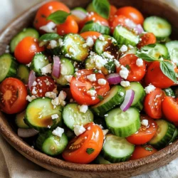 - 3 large ripe tomatoes, diced - 1 large cucumber, peeled and diced - 1/2 red onion, finely sliced - 1/4 cup fresh basil leaves, chopped - 2 tablespoons extra virgin olive oil - 1 tablespoon balsamic vinegar - 1 teaspoon honey - Salt and pepper to taste - Feta cheese, crumbled (optional) Fresh Tomato Cucumber Salad offers bright flavors and crisp textures. It shines with simple, fresh ingredients. You will want to use ripe tomatoes. They add sweetness and juiciness. Look for cucumbers that are firm and fresh. Their crunch enhances every bite. The red onion adds a nice sharpness. Basil brings a burst of freshness. For the dressing, I use extra virgin olive oil. It gives a fruity flavor that pairs well. Balsamic vinegar adds tang, while honey gives a hint of sweetness. If you like, add salt and pepper to taste. Feta cheese is optional but adds a creamy touch. To make this salad, gather these fresh ingredients. You can find the full recipe at the end of this section. Preparing this fresh tomato cucumber salad is a breeze. You can do it in just a few simple steps. - Dice tomatoes and cucumber: Start with three large, ripe tomatoes. Cut them into small cubes. Next, take one large cucumber. Peel it and dice it the same way. This gives the salad a nice crunch. - Finely slice red onion: Use half a red onion. Slice it thinly for a sharp flavor. The onion adds a nice bite to the salad. - Chop fresh basil leaves: Take a quarter cup of fresh basil leaves. Chop them finely. Basil adds a wonderful aroma and taste to the dish. - Whisk together olive oil, balsamic vinegar, honey, salt, and pepper: In a small bowl, mix two tablespoons of extra virgin olive oil with one tablespoon of balsamic vinegar. Add one teaspoon of honey. This will balance the acidity. Don’t forget to add salt and pepper to taste. Whisk everything until it blends well. - Mix the salad ingredients in a large bowl: Take a large mixing bowl. Combine your diced tomatoes, cucumber, sliced onion, and chopped basil. - Toss with dressing and optional feta: Pour your dressing over the salad. Gently toss everything together. If you like, add crumbled feta cheese for a salty kick. - Allow chilling if desired for better flavor: You can serve the salad right away. But if you let it chill in the fridge for about 15 minutes, the flavors will blend even better. You can find the full recipe details above. Enjoy your fresh tomato cucumber salad! Choose ripe tomatoes and fresh cucumbers for the best taste. Look for tomatoes that feel heavy and have a rich color. A good cucumber should be firm and smooth. If you can, pick organic ones. They often taste better and have fewer chemicals. Always wash your ingredients before using them to keep them clean. Serve your salad right after making it. This way, it will taste fresh and bright. If you want to chill it, place it in the fridge for about 15 minutes. Chilling can enhance the flavors. Enjoy it as a side dish or a light meal. It pairs well with grilled meats or fish. Consider adding herbs or spices to boost the flavor. Fresh herbs like parsley or mint can add a nice touch. You might also try a sprinkle of red pepper flakes for a kick. A squeeze of lemon juice can brighten the dish even more. Each addition can make the salad feel new and exciting. {{image_2}} You can make your salad even better. Add bell peppers, carrots, or radishes. These veggies bring a nice crunch and extra color. Try diced bell peppers for sweetness. Shredded carrots add a bit of earthiness. Thin slices of radishes give a peppery bite. Each one adds fun texture and taste. Switching up the dressing keeps things fresh. Try lemon juice for a zesty twist. Different types of vinegar can also change the flavor. Consider red wine or apple cider vinegar. You can even use agave nectar instead of honey. It adds sweetness without being too heavy. Each option gives your salad a new life. If you want to change the cheese, go for it! Swap feta for goat cheese for a creamier taste. Mozzarella is another great choice, adding a soft texture. Each cheese will change the salad’s character. Experiment and find what you love best. Mixing and matching is part of the fun! For the full recipe, check out the Fresh Tomato Cucumber Salad section. To keep your fresh tomato cucumber salad tasty, store it in an airtight container. The fridge is the best place for this salad. This will keep the flavors bright and the veggies crisp. You should eat the salad within 2-3 days. This ensures you enjoy the best taste and texture. After a few days, the vegetables may become soggy or lose their flavor. Freshness is key for this dish. Freezing this salad is not a good idea. The tomatoes and cucumbers lose their crunch when thawed. For the best experience, enjoy it fresh. Check out the Full Recipe to make it again soon! You can make this salad by following the simple steps highlighted in the Full Recipe above. Just chop your fresh veggies, mix them in a bowl, and add the dressing. It’s quick and easy! Yes, you can make this salad ahead of time. However, it’s best served fresh. The flavors blend nicely when you serve it right after making it. If you want a change, consider using goat cheese instead of feta. You can also omit cheese entirely if you prefer a lighter dish. You can add grilled chicken, chickpeas, or beans to boost the protein. These options keep the salad filling and tasty. This blog post covered a simple and tasty fresh tomato cucumber salad. We discussed key ingredients like ripe tomatoes, diced cucumbers, and fresh basil. You learned how to make a quick dressing with olive oil and balsamic vinegar. For the best flavor, serve it fresh or chill it. Don’t hesitate to try different veggies or cheeses. Enjoy this healthy salad as a side dish or light meal. You can easily prepare it in no time and impress your guests.